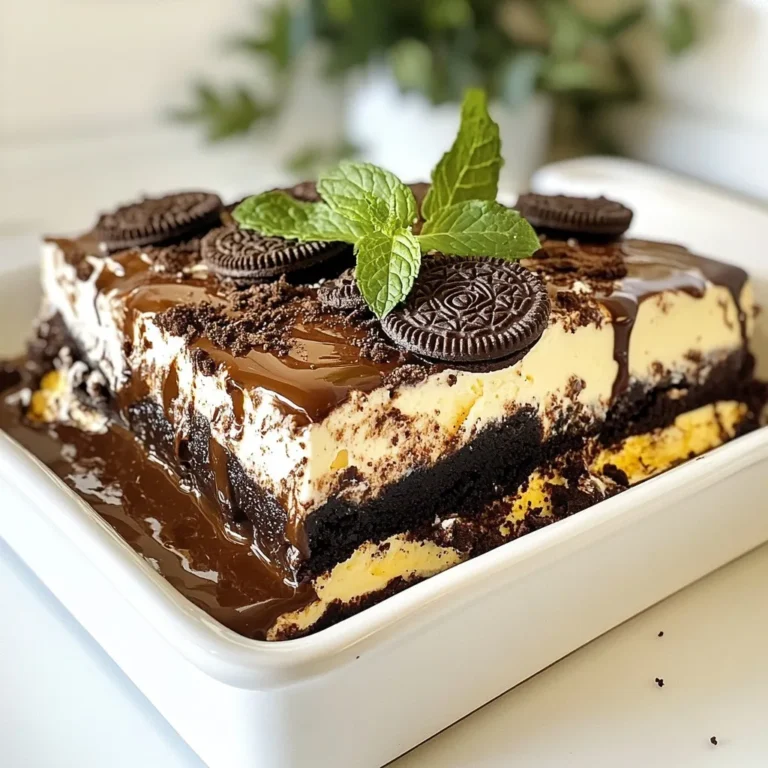 - 2 packs of Oreo cookies (regular or double stuffed) - 2 cups heavy whipping cream - 1 cup powdered sugar - 1 teaspoon vanilla extract - 1 cup chocolate syrup - 1 cup crushed Oreos (for garnish) - Fresh mint leaves (for decoration, optional) To make the Chocolate Oreo Icebox Cake, you need some simple ingredients. First, you will use Oreo cookies. You can choose regular or double stuffed. Both work great in this cake. Next, get heavy whipping cream. This is key for that creamy texture. You will also need powdered sugar. This makes the cream sweet and smooth. Vanilla extract adds a nice flavor, bringing all the tastes together. Chocolate syrup is important too. It adds richness and makes the cake taste amazing. For the finishing touch, gather some crushed Oreos for garnish. This adds a nice crunch. If you like, fresh mint leaves can be used for decoration. They look pretty and give a fresh taste. This list of ingredients is all you need to create a delightful no-bake treat. Enjoy gathering your supplies! {{ingredient_image_1}} 1. Mixing the whipped cream mixture In a large bowl, add 2 cups of heavy whipping cream, 1 cup of powdered sugar, and 1 teaspoon of vanilla extract. Use an electric mixer to whip the mixture. Mix on high until stiff peaks form. This takes about 3 to 5 minutes. 2. Layering the Oreos and whipped cream Grab an 8x8 inch baking dish. Dip each Oreo cookie in chocolate syrup quickly. Make sure they are coated but not soggy. Lay the dipped Oreos in a single layer at the bottom of the dish. Spread a layer of whipped cream over the Oreos. Smooth it out evenly. Repeat this process. Add another layer of dipped Oreos followed by whipped cream. Keep going until you run out of ingredients. Finish with a layer of whipped cream on top. 3. Refrigeration process Cover the dish with plastic wrap. Refrigerate it for at least 4 hours, or overnight for the best taste. This helps the flavors blend and the cookies soften. 1. Garnishing tips Before serving, sprinkle crushed Oreos on top for a crunchy finish. You can also add fresh mint leaves for a pop of color and flavor. 2. Presentation ideas Serve the cake in the dish for a casual look. For a fancier vibe, cut it into squares and place them on dessert plates. You could add a drizzle of chocolate syrup around the cake for an extra touch. To make your whipped cream perfect, you need the right texture. Start with cold heavy cream. Whip it until it forms stiff peaks. This means it should hold its shape well. It takes about 3-5 minutes at high speed. Don’t over-whip, or it will become butter! Layering is key for a great icebox cake. After dipping each Oreo in chocolate syrup, place them flat in your dish. Make sure they don't sit in the syrup too long. One layer of Oreos, then one layer of whipped cream. Repeat until you’re out of ingredients. Finish with whipped cream on top for a nice look. Soggy cookies can ruin your cake. To prevent this, dip your Oreos quickly in the chocolate syrup. They should be coated but not drenched. This helps keep them crisp while they chill. To ensure your cake holds its shape, let it chill properly. Refrigerate for at least 4 hours, or overnight. This helps the flavors blend and the cookies soften just right. If it falls apart, it may not have chilled long enough. Pro Tips Use Cold Ingredients: Ensure your heavy whipping cream is very cold before whipping. Cold cream whips better and holds its shape longer. Layering Technique: When dipping Oreos in chocolate syrup, do it quickly to prevent them from becoming too soggy. This helps maintain a nice texture. Chill Time: For the best flavor and texture, allow the cake to chill overnight. This gives the cookies ample time to soften and the flavors to meld. Garnishing Tips: For an elegant touch, use a microplane to create chocolate shavings as a garnish along with the crushed Oreos and mint leaves. {{image_2}} You can switch up the flavor with different Oreo cookies. Try mint, peanut butter, or even birthday cake Oreos. This change will give your icebox cake a fun twist. If you want a non-dairy version, swap heavy cream with coconut cream. Chill the coconut cream before whipping. This will give you a light and fluffy layer. For a fruity taste, add layers of fresh strawberries or bananas. Slice the fruit thin and place it between the Oreo layers. This adds color and freshness to your cake. You can also throw in chocolate chips or nuts for extra crunch. Sprinkle them over the whipped cream layers. This makes each bite exciting and adds a nice texture contrast. To keep your Chocolate Oreo Icebox Cake fresh, always store it in the fridge. Use plastic wrap to cover the dish. This helps to lock in moisture and flavors. The cake stays good for about 3 to 5 days in the refrigerator. After that, the Oreo cookies may become too soft. If you want to save some for later, you can freeze it. Cut the cake into slices for easy serving. Wrap each slice in plastic wrap, then place them in an airtight container. This way, they stay fresh for up to a month. When you are ready to eat, take the slice out of the freezer. Let it sit in the fridge for a few hours to thaw. This keeps the texture nice and creamy. Enjoy your tasty treat whenever you want! How do I make this recipe gluten-free? To make this recipe gluten-free, use gluten-free Oreo cookies. Many brands offer gluten-free options. Just check the packaging when you shop. Can I make this without a mixer? Yes, you can make this without a mixer. Use a whisk to beat the cream. It will take longer, but you can still achieve stiff peaks. What’s the best way to serve leftovers? Store leftovers in the fridge, covered, for up to three days. Serve chilled and enjoy the layers. You can add more crushed Oreos on top for extra crunch. Many who tried the recipe love its creamy texture and chocolate flavor. Some suggest using different flavored Oreos, like mint or peanut butter. This can add a fun twist to the cake. For ingredient swaps, some readers use coconut cream instead of heavy whipping cream for a dairy-free option. Others suggest using less sugar for a lighter taste. These changes keep the cake tasty while fitting different diets. You learned how to make a simple and tasty Oreo icebox cake. We discussed key ingredients, step-by-step instructions, and tips for perfecting it. We also explored fun variations and storage ideas. This cake is great for any occasion and sure to impress your friends and family. Now, it’s time to gather your ingredients and start creating this delightful dessert. Enjoy every bite!