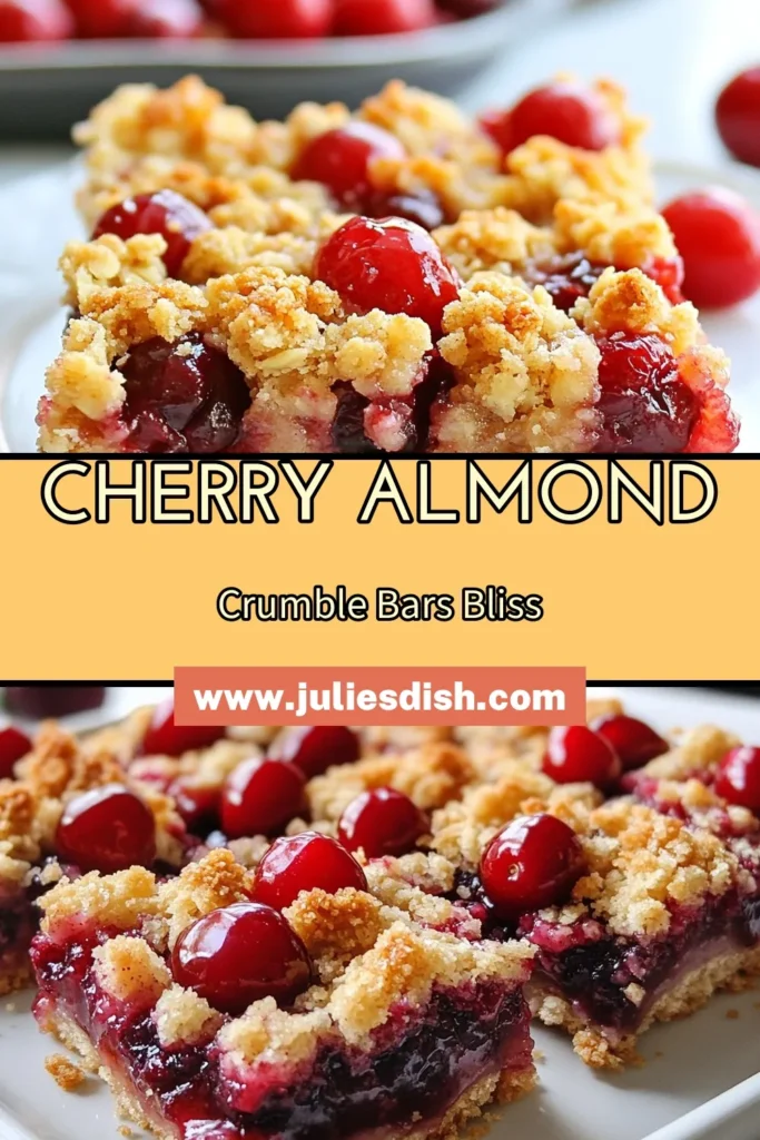 Indulge in these delicious Cherry Almond Crumble Bars that are perfect for any occasion! This easy crumble bars recipe combines fresh or frozen cherries with the delightful flavor of almond extract, resulting in irresistible cherry dessert bars. Make your own homemade cherry bars with simple ingredients in just under an hour. Perfect for sharing or enjoying on your own! Save this recipe for a sweet treat! #CherryAlmondCrumbleBars #CherryDessertBars #HomemadeCherryBars #AlmondExtractRecipes