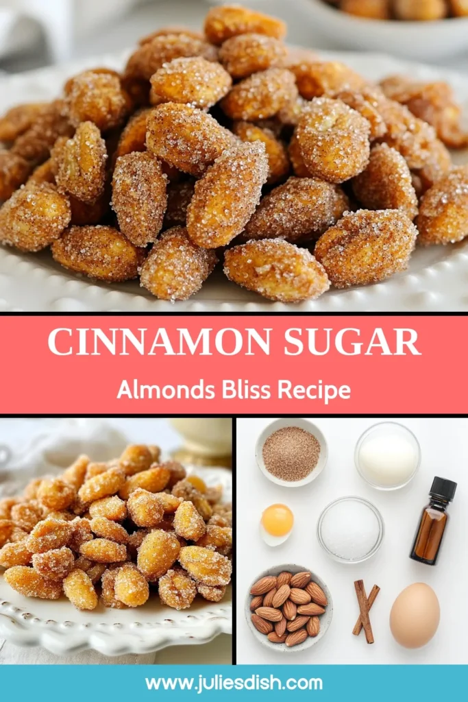 Discover the delightful taste of cinnamon sugar almonds with this easy almond recipe! Perfect for a healthy snack idea, these roasted almond snacks are coated in a sweet spiced sugar blend that makes them irresistibly crunchy. In just 30 minutes, you can create a delicious treat that's perfect for sharing or enjoying at home. Save this recipe for your next snack craving! #CinnamonSugarAlmonds #RoastedAlmondSnacks #EasyAlmondRecipes #HealthySnackIdeas