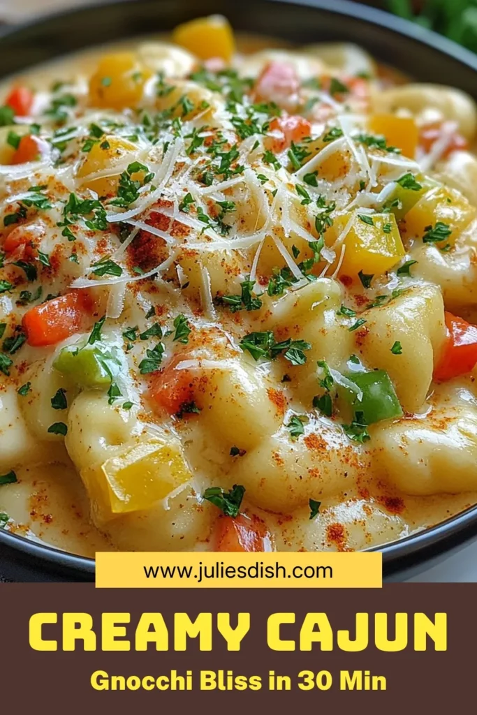 Savor the flavors of this Creamy Cajun Gnocchi recipe that's perfect for an easy gnocchi dinner! Made with Cajun gnocchi and heavy cream, this one-pan Cajun gnocchi recipe combines tender gnocchi and zesty ingredients for a homemade Cajun pasta experience. Ready in just 30 minutes, it’s an ideal weeknight meal. Don’t miss out on this deliciousness—save now and impress your family tonight! #CajunGnocchi #HomemadePasta #EasyDinner #PastaLovers