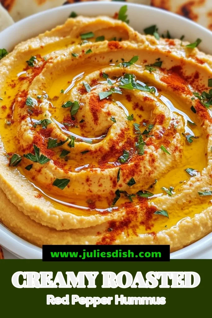 Discover how to make the best roasted red pepper hummus with this easy homemade hummus recipe. This healthy hummus dip is perfect for parties or snacking and is packed with flavor. Plus, it’s a great vegan dip recipe that everyone will love. Ready in just 10 minutes, this easy hummus recipe will become a staple in your kitchen. Click to save this delicious recipe! #RoastedRedPepperHummus #VeganDip #HealthySnacks #EasyHummusRecipe