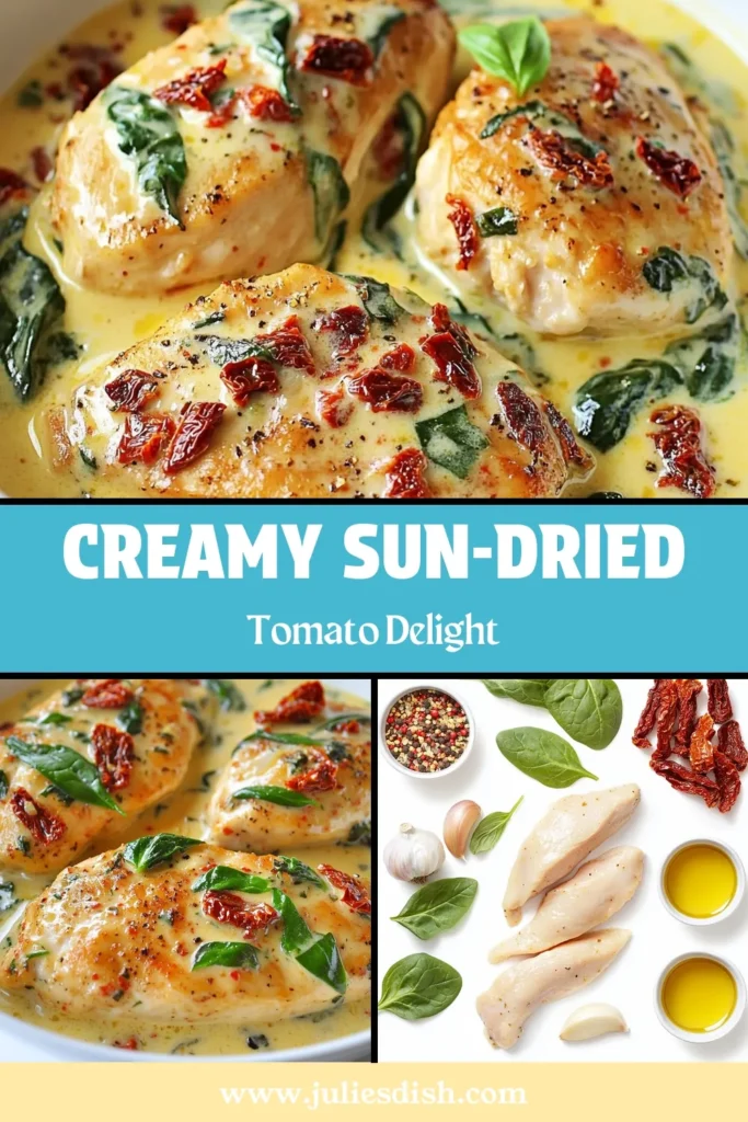Discover the deliciousness of Creamy Sun-Dried Tomato Chicken with this easy creamy chicken dinner recipe! Perfect for busy weeknights, this sun-dried tomato chicken recipe combines tender chicken breasts with a rich cream sauce and vibrant spinach. Impress your family with this one-pan chicken pasta recipe that’s packed with Italian flavors. Save this recipe to enjoy a taste of Italy tonight! #CreamySunDriedTomatoChicken #ItalianChickenRecipes #EasyDinner #OnePanRecipes