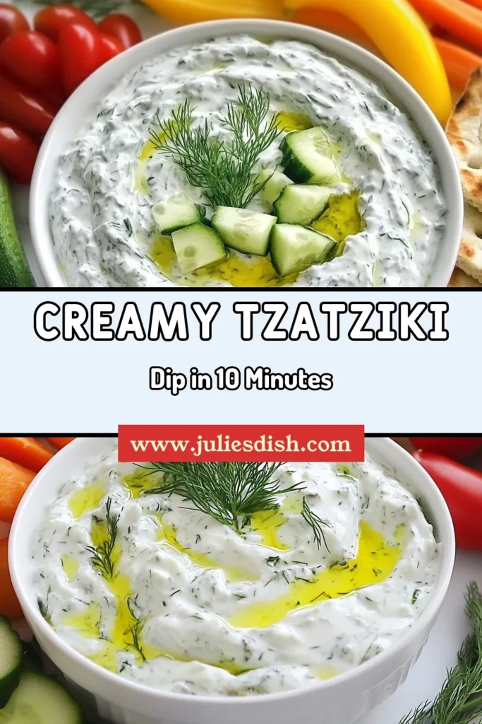 Discover the ultimate Greek Tzatziki Dip recipe that brings creamy tzatziki sauce to your table! This homemade tzatziki dip is not only delicious but also a healthy tzatziki yogurt dip perfect for any occasion. Made with fresh ingredients like cucumber, garlic, and dill, this Greek cucumber dip will elevate your appetizers. Ready in just 40 minutes, it’s ideal for parties or a quick snack. Try it today and enjoy a taste of Greece! #TzatzikiDip #HealthyRecipes #GreekFood #Appetizers