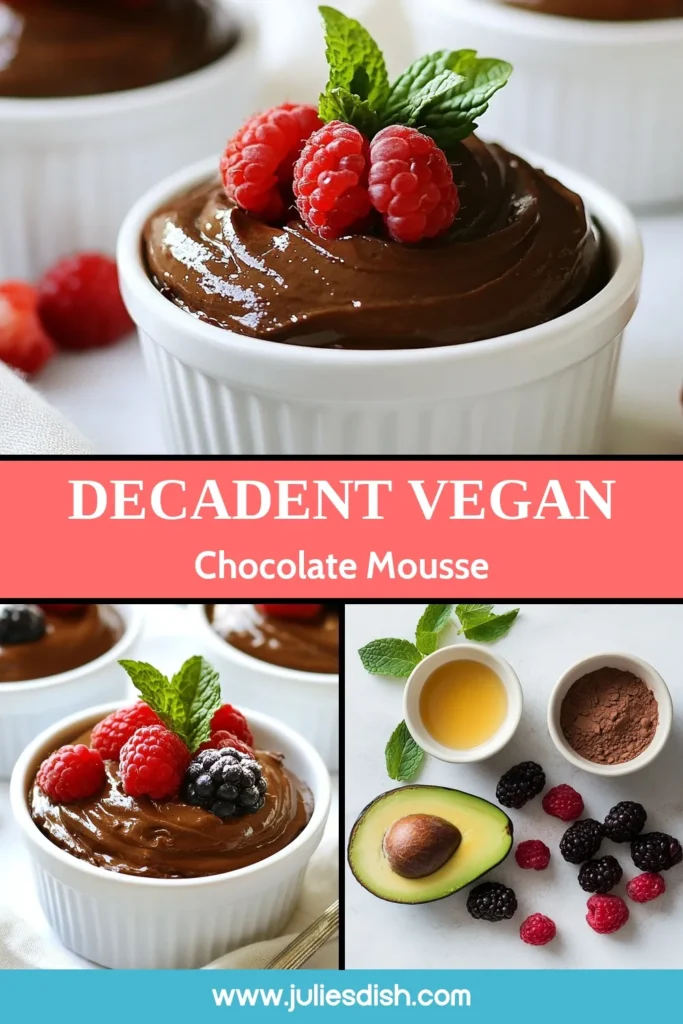 Indulge in this creamy vegan chocolate mousse made with ripe avocados for a healthy chocolate dessert that delights! This avocado dessert recipe is not only rich and velvety but also a guilt-free treat perfect for any occasion. Discover the simplicity of this plant-based chocolate recipe that will impress your friends and family. Try it today and enjoy a deliciously satisfying dessert! #VeganChocolateMousse #AvocadoDessert #HealthyDessert #PlantBasedChocolate