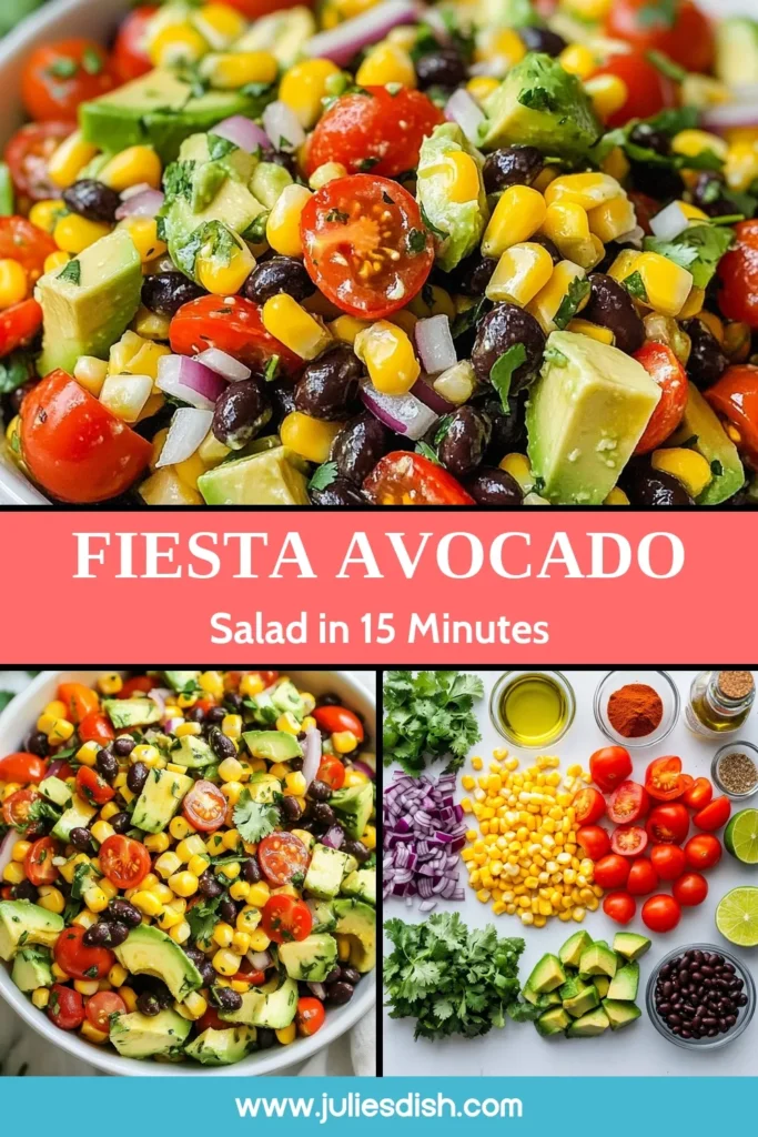 Discover the vibrant flavors of this Avocado Black Bean Salad, a perfect addition to your next gathering! This Vegan Fiesta Salad Recipe is not just easy to make but also a Healthy Avocado Salad packed with nutritious ingredients like black beans and corn. Enjoy this Fresh Avocado Recipe as a refreshing side or main dish. Try it today and elevate your meals! Save this recipe for later! #AvocadoBlackBeanSalad #HealthyEating #VeganRecipes #SaladIdeas