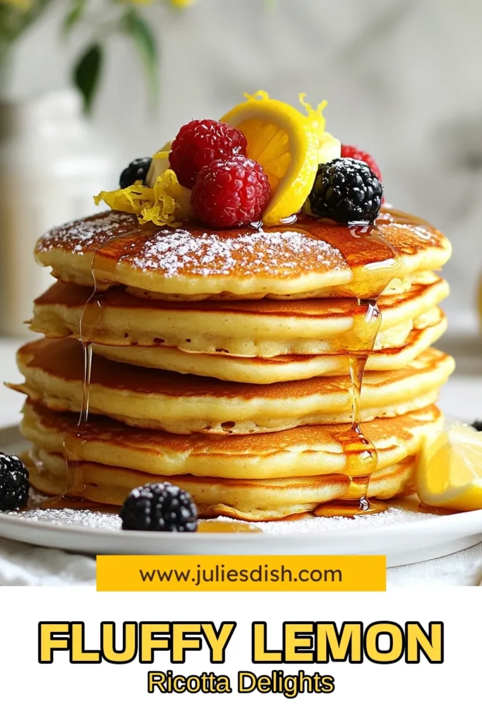 Enjoy a delightful start to your day with these Lemon Ricotta Pancakes! This easy pancake recipe combines creamy ricotta and zesty lemon for fluffy lemon pancakes that are sure to impress. Serve them warm with fresh berries and maple syrup for a delicious treat. Check out this Ricotta Pancake Recipe today and elevate your breakfast game! Save this recipe to make your mornings brighter! #LemonRicottaPancakes #FluffyLemonPancakes #PancakesWithBerries #EasyPancakeRecipe