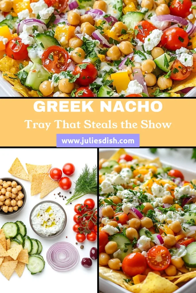 Indulge in this delicious Greek nachos recipe with our Loaded Greek Nacho Tray! Perfect for your next gathering, this pita chips appetizer features crispy pita chips topped with chickpeas, fresh veggies, and creamy feta cheese nachos drizzled with tzatziki. It's a crowd-pleaser that's easy to make and completely satisfying. Don't miss out on this tasty twist on nachos. Try it today and save the recipe! #GreekNachos #LoadedNachos #PitaChips #ChickpeaNachos