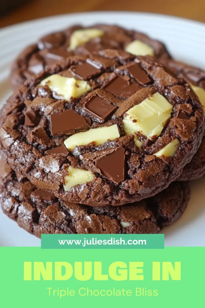 Indulge in these decadent triple chocolate cookies, a delightful fusion of brownie and cookie! This easy brownie cookies recipe features rich chocolate flavors from semi-sweet chocolate chips, white chocolate chips, and dark chocolate chunks. Perfect for any chocolate lover, these baked chocolate treats will satisfy your cravings. Save this chocolate chip cookie recipe for a sweet treat that everyone will adore. Try it today! #TripleChocolateCookies #BrownieCookiesRecipe #EasyBrownieCookies #BakedChocolateTreats