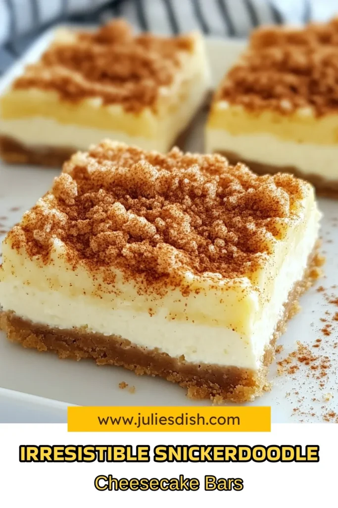 Indulge in these delightful Snickerdoodle Cheesecake Bars, an easy cheesecake dessert recipe that’s perfect for any occasion! With a creamy cinnamon cheesecake filling nestled between layers of soft snickerdoodle, this cream cheese snickerdoodle recipe will be a hit at your next gathering. Simple to make and irresistibly delicious, these layered dessert bars are a must-try. Save this recipe now for a sweet treat! #SnickerdoodleCheesecakeBars #EasyDessertRecipe #CinnamonCheesecakeBars #LayeredDessertBars