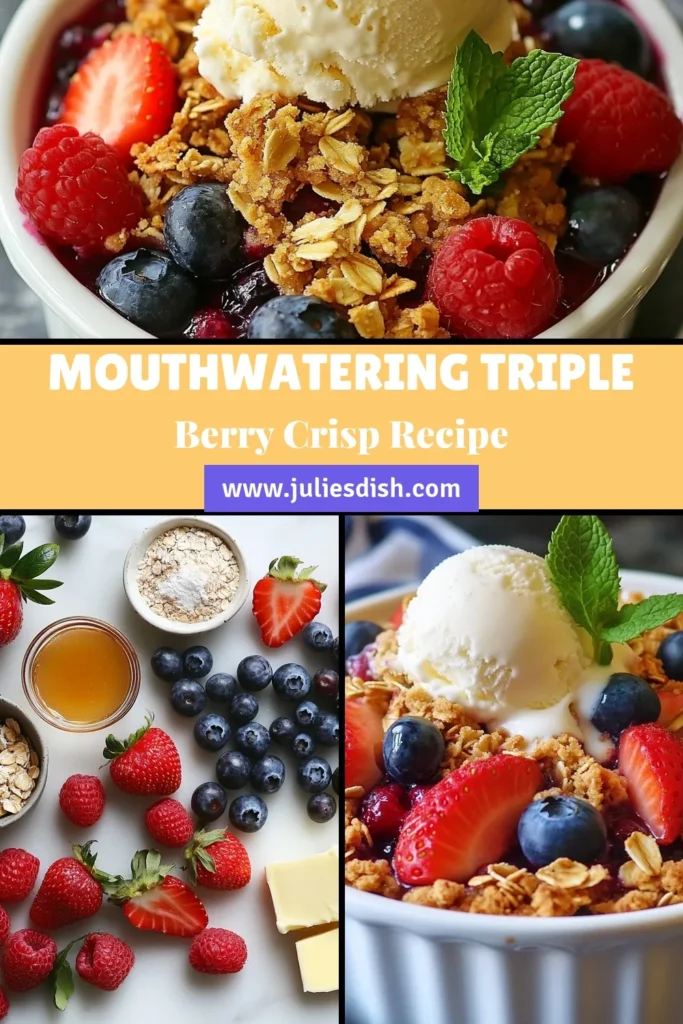 Indulge in this delicious triple berry crisp recipe that combines strawberries, blueberries, and raspberries for a mouthwatering berry crisp dessert. This easy fruit crisp is perfect for any occasion and features a crunchy oatmeal berry crumble topping. Baked to perfection, it's a delightful baked berry dessert that everyone will love. Save this recipe for a sweet treat you won't forget! #BerryCrisp #DessertRecipes #FruitCrisp #BakingIdeas