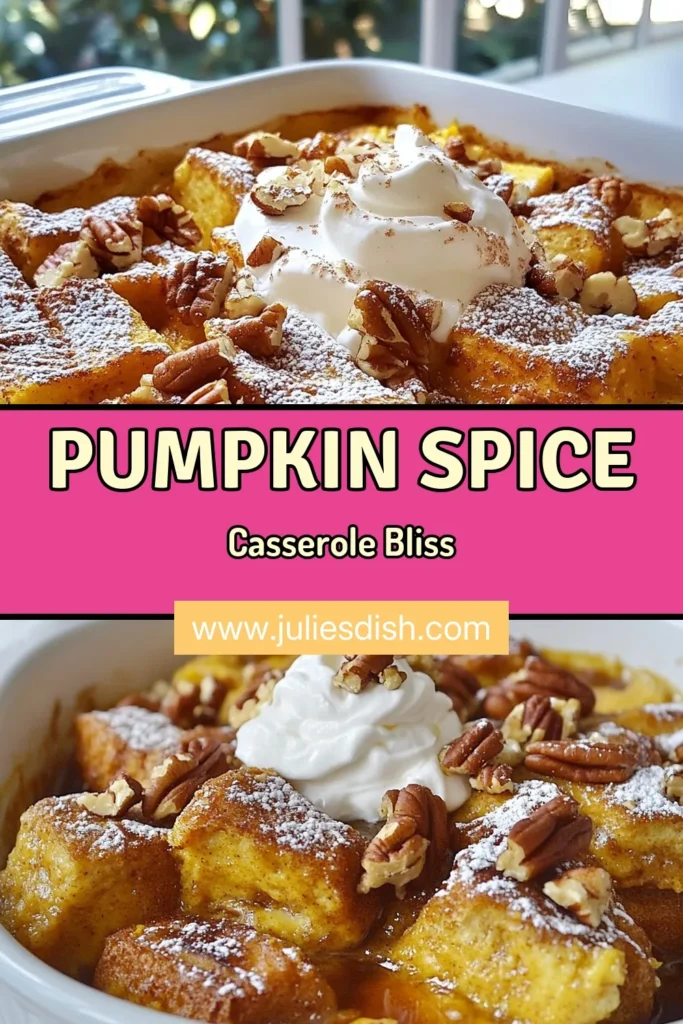Looking for a delicious way to celebrate fall? Try this Pumpkin Spice French Toast Casserole! This easy pumpkin casserole recipe is perfect for cozy breakfasts or festive fall brunch recipes. Made with pumpkin puree and warm spices, it’s a delightful breakfast casserole with pumpkin that will impress your guests. Don’t miss out on these tasty pumpkin spice breakfast ideas. Save this recipe now! #PumpkinSpice #BreakfastCasserole #FallRecipes #BrunchIdeas