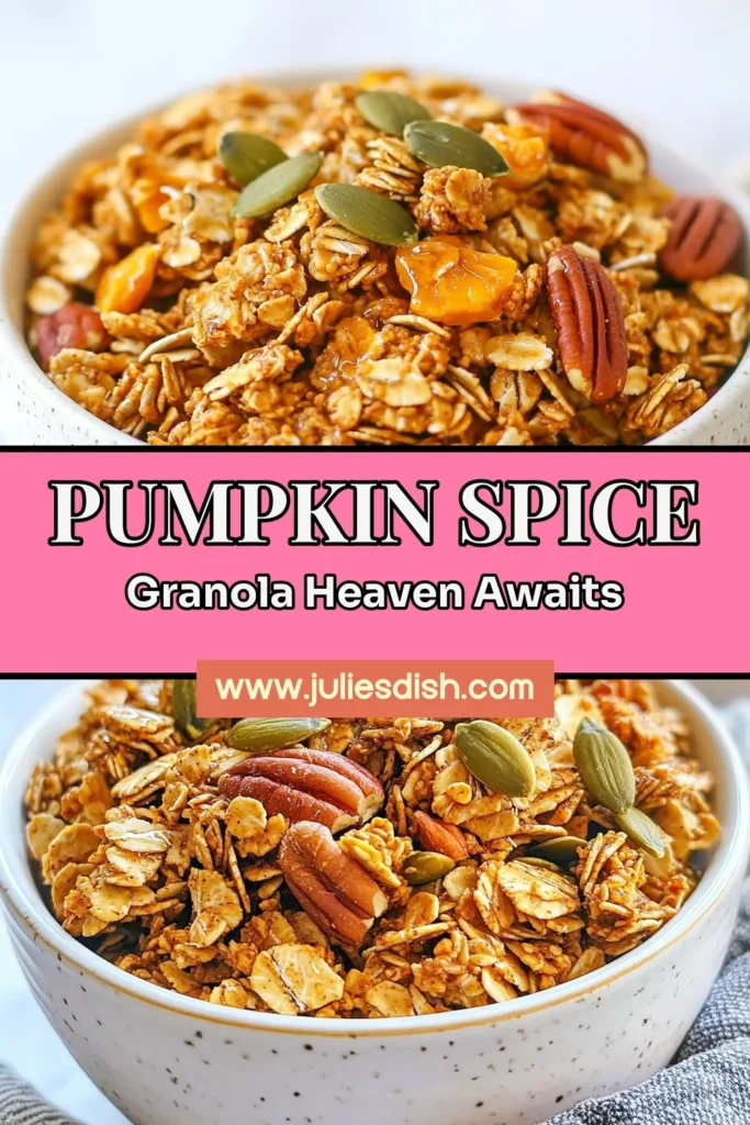 Discover the perfect fall treat with this homemade pumpkin spice granola recipe! This easy pumpkin granola combines rolled oats, pumpkin seeds, and warm spices for a healthy pumpkin granola that’s packed with flavor. Enjoy it as a snack, topping for yogurt, or a breakfast delight. With just a few simple ingredients and steps, you’ll have a delicious fall-flavored granola ready in no time. Try it out today! #PumpkinSpiceGranola #HealthyRecipes #Granola #FallFlavors