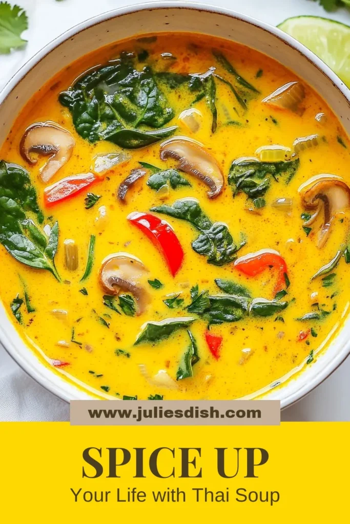 Warm up with this delicious Spicy Thai Coconut Soup! This easy coconut milk soup combines creamy coconut milk with vibrant red curry broth for a vegetarian spicy soup that's perfect for any occasion. Follow this Thai coconut soup recipe for a flavorful, quick meal that delights your taste buds. Ready to impress your friends and family? Save this recipe now! #SpicyThaiCoconutSoup #ThaiCoconutSoupRecipe #VegetarianSpicySoup #EasyCoconutMilkSoup