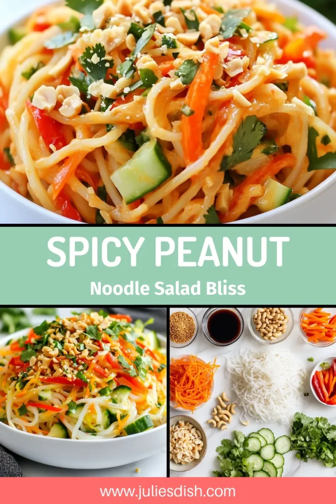 Discover the perfect summer dish with this Spicy Peanut Noodle Salad! This vegan peanut salad combines rice noodles with fresh veggies for a deliciously healthy noodle dish. Quick and easy to make, it's the ideal cold noodle salad for warm days. Whether you're meal prepping or hosting friends, this rice noodle salad recipe is sure to impress. Try it today and save for later! #SpicyPeanutNoodleSalad #VeganRecipes #HealthyEating #ColdNoodles