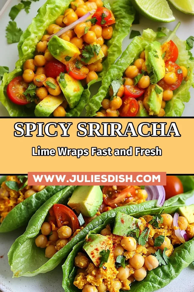 Looking for a delicious and healthy meal? Try these Sriracha Lime Chickpea Wraps! This lime chickpea recipe packs a spicy punch with protein-rich chickpeas, fresh veggies, and creamy avocado. Perfect as vegan lettuce wraps or a tasty spicy chickpea salad, these wraps are the ultimate healthy wraps recipe for lunch or dinner. Get ready to impress your taste buds! Save this recipe for your next meal! #SrirachaChickpeaWraps #VeganRecipe #HealthyEating #ChickpeaSalad