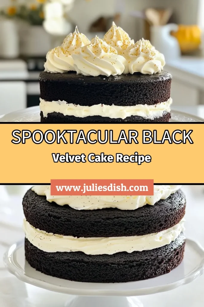 Get ready to wow your guests with this delicious Black Velvet Halloween Cake! This easy Halloween dessert combines rich flavors with spooky cake decorations for a treat that's both frightfully fun and irresistible. Perfect for any Halloween gathering, this black cake recipe is simple to follow and sure to impress. Try this Halloween cake recipe today and elevate your festivities. Save this recipe for a hauntingly good time! #HalloweenDesserts #BlackVelvetCake #HalloweenRecipes #SpookyTreats