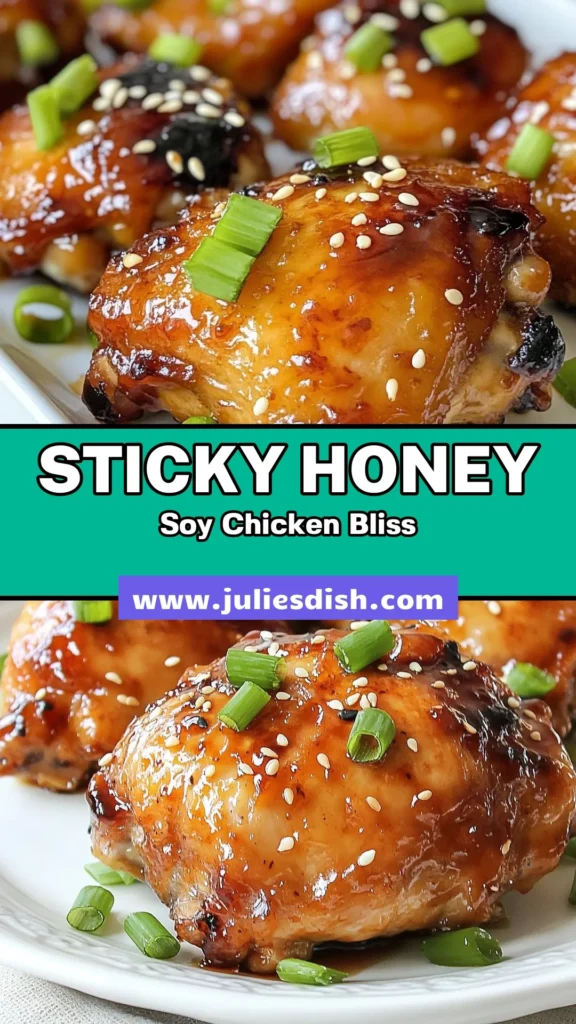 Get ready to savor the flavors of Sticky Honey Soy Chicken! This easy honey soy chicken recipe features baked chicken thighs marinated in a deliciously tangy and sweet glaze. Perfect for busy weeknights, this Asian chicken recipe is sure to impress. Marinate, bake, and enjoy juicy chicken with a sticky finish. Click for the full recipe and save it for your next dinner! #HoneySoyChicken #EasyChickenMarinade #AsianChickenRecipes #BakedChickenThighs