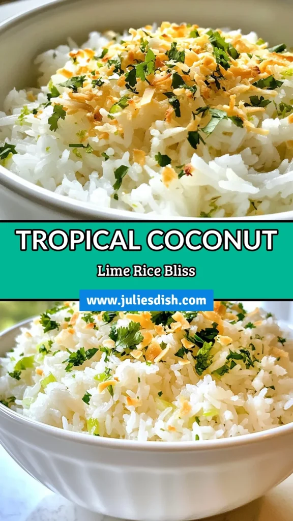 Discover the perfect coconut lime rice recipe that combines lush jasmine rice with coconut milk for a delightfully tropical rice dish. This easy coconut rice is infused with zesty lime, making it the ideal addition to any meal. Serve it garnished with fresh cilantro and toasted coconut flakes for an eye-catching touch. Try this delicious recipe today and elevate your next dinner! Save this for your cooking inspiration! #CoconutLimeRice #EasyCoconutRice #TropicalRiceDish #JasmineRiceRecipes
