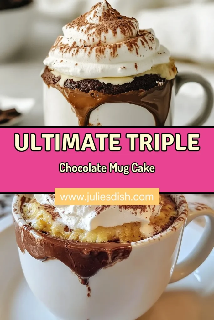 Indulge in the rich flavors of this easy triple chocolate mug cake! Perfect for a quick chocolate fix, this microwave mug cake recipe is ready in just minutes. With layers of chocolate goodness from semi-sweet, white, and dark chocolate chips, this chocolate dessert recipe will satisfy any sweet tooth. Try this quick chocolate cake today and impress your friends! Save this recipe for your next dessert craving! #ChocolateLovers #MugCake #DessertRecipe #QuickRecipes