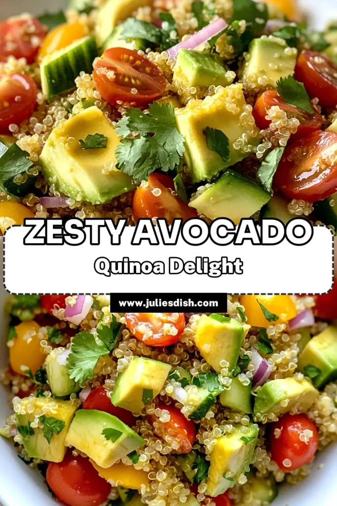 Discover the fresh flavors of this Avocado Lime Quinoa Salad! Packed with nutrition, this Lime Quinoa Salad features creamy avocado, crunchy vegetables, and zesty lime, making it a perfect dish for anyone seeking Healthy Quinoa Recipes. Enjoy this Vegan Avocado Salad as a light meal or a vibrant side. Make this delicious Quinoa Salad with Vegetables for your next gathering. Try it today and uplift your meals! #HealthyEating #VeganRecipes #QuinoaSalad #FreshSalads