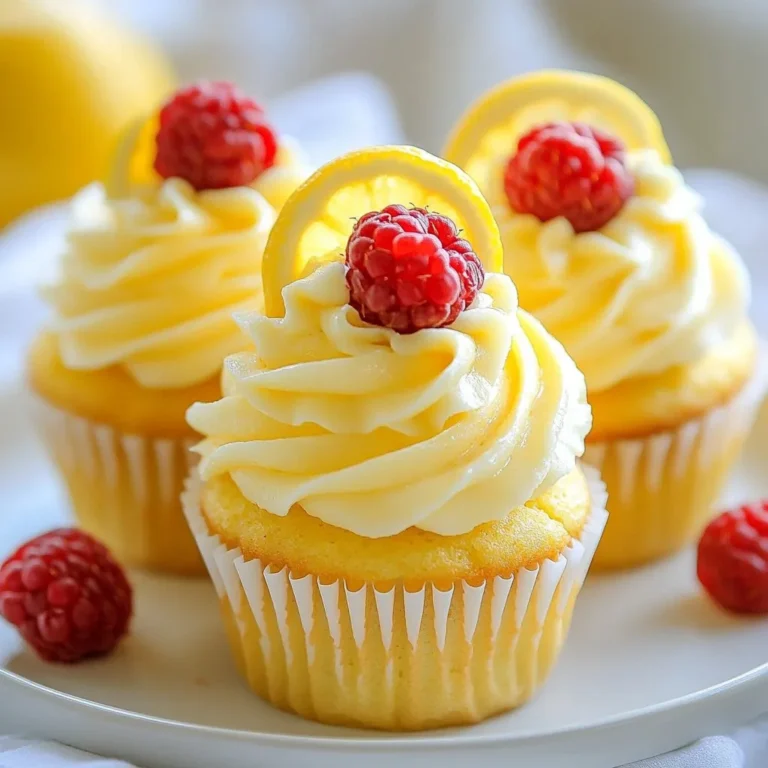 - 1 ½ cups all-purpose flour - ½ cup unsalted butter, softened - 1 cup granulated sugar - 2 large eggs - ½ cup fresh raspberries To make these cupcakes, start with all-purpose flour. This gives them the right texture. Using unsalted butter keeps the flavor balanced. Granulated sugar adds sweetness, while eggs provide structure. Fresh raspberries bring a burst of flavor and a lovely color. - 1 cup unsalted butter, softened - 4 cups powdered sugar - 2 tablespoons lemon juice - 1 tablespoon lemon zest - 1 tablespoon heavy cream (optional) For the frosting, you need unsalted butter again for that creamy base. Powdered sugar sweetens the frosting and gives it a smooth texture. Lemon juice and zest give that fresh lemonade taste. You can add heavy cream if you want a lighter frosting. - Muffin pan - Cupcake liners - Electric mixer - Mixing bowls You will need a muffin pan to bake the cupcakes. Cupcake liners help keep the cupcakes clean and easy to serve. An electric mixer makes mixing quick and easy. Mixing bowls are essential to combine all your ingredients smoothly. {{ingredient_image_1}} First, preheat your oven to 350°F (175°C). Line a 12-cup muffin pan with cupcake liners. This helps the cupcakes bake evenly and makes cleanup easy. Next, mix the dry ingredients. In a medium bowl, whisk together 1 ½ cups of all-purpose flour, 1 teaspoon of baking powder, ½ teaspoon of baking soda, and ¼ teaspoon of salt. Set this mixture aside. Now, cream the butter and sugar. In a large bowl, beat ½ cup of softened unsalted butter with 1 cup of granulated sugar until light and fluffy. This should take about 3 to 4 minutes. After creaming, add the eggs and flavorings. Crack 2 large eggs into the mixing bowl, adding them one at a time. Mix well after each egg. Then, add 1 teaspoon of vanilla extract and the zest of 1 lemon. This adds a nice, fresh flavor. Now, alternate adding the dry ingredients with buttermilk. Start by adding part of the dry mix, followed by ½ cup of buttermilk. Keep alternating until all ingredients are combined. Always start and end with the dry mix. Next, fold in the raspberries and lemon juice. Gently add ½ cup of fresh raspberries and 1 tablespoon of freshly squeezed lemon juice. Be careful not to crush the berries while folding them into the batter. Now it’s time to fill the cupcake liners. Divide the batter evenly among the prepared liners. Fill each about two-thirds full to allow room for rising. Bake the cupcakes in the preheated oven for 18 to 20 minutes. They are done when a toothpick inserted into the center comes out clean. After baking, let the cupcakes cool. Allow them to sit in the pan for 5 minutes. Then, transfer them to a wire rack to cool completely. This cooling step is key for frosting later. To get the right cupcake texture, avoid overmixing your batter. Mix just until the ingredients blend. This keeps the cupcakes light and fluffy. Use proper measuring techniques for the flour and sugar. Spoon the flour into a measuring cup and level it off. This step ensures you don’t add too much flour. The frosting needs the right consistency. It should be smooth but thick enough to hold its shape. Start with softened butter and beat it well before adding sugar. If your frosting is too thick, add a small splash of heavy cream. For frosting, use a piping bag for clean lines. It helps create a beautiful design. Garnish your cupcakes with fresh raspberries for a pop of color. You can place one on top of each cupcake. For creative frosting techniques, try using different tips when piping. Swirls and rosettes make the cupcakes look fancy. You can also sprinkle some lemon zest on top for extra flair. Pro Tips Use Fresh Ingredients: The quality of your raspberries and lemons can greatly affect the flavor of your cupcakes. Always opt for fresh, ripe fruits for the best results. Don’t Overmix the Batter: When combining the wet and dry ingredients, mix just until combined to keep the cupcakes light and fluffy. Overmixing can lead to dense cupcakes. Cool Completely Before Frosting: Make sure your cupcakes are completely cool before adding the frosting. This ensures that the frosting doesn’t melt and maintains its shape. Experiment with Flavor: Feel free to add a splash of raspberry puree to the frosting for an extra burst of flavor or adjust the lemon juice to your taste preference. {{image_2}} You can change up the flavor of your cupcakes by adding other berries. Strawberries, blueberries, and blackberries work great. Just swap in fresh berries for a fun twist. You can also change the frosting flavors. Try adding some lime juice for a zesty kick or mix in cream cheese for a richer taste. This gives your cupcakes a new look and flavor. If you want gluten-free cupcakes, use a gluten-free flour mix. Many brands work well in baking. For a vegan option, replace the eggs with flax eggs or applesauce. Use almond or coconut milk instead of buttermilk. These swaps keep your cupcakes tasty and friendly for different diets. To make mini cupcakes, fill each liner only halfway. Bake them for about 12-15 minutes. For larger cupcakes, fill the liners more and bake for 20-25 minutes. Always check for doneness with a toothpick. Adjusting size changes baking times, so keep an eye on them while they bake. For short-term storage, keep your cupcakes in an airtight container. This helps keep them fresh for about three days. Place them at room temperature, away from sunlight. If you want to store them longer, freezing is a great option. Wrap each cupcake in plastic wrap. Then, place them in a freezer-safe bag. They can last up to three months in the freezer. When ready to eat, let them thaw in the fridge overnight. To keep your frosting fresh, store it in an airtight container. You can keep it in the fridge for up to a week. If you need to store cupcakes with frosting, it's best to frost them just before serving. If you must store them frosted, use a container that won't crush the frosting. Place wax paper between the layers to avoid sticking. For the best quality, eat your cupcakes within three days if stored at room temperature. When frozen, they can last for three months without losing flavor. Signs of spoilage include a dry texture or a sour smell. If you see mold or discoloration, it’s time to toss them. Always trust your senses when checking for freshness! Yes, you can use frozen raspberries. They work well, but thaw them first. Thawed raspberries can be softer, so fold them in gently to avoid mush. Fresh raspberries give a better texture and flavor, but frozen can save you time. To boost lemon flavor, add more lemon zest to the batter. You can also increase the lemon juice in the frosting. Try adding a bit of lemon extract for an extra kick. This will make the cake taste bright and fresh. All-purpose flour is best for cupcakes. It gives a nice balance of texture and rise. You can also use cake flour for lighter cupcakes. It has less protein, which makes cupcakes fluffier. Avoid using bread flour, as it will make them too dense. Yes, you can make the frosting ahead of time. Store it in an airtight container in the fridge. Just give it a good stir before using. If it’s too thick, add a little cream to loosen it up. This way, you save time on baking day! You now have a complete guide to making delicious cupcakes with lemonade frosting. We covered the key ingredients, easy steps, and helpful tips. Remember to measure carefully and avoid overmixing for the best texture. Get creative with flavors or sizes, and don’t hesitate to store leftovers properly. Baking can be fun and rewarding. Enjoy your tasty treats and impress your friends and family with your new skills!