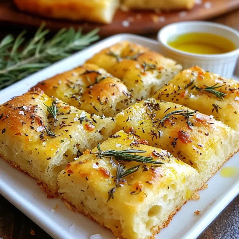 - 4 cups all-purpose flour - 2 teaspoons active dry yeast - 1 tablespoon sugar - 1 ½ cups warm water - 1 teaspoon salt - ¼ cup olive oil - 1 tablespoon fresh rosemary - 1 tablespoon fresh thyme - 5 cloves garlic - Coarse sea salt To make a great focaccia, you need the right ingredients. The flour gives the bread its structure. Yeast helps it rise and become soft. Sugar feeds the yeast, making it active. Warm water activates the yeast. Salt enhances flavor and controls yeast growth. Olive oil adds richness and moisture. Fresh herbs and garlic give it that amazing taste. - Additional herbs (e.g. oregano, basil) - Toppings (e.g. cherry tomatoes, olives) - Cheese options (e.g. parmesan, mozzarella) You can mix things up by adding more herbs or toppings. Oregano or basil can add a nice twist. Cherry tomatoes and olives can give it a burst of flavor. Cheese like parmesan or mozzarella can make it even better. {{ingredient_image_1}} 1. Activate the yeast: Start by mixing 2 teaspoons of active dry yeast and 1 tablespoon of sugar in 1 ½ cups of warm water. Let it sit for 5 to 10 minutes. You’ll see bubbles form on top. This shows the yeast is alive. 2. Prepare the dough: In a large bowl, add 4 cups of all-purpose flour and 1 teaspoon of salt. Make a well in the center. Pour in the frothy yeast mixture and ¼ cup of olive oil. 3. Knead until smooth: Use a wooden spoon to mix the dough until it becomes shaggy. Then, place it on a floured surface. Knead the dough for 5 to 7 minutes. You want it to feel smooth and elastic. 1. First rise (1 hour): After kneading, place the dough in a lightly greased bowl. Cover it with a damp cloth. Let it rise in a warm spot for 1 hour, or until it doubles in size. 2. Second rise (30 minutes): Once the dough has risen, punch it down gently to release air. Transfer it to a greased baking pan, about 13x9 inches. Stretch the dough to fit the pan. Use your fingertips to make dimples all over the top. Cover it again and let it rise for another 30 minutes. 1. Preheat oven: While the dough is rising for the second time, preheat your oven to 400°F (200°C). This ensures your focaccia bakes evenly. 2. Bake until golden brown: After the second rise, mix minced garlic, chopped rosemary, and thyme. Spread this mixture over the dough, drizzle with olive oil, and sprinkle coarse sea salt. Bake for 20 to 25 minutes. You want it golden brown and crispy on the edges. Enjoy the warm, fragrant aroma! To make great focaccia, start with kneading. Knead the dough for about 5-7 minutes. This helps develop gluten, which gives your bread a nice texture. You want the dough to feel smooth and elastic. If it sticks to your hands, just add a bit more flour. Rising is key. After kneading, let the dough rise in a warm spot. Cover it with a damp cloth for about 1 hour. This helps the dough double in size. For the best results, check that your yeast is fresh and active. Don’t skip the dimples! Use your fingertips to make deep dimples on the dough. This helps hold the olive oil and herbs. The oil adds flavor and keeps the bread moist. Drizzle more olive oil on top before baking. It creates a crispy crust. Focaccia is great on its own, but you can make it even better. Slice it into squares and serve it warm. A small bowl of olive oil for dipping is a must. You can also add balsamic vinegar for extra flavor. Fresh herbs make a lovely garnish. You can sprinkle extra rosemary or thyme on top for a vibrant look. This adds a nice touch and enhances the aroma. Sometimes, dough won't rise. This can happen if the yeast is old or the water is too hot. Always use warm water around 110°F. If the dough doesn’t rise, try to warm the area. If your focaccia is undercooked, check oven temperature. Make sure your oven is preheated to 400°F. You may need to bake it longer if it looks pale. A golden crust means it’s done. Always let it cool slightly before slicing. Pro Tips Use Fresh Herbs: Fresh herbs like rosemary and thyme enhance the flavor of focaccia. Opt for organic herbs for the best taste. Control Dough Temperature: Ensure your water is at the right temperature (110°F or 43°C) to activate the yeast effectively without killing it. Dimples Matter: Making dimples in the dough not only creates a beautiful texture but also holds the garlic and herb oil, infusing more flavor. Let it Rise: Don't rush the rising process; allowing the dough to rise properly results in a lighter, airier focaccia. {{image_2}} You can change the taste of your focaccia. Use different herbs like chives or sage. These herbs add unique flavors. You can also add spices. Red pepper flakes give a nice kick. Try mixing herbs and spices to find your favorite combo. If you need gluten-free options, use a gluten-free flour blend. Make sure it has a good structure. For a vegan focaccia, swap the honey for maple syrup. This keeps the sweetness without using animal products. Get creative with toppings! Use seasonal vegetables like bell peppers or zucchini. These add color and nutrition. Cheeses like parmesan or mozzarella also work well. You can even spread hummus or pesto on top for extra flavor. Store your herb garlic focaccia at room temperature. Place it in a bread box or a paper bag. This keeps it fresh for up to two days. If you use plastic, it may become soft. To freeze your focaccia, wrap it tightly in plastic wrap. Then, place it in a freezer bag. It stays good for up to three months. When you are ready to eat it, thaw it overnight in the fridge. To reheat, preheat your oven to 350°F (175°C). Place the focaccia on a baking sheet. Heat for about 10-15 minutes. This brings back its warm, crispy edges. To keep your focaccia fresh longer, store it away from direct sunlight. Use a bread box or a cloth bag for better air circulation. If you plan to eat it later, slice only what you need. This helps maintain its texture and flavor. To store homemade focaccia, you can use a few methods. First, let the bread cool completely. Then, wrap it tightly in plastic wrap or aluminum foil. This helps keep it fresh. You can also place it in a zip-top bag. Store it at room temperature for up to three days. If you want to keep it longer, place it in the fridge. Just note that this may change the texture a bit. Yes, you can freeze focaccia bread! To do this, first cool the bread completely. Then, wrap it tightly in plastic wrap. After that, place it in a freezer bag. Label it with the date so you remember when you froze it. To thaw, take it out and leave it at room temperature for a few hours. You can also warm it in the oven for a few minutes to make it fresh again. Focaccia is different from regular bread mainly in its preparation and ingredients. Focaccia uses more oil, which makes it rich and soft. The dough also rests longer, allowing it to rise more. Unlike many breads, focaccia has dimples on top, which hold oil and toppings. This gives it a unique texture and flavor. To make focaccia crispy, focus on a few key tips. First, use a good amount of olive oil. This helps create a crisp crust. Next, bake it at a high temperature, around 400°F (200°C). This helps the edges brown nicely. Finally, let it cool on a wire rack. This prevents steam from making it soggy. Making focaccia is simple and fun. You learned about the key ingredients, like flour, yeast, and herbs. I shared tips for kneading and rising to create the best bread. You also saw many ways to customize your focaccia with toppings and flavors. In closing, making focaccia at home brings joy and deliciousness. With a few ingredients and steps, you can enjoy warm, fresh bread. Now, it’s time to gather your ingredients and bake your own focaccia!