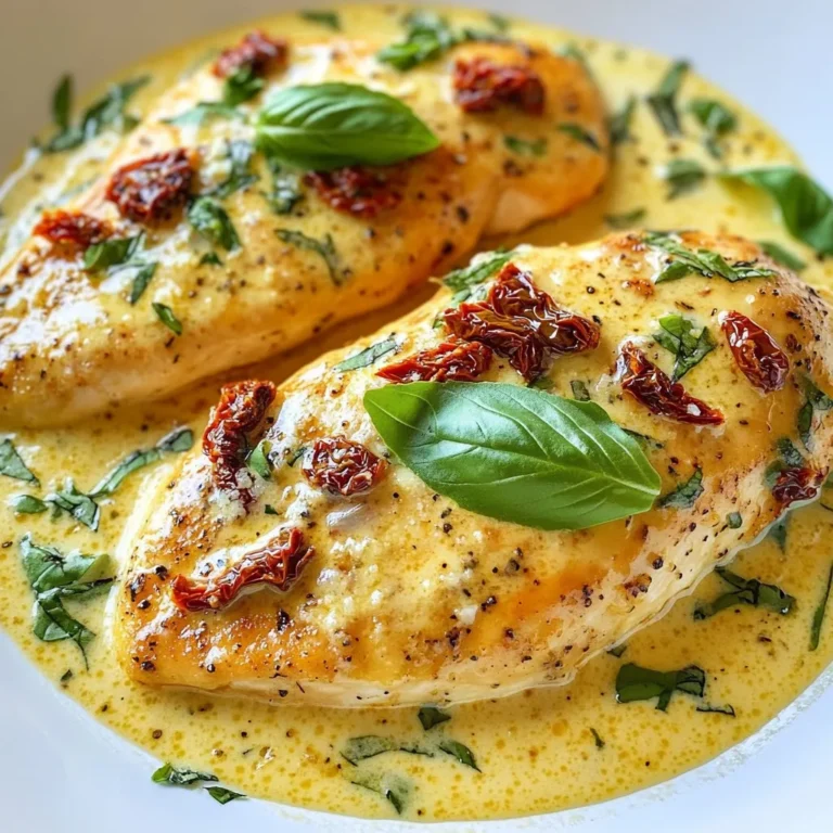 - 4 chicken breasts - Salt and pepper to taste - 2 tablespoons olive oil - 1 cup sun-dried tomatoes (in oil) - 3 cloves garlic, minced - 1 cup heavy cream - 1 cup chicken broth - 1 teaspoon dried basil - 1 teaspoon dried oregano - ½ cup grated Parmesan cheese - Fresh basil leaves for garnish - Chicken Breasts: You can use thighs for more flavor. - Sun-Dried Tomatoes: Use dried tomatoes if you prefer. Just soak them in water. - Olive Oil: Any cooking oil works, but olive adds great taste. - Heavy Cream: Substitute with half-and-half for a lighter sauce. - Parmesan Cheese: Use Pecorino Romano for a sharper flavor. - Herbs: Fresh basil and oregano can swap dried herbs for more freshness. - Large skillet: A non-stick skillet works well for easy cooking. - Tongs: Use tongs to flip the chicken easily. - Measuring cups and spoons: Ensure accuracy for the best taste. - Knife and cutting board: Essential for chopping garlic and tomatoes. - Ladle or spoon: Great for serving the creamy sauce over chicken. This dish is simple yet packed with flavor. The ingredients come together to create a delightful meal that everyone will love. {{ingredient_image_1}} Start by grabbing the chicken breasts. Season them with salt and pepper on both sides. This step is key. It adds flavor before cooking. Make sure each piece is well-coated. Next, heat olive oil in a large skillet over medium-high heat. Once hot, add the seasoned chicken breasts. Sear them for about 5-7 minutes on each side. Look for a golden-brown color. This gives the chicken a nice crust. Once cooked through, remove the chicken from the skillet and set it aside. In the same skillet, add minced garlic. Sauté it for about 30 seconds until it smells amazing. Then, add the sun-dried tomatoes, including some oil. Cook them for another 2 minutes. Stir often to mix the flavors. Pour in chicken broth and heavy cream next. Stir well to combine. Bring the mixture to a gentle simmer. Add dried basil, dried oregano, and grated Parmesan cheese. Stir until the cheese melts, making the sauce creamy. Return the chicken breasts to the skillet. Spoon the creamy sauce over each piece. Let everything simmer together for 3-5 minutes. This helps meld the flavors. Now, your creamy sun-dried tomato chicken is ready to serve! To get a great sear on your chicken, start with dry meat. Pat the chicken breasts with paper towels. This helps to remove moisture. Next, heat your skillet until it’s hot. Add olive oil and let it get hot too. Place the chicken in the skillet without crowding it. Cook for about 5-7 minutes until golden brown. Flip and cook the other side the same way. This gives you the nice crust you want. To boost the flavor of your cream sauce, use the oil from the sun-dried tomatoes. It adds depth. When you sauté the garlic, let it get fragrant but don’t burn it. The key herbs here are basil and oregano, as they really add to the taste. Lastly, add Parmesan cheese slowly. Stir until it melts into the sauce, creating a rich and creamy texture. When serving your creamy sun-dried tomato chicken, think about color and texture. Place the chicken on a plate and spoon the sauce over it. For a pop of freshness, sprinkle fresh basil leaves on top. You can serve this dish with pasta, rice, or a side of veggies. This not only enhances the meal but also makes it look lovely on the plate. Pro Tips Use Fresh Herbs: Fresh basil can elevate the flavor of this dish significantly, so don't hesitate to use it as a garnish and in the sauce for a burst of freshness. Adjust the Creaminess: For a lighter sauce, you can substitute half of the heavy cream with Greek yogurt or a low-fat alternative while still maintaining a rich texture. Cook Chicken to Perfection: Use a meat thermometer to ensure your chicken breasts reach an internal temperature of 165°F (75°C) for optimal juiciness. Pair with Sides: This dish pairs beautifully with pasta, rice, or crusty bread that can soak up the creamy sauce, making your meal even more satisfying. {{image_2}} To make this dish gluten-free, simply use gluten-free chicken broth. Most sun-dried tomatoes are safe, but check the label to be sure. You can also add your favorite gluten-free pasta. Cook it separately and mix it into the creamy sauce. If you want a dairy-free dish, replace heavy cream with coconut cream. It adds a nice flavor. You can use nutritional yeast instead of Parmesan for a cheesy taste. Check the sun-dried tomatoes to ensure they do not have dairy added. Feel free to add veggies for extra flavor. Spinach or bell peppers work well. You can also include some mushrooms for a rich taste. For a spicy kick, toss in red pepper flakes. These options make the meal more vibrant and tasty. To keep your creamy sun-dried tomato chicken fresh, let it cool first. Place it in an airtight container. Make sure it is tightly sealed. This helps keep out air and bacteria. Store it in the fridge for up to 3 days. If you know you won’t eat it soon, consider freezing. When reheating, use the stove or microwave. For the stove, place the chicken in a pan. Add a splash of chicken broth or cream to keep it moist. Heat it on low until warm. If using a microwave, cover the dish. Heat in short bursts, checking often to avoid overcooking. To freeze, store the chicken in a freezer-safe container. It can last up to 3 months in the freezer. For best results, freeze it without the sauce. The sauce may change texture when thawed. When ready to eat, thaw in the fridge overnight. Reheat gently to enjoy the creamy goodness again. Yes, you can use fresh tomatoes. Fresh tomatoes bring a juicy texture. However, they lack the strong flavor of sun-dried tomatoes. If you choose fresh, use about 2-3 medium tomatoes. Chop them and cook them longer to get a thicker sauce. You can replace heavy cream with half-and-half or coconut cream. Both options add creaminess. For a lighter texture, use Greek yogurt. Just mix it in slowly to avoid lumps. Check the chicken's internal temperature. It should be 165°F (75°C). Use a meat thermometer for accuracy. If you don’t have one, cut into the thickest part. The meat should be white, not pink. This blog post covered ingredients, steps, tips, variations, and storage for your dish. You learned how to prepare chicken and make a creamy sauce. I shared ideas for substitutions and tools to use. Remember to store leftovers properly for the best taste. With these tips, you can impress anyone at your table. Enjoy creating your flavorful meal!