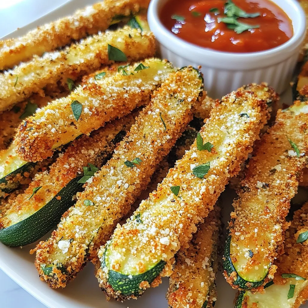 - 2 medium zucchinis - 1 cup breadcrumbs - ½ cup grated Parmesan cheese - 1 teaspoon garlic powder - 1 teaspoon onion powder - ½ teaspoon dried oregano - ½ teaspoon paprika - Salt and pepper to taste - 2 large eggs - Olive oil spray Alternatives for breadcrumbs: Use crushed cornflakes or ground nuts. Both add great texture. Vegan Parmesan options: Nutritional yeast or cashew cheese can work well. They give a cheesy flavor. Gluten-free options: Almond flour or gluten-free breadcrumbs are perfect substitutes. They keep the crunch without gluten. These ingredients make the fries crispy and tasty. You can mix and match based on what you have. Each option brings a new twist to the dish. Plus, those swaps make it easy for everyone to enjoy! {{ingredient_image_1}} Preheating the air fryer First, set your air fryer to 400°F (200°C). Preheating makes sure your fries cook evenly. Preparing zucchini Grab 2 medium zucchinis. Cut them into fry shapes. Aim for uniform sizes for even cooking. Setting up the breading station In a large bowl, mix 1 cup of breadcrumbs, ½ cup of grated Parmesan cheese, 1 teaspoon of garlic powder, 1 teaspoon of onion powder, ½ teaspoon of dried oregano, ½ teaspoon of paprika, salt, and pepper. Stir well. In another bowl, beat 2 large eggs. You now have your breading setup ready. Coating the zucchini fries Take each zucchini fry. Dip it into the beaten eggs first. Make sure it’s fully coated. Then, place it in the breadcrumb mixture. Press gently to ensure the crumbs stick well. Air frying specifics Place the coated zucchini fries in a single layer in the air fryer basket. Avoid overcrowding for the best crispiness. If you have many fries, cook them in batches. Lightly spray the tops with olive oil spray. Tips for optimal cooking Cook the fries for 10-12 minutes. Flip them halfway through for even browning. Look for a crispy and golden finish. Once done, let them cool slightly before serving. Enjoy your crunchy delight! To get that perfect crunch with your zucchini fries, spacing is key. When you place the fries in the air fryer, make sure they are in a single layer. Overcrowding will lead to soggy fries. Cook them in batches if needed. Using the right breadcrumbs is also important. I recommend panko breadcrumbs for extra crunch. They create a delightful texture that regular breadcrumbs may not achieve. Adjusting the cooking time can make all the difference. Start with 10 minutes, then check for doneness. If they need more time, add a couple of minutes. Flip them halfway for an even golden brown finish. Zucchini fries taste great with dips. Try marinara sauce or garlic aioli for a tasty experience. They add a nice flavor contrast to the crispy fries. Garnishing can elevate your dish. Fresh parsley adds a pop of color and freshness. You can sprinkle it on top before serving. Pair your zucchini fries with mains like grilled chicken or fish. They make an excellent side dish. You can even serve them alongside a fresh salad for a balanced meal. Pro Tips Choose the Right Zucchini: Select firm and fresh zucchinis for the best texture and flavor. The smaller ones tend to be more tender and less watery. Double Coating for Extra Crispiness: For an even crunchier texture, consider dipping the zucchini fries in the egg mixture a second time before coating them with breadcrumbs. Experiment with Seasonings: Feel free to customize the seasoning blend by adding your favorite spices or herbs to the breadcrumb mixture for a unique flavor profile. Keep Them Warm: If making in batches, keep the cooked zucchini fries warm in a low oven while you finish air frying the rest to ensure they all stay crispy when served. {{image_2}} You can add fun flavors to your zucchini fries. Here’s how: - Spicing it up with chili powder: Try adding a teaspoon of chili powder to the breadcrumb mix. This gives your fries a nice kick. Adjust the amount based on your spice level. - Herbs and fresh ingredients: Fresh herbs like basil or thyme add great flavor. You can mix in a tablespoon of finely chopped herbs with the breadcrumbs. This adds freshness to each bite. - Cheese variations: Instead of Parmesan, try other cheeses. Grated mozzarella or cheddar adds a different texture and taste. Mix and match your favorite cheeses for a unique twist. Zucchini fries are great, but you can explore other veggies too: - Air fryer carrot fries: Cut carrots into fry shapes and follow the same breading steps. They will turn sweet and crispy. - Sweet potato fries: Slice sweet potatoes into thin fries. They offer a sweet, hearty flavor. Adjust the cooking time as they may take longer to crisp. - Eggplant fries: Slice eggplants into thin strips. They absorb flavors well. Coat them as you do with zucchini for a savory treat. These variations keep your meal fun and exciting. Enjoy experimenting! To keep your zucchini fries fresh, place them in an airtight container. This method prevents moisture from ruining their crispiness. You can store them in the fridge for up to three days. If you want to enjoy them later, consider freezing them. For freezing, place the fries in a single layer on a baking sheet, freeze until solid, then transfer to a freezer bag. They can last for about a month in the freezer. To reheat your zucchini fries, the air fryer is your best friend. Preheat it to 350°F (175°C). Place the fries in a single layer. Heat for about 5 to 7 minutes. This method revives the crispiness you love. If you prefer the oven, preheat it to 400°F (200°C). Spread the fries on a baking sheet. Bake for about 10 minutes. Flip them halfway through to ensure even heating. Both methods will bring back that delightful crunch! Yes, you can make these zucchini fries ahead of time. To do this, prepare the fries up to the point of cooking. After coating them, place them in a single layer on a baking sheet. Cover the sheet with plastic wrap or foil. You can store them in the fridge for up to 24 hours. When you are ready to cook, just pop them into the air fryer. You might need to add a minute or two to the cooking time if they are cold. To make these zucchini fries healthier, you can use whole wheat breadcrumbs instead of regular ones. You can also skip the eggs and use a flax egg instead. This is a mixture of flaxseed meal and water. It binds well and adds fiber. Another tip is to spray less olive oil on top before cooking. You can also add more spices and herbs to boost flavor without adding calories. Any air fryer can make great fries, but models with a larger basket are ideal. This allows for more even cooking and crispy results. Models like the Philips Airfryer or the Ninja Foodi are popular for their performance. They often have preset functions that make cooking fries easier. Look for an air fryer that has adjustable temperatures and a timer. This helps you control the cooking process better. This blog post shared how to make crispy zucchini fries in your air fryer. We covered essential ingredients, simple steps, and variations for extra flavor. I shared tips to achieve that perfect crunch and how to store leftovers. Remember, these fries are versatile. You can adjust them to fit your taste. Whether serving them as a side or a snack, these fries are sure to please. Enjoy making and sharing them your way, and happy cooking!