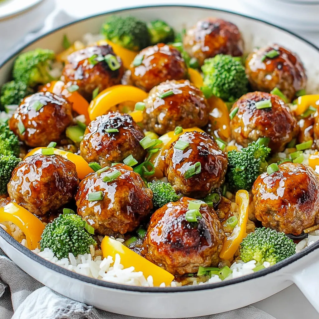 To make One Pan Teriyaki Meatballs, gather these key ingredients: - 1 pound ground chicken (or turkey) - 1/2 cup breadcrumbs - 1/4 cup green onions, finely sliced - 2 cloves garlic, minced - 1 teaspoon fresh ginger, grated - 2 tablespoons soy sauce - 1 tablespoon sesame oil - 1 tablespoon honey (or maple syrup for a vegan option) - 1/2 teaspoon black pepper - 1/4 teaspoon red pepper flakes (optional for spice) - 2 cups broccoli florets - 1 bell pepper, sliced (red or yellow) - Cooked rice or quinoa for serving These ingredients work together to create juicy meatballs and crisp veggies. The ground chicken or turkey gives a light flavor. Breadcrumbs help bind the meatballs, while green onions add freshness. Garlic and ginger bring warmth and depth. Soy sauce and sesame oil provide that classic teriyaki taste. Honey or maple syrup adds a sweet touch, balancing the dish. Feel free to mix things up with these optional ingredients: - Chopped cilantro for garnish - Sesame seeds for added crunch - A splash of rice vinegar for tanginess - Additional vegetables like snap peas or carrots These choices can enhance your meal, making it more exciting. Customize it to suit your taste! If you have allergies or dietary needs, consider these substitutions: - Ground chicken can be swapped for ground beef or plant-based meat. - Use gluten-free breadcrumbs if you need to avoid gluten. - Soy sauce can be replaced with tamari for a gluten-free option. - Honey can be replaced with agave syrup for a vegan option. These substitutions ensure everyone can enjoy this dish without worry. Always check labels for allergens when choosing substitutes. {{ingredient_image_1}} Start by gathering your ingredients. In a large bowl, mix the ground chicken, breadcrumbs, and green onions. Then add minced garlic, grated ginger, soy sauce, sesame oil, honey, black pepper, and red pepper flakes if you like spice. Use your hands to blend everything well. Aim for a smooth, even mixture with no dry spots. This step is key for tasty meatballs. Next, heat a large oven-safe skillet on medium heat. Shape the meat mixture into 1-inch meatballs. Place them in the skillet, ensuring they have space. Cook for 5 to 7 minutes. Turn the meatballs often. You want them browned all over. This adds great flavor and texture before baking. While cooking, preheat your oven to 400°F (200°C). Once the meatballs are browned, add broccoli florets and sliced bell pepper around them. Drizzle a bit more soy sauce over the veggies for extra taste. Transfer the skillet to the oven. Bake for 15 minutes. Check that the meatballs reach 165°F (75°C) inside. The vegetables should be tender, too. Serve your meatballs and veggies over cooked rice or quinoa. Enjoy! To make great meatballs, you need the right mix. Start with ground chicken or turkey. This meat will keep the meatballs moist. Use breadcrumbs to bind the meat together. They hold moisture and add texture. Add green onions for a fresh taste. Mix gently; don’t overwork the meat. Shape them into 1-inch balls. This size cooks evenly. Cooking veggies in the same pan saves time. Cut broccoli and bell peppers into even pieces. This helps them cook at the same rate. Add them to the pan after browning the meatballs. This keeps the veggies crisp. Drizzle a bit of soy sauce over the vegetables. It adds flavor and makes them shine. Want more flavor? Use fresh ginger and garlic. They add a punch to your meatballs. You can also add a splash of sesame oil for a nutty taste. If you like spice, toss in red pepper flakes. Just a pinch will do! For a sweet touch, a bit of honey or maple syrup works wonders. These tips will elevate your dish and impress your guests. Pro Tips Use Cold Ingredients: For better meatballs, make sure your ground meat and breadcrumbs are cold. This helps them hold their shape while cooking. Don’t Overcrowd the Skillet: Ensure the meatballs have enough space to brown properly. Overcrowding can cause steaming instead of browning. Add Extra Flavor: Consider marinating the meat mixture for a few hours or overnight in the fridge. This will deepen the flavors of your meatballs. Customize Your Veggies: Feel free to swap in your favorite vegetables or whatever you have on hand for added nutrition and taste! {{image_2}} You can easily make a vegan version of teriyaki meatballs. Use plant-based ground meat or chickpeas instead of chicken. Substitute the honey with maple syrup for sweetness. This makes a tasty dish that everyone can enjoy. You can also use oats or lentils to create a hearty texture. Just mix these ingredients well and shape them into meatballs. If you want to switch up the meat, try ground turkey or beef. Each meat brings its own flavor to the dish. Ground pork is another good option. It adds a rich taste. You can also mix different meats together for a unique flavor. Just keep the same ratios to ensure the meatballs hold together. You can add many different veggies to your teriyaki meatballs. Snap peas, carrots, or zucchini work well. They add color, flavor, and nutrition. Cauliflower or mushrooms can also make great additions. Just chop them into small pieces and add them to the pan with the meatballs. This makes the dish more fun and tasty. After enjoying your One Pan Teriyaki Meatballs, store leftovers safely. Let the dish cool to room temperature. Use an airtight container to keep the meatballs fresh. Place them in the fridge for up to three days. For best taste, eat them within this time frame. Reheat your meatballs for the best taste. Use a skillet on medium heat. Add a splash of water or soy sauce to keep them moist. Cook for about five minutes, turning gently. You can also use a microwave. Place the meatballs in a bowl and cover with a damp paper towel. Heat for one to two minutes, checking to avoid overcooking. Freezing is a great option for meal prep. To freeze, let the meatballs cool completely. Arrange them in a single layer on a baking sheet. Freeze until solid, about one hour. Then, transfer them to a freezer-safe bag. Mark the bag with the date. Meatballs can stay in the freezer for up to three months. When ready to eat, thaw overnight in the fridge. Reheat as mentioned for the best flavor. Yes, you can make One Pan Teriyaki Meatballs ahead of time. Prepare the meatballs and cook them. Then, let them cool completely. Store them in an airtight container in the fridge for up to three days. When you're ready to eat, just reheat them in the oven or microwave. This saves time and makes busy nights easier. Teriyaki Meatballs pair well with many sides. Here are a few ideas: - Cooked rice (white or brown) - Quinoa for a healthy twist - Steamed or sautéed vegetables - A fresh salad for crunch Feel free to mix and match. The flavors in the meatballs work well with many options. To check if your meatballs are fully cooked, use a meat thermometer. The internal temperature should reach 165°F (75°C). If you don’t have a thermometer, cut one meatball in half. It should be no longer pink inside, and the juices should run clear. This ensures you serve safe and delicious meatballs. This blog post covered easy steps to make One Pan Teriyaki Meatballs. We looked at the ingredients, including key options for personal taste. I shared cooking methods for perfect meatballs and veggies. We also explored tasty variations for different diets and tips for storing leftovers. Try these simple ideas for a fun meal. You can mix and match flavors your way. Enjoy the cook and the taste!