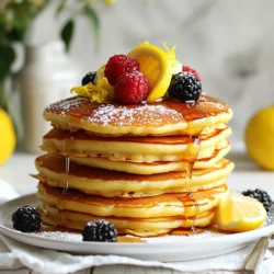 To make lemon ricotta pancakes, you will need the following items: - 1 cup ricotta cheese - 1 cup all-purpose flour - 1/4 cup granulated sugar - 1 teaspoon baking powder - 1/2 teaspoon baking soda - 1/4 teaspoon salt - 2 large eggs - 1 tablespoon lemon zest - 1/4 cup lemon juice - 1 teaspoon vanilla extract - 1/2 cup whole milk - Butter or oil for cooking - Fresh berries and maple syrup for serving If you don't have ricotta cheese, you can use cottage cheese. Blend it until smooth for a similar texture. For all-purpose flour, try using whole wheat flour for a nutty taste. If you want a gluten-free option, almond flour works well too. Instead of granulated sugar, you can use honey or maple syrup for a natural sweetener. Almond milk or oat milk can replace whole milk if you prefer a non-dairy option. Each serving of lemon ricotta pancakes provides a good balance of protein, carbs, and fats. They are rich in protein due to the ricotta cheese and eggs. A typical serving contains approximately: - Calories: 350 - Protein: 12g - Fat: 15g - Carbohydrates: 45g - Sugar: 8g - Fiber: 2g These pancakes are a delightful treat, packed with flavor and nutrients, making them a great breakfast choice. Enjoy them topped with fresh berries and maple syrup for a special morning! {{ingredient_image_1}} 1. Gather Your Ingredients: Start by measuring out all your ingredients. You will need ricotta cheese, flour, sugar, baking powder, baking soda, salt, eggs, lemon zest, lemon juice, vanilla extract, and milk. Don’t forget the butter or oil for cooking! 2. Mix the Wet Ingredients: In a large bowl, add the ricotta cheese, eggs, lemon zest, lemon juice, vanilla extract, and milk. Use a whisk or spatula to mix these until smooth and creamy. 3. Combine the Dry Ingredients: In another bowl, whisk together the flour, sugar, baking powder, baking soda, and salt. Make sure they are well mixed. 4. Fold Dry into Wet: Gradually add the dry mix to the ricotta mixture. Use a spatula to fold them together gently. Stop mixing when you see some lumps; this keeps the pancakes fluffy. 1. Heat Your Skillet: Place a non-stick skillet or griddle over medium heat. Add a small amount of butter or oil to coat the surface. 2. Pour the Batter: For each pancake, pour about 1/4 cup of the batter onto the skillet. Leave space between pancakes. 3. Cook Until Bubbly: Watch for bubbles to form on top, which takes about 2-3 minutes. 4. Flip and Finish Cooking: When bubbles appear, flip the pancake over. Cook for another 2-3 minutes until it turns golden brown. 5. Repeat Cooking: Continue with the rest of the batter, adding more butter or oil as needed for each batch. - Bubbles: Look for bubbles forming on the surface before flipping. - Color: The pancakes should be golden brown on both sides. - Spring Back: Gently press the center; it should spring back if fully cooked. By following these steps, you will create delicious, fluffy lemon ricotta pancakes that everyone will love. Enjoy your cooking! One common mistake is overmixing the batter. Overmixing makes pancakes tough. You want some lumps to keep them light. Another mistake is cooking on too high heat. This can burn the outside while the inside stays raw. Adjust your heat to medium for even cooking. Also, don’t skip the butter or oil. It helps create a nice, golden crust. To make your pancakes extra fluffy, use fresh baking powder. Old baking powder can lose its power. Adding lemon juice activates the baking soda, which helps with rising. Make sure to whisk the eggs well. This adds air to the batter, making it light. Lastly, let the batter sit for a few minutes before cooking. This allows the ingredients to mingle and puff up. Serve your pancakes warm with fresh berries on top. Strawberries, blueberries, or raspberries work great. Drizzle real maple syrup for sweetness. A sprinkle of powdered sugar adds a touch of elegance. For a zesty kick, add more lemon zest on top. You can also serve them with yogurt for creaminess. Pro Tips Use Room Temperature Ingredients: Allow the eggs and ricotta cheese to come to room temperature before mixing. This helps create a smoother batter and fluffier pancakes. Don't Overmix: When combining the wet and dry ingredients, mix until just combined. A few lumps will ensure your pancakes remain light and tender. Adjust Cooking Temperature: If pancakes are browning too quickly, reduce the heat. Cooking them at medium-low allows for a fluffy inside while achieving a golden exterior. Explore Flavor Variations: Try adding different extracts, such as almond or orange, or incorporate spices like cinnamon to enhance the flavor of your pancakes. {{image_2}} You can add fun flavors to your lemon ricotta pancakes. Fresh fruits like blueberries or strawberries work well. They add sweetness and color. You can also try spices. A dash of cinnamon or nutmeg gives warmth to each bite. If you want a zesty kick, add more lemon zest or some orange zest. This mix of flavors makes the pancakes even more exciting. You can even fold in chocolate chips for a sweet twist. If you need to change the recipe, it’s easy. To make gluten-free pancakes, use a gluten-free flour blend. Look for blends made from rice or almond flour. They keep the pancakes fluffy and tasty. For a dairy-free option, replace ricotta cheese with a dairy-free cream cheese. Use almond milk instead of whole milk. These changes help everyone enjoy these pancakes. You can serve lemon ricotta pancakes in fun ways. They taste great with sweet toppings. Try fresh berries and maple syrup. You can also add whipped cream or yogurt for creaminess. For a savory twist, top the pancakes with sautéed spinach and feta cheese. This mix gives a nice balance of flavors. You can even add a poached egg on top for extra protein. You can store leftover Lemon Ricotta Pancakes in the fridge. Place them in an airtight container. They stay fresh for up to three days. Make sure to let them cool before putting them away. This helps keep them fluffy and tasty. To freeze these pancakes, stack them with parchment paper in between. This keeps them from sticking together. Place the stack in a freezer-safe bag or container. They can last in the freezer for up to two months. When you’re ready to eat, just defrost them in the fridge overnight. For reheating, use a microwave or a skillet. If you use a microwave, heat them for about 20-30 seconds. Check to make sure they are warm all the way through. If you prefer a crispy edge, heat them in a skillet over low heat. This will bring back their fluffiness and flavor. Enjoy them warm with your favorite toppings! Yes, you can make Lemon Ricotta Pancakes ahead of time. I recommend cooking them first. After cooking, let them cool on a cooling rack. Then, stack them between sheets of parchment paper. Place the stack in an airtight container in the fridge. They will stay fresh for about 2 days. When you are ready to eat, you can reheat them in a microwave or on a skillet. Just add a little butter to keep them moist. If you don't have ricotta cheese, you can use cottage cheese. Blend it briefly to make it smoother. Cream cheese is another option, but it will change the flavor slightly. You can also try Greek yogurt. Just remember, the texture will differ, but the pancakes will still be tasty. To make your pancakes more lemony, add more lemon zest. You can also increase the lemon juice. Start with an extra half tablespoon of zest and juice. This will give you a strong lemon flavor. Be careful not to add too much liquid, as it can change the batter's texture. Another option is to serve with a lemon syrup or a lemon-infused whipped cream for a fresh twist. This blog post covered how to make tasty Lemon Ricotta Pancakes. We discussed key ingredients and their alternatives. I explained the steps for preparing and cooking, plus how to tell when they’re done. I shared tips to avoid common mistakes and enhance flavor, along with different variations to try. Lastly, I detailed storage and reheating methods. Now, you can enjoy your pancakes fresh or modified to fit your taste. Happy cooking!
