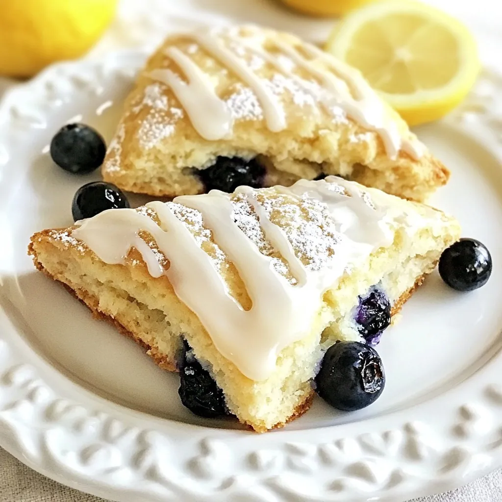 - 2 cups all-purpose flour - 1/2 cup sugar - 2 teaspoons baking powder - 1/2 teaspoon baking soda - 1/4 teaspoon salt - 1/2 cup unsalted butter, chilled and cubed - 1 cup fresh blueberries - Zest of 1 lemon - 1/4 cup freshly squeezed lemon juice - 1/2 cup heavy cream - 1 large egg - 1 teaspoon vanilla extract Choosing Fresh Blueberries Fresh blueberries make a big difference. Look for plump, firm berries. Avoid ones that are soft or mushy. They should be bright blue, with no green spots. Fresh berries give the best taste and color in your scones. Importance of Chilled Butter Chilled butter helps create flaky layers in your scones. When you mix it in, it should stay cold. This keeps the butter from melting too early. Use a pastry cutter or your fingers to cut it into the flour. This method helps form those lovely layers. Variations in Flour Types While all-purpose flour works best, you can experiment. Try whole wheat flour for a heartier texture. If you want a gluten-free option, use a gluten-free blend. Each type of flour will change the taste and texture slightly. Adjust your liquid if needed, as whole wheat absorbs more moisture. {{ingredient_image_1}} 1. Preheat your oven to 400°F (200°C). Line a baking sheet with parchment paper. 2. In a large bowl, mix the flour, sugar, baking powder, baking soda, and salt. Whisk them until they blend well. 3. Cut in the chilled butter. Use a pastry cutter or your fingers. The mix should look like coarse crumbs. 4. Gently fold in the blueberries and lemon zest. Make sure they are evenly spread in the mix. 5. In another bowl, whisk the lemon juice, heavy cream, egg, and vanilla extract. 6. Pour the wet mix into the dry ingredients. Stir gently until just combined. Don't overmix! 7. Move the dough to a floured surface. Knead it a few times, then pat it into a 1-inch thick circle. 8. Cut the circle into 8 wedges, or use a round cutter for individual scones. Place them on the baking sheet, leaving space between each. 9. Bake for 15-20 minutes, until golden brown at the edges. 10. Let the scones cool on a wire rack for a few minutes before serving. How to Achieve Golden Brown Edges To get those perfect golden edges, use a hot oven at 400°F. Make sure your baking sheet is lined with parchment paper. This helps the scones bake evenly. Watch them closely during the last few minutes. The edges should be light brown when ready. Avoiding Overmixing for Best Texture Mix the dough gently. Overmixing makes scones tough. Combine the wet and dry ingredients until just mixed. It's okay if there are some lumps. This keeps your scones light and fluffy. Dusting with Powdered Sugar After baking, dust the scones with powdered sugar. This adds a sweet touch and makes them look pretty. For a fun twist, you can add a simple lemon glaze. Just mix powdered sugar with lemon juice and drizzle it on top. Serving with Butter or Clotted Cream These scones taste wonderful with a spread of butter or clotted cream. The creaminess balances the tartness of the lemon. Serve them warm for the best flavor. Keeping Scones Fresh Store your scones in an airtight container at room temperature. This keeps them soft for a couple of days. If you want to keep them longer, consider freezing them. Freezing for Later Enjoyment To freeze, wrap each scone in plastic wrap. Then place them in a freezer bag. You can enjoy them later! Just thaw them at room temperature and warm in the oven for a few minutes to refresh their taste. Pro Tips Use Cold Ingredients: Ensure your butter and cream are chilled to create a flaky texture in the scones. Don't Overmix: Mix until just combined to avoid tough scones; a few lumps are okay! Fresh Blueberries: Use fresh blueberries for the best flavor; frozen can make the dough too wet. Brush with Cream: For a golden-brown finish, brush the tops of the scones with a bit of heavy cream before baking. {{image_2}} You can mix in other fruits for fun. Raspberries add a nice touch. Their tartness pairs well with the lemon. You can also try strawberries or blackberries. Each fruit brings its own flavor twist. Herbs can also spice things up. Adding fresh thyme gives a unique taste. It works well with the lemon and blueberries. Start with a teaspoon and adjust to your liking. If you need a gluten-free option, use almond flour. It makes the scones nutty and soft. You can also mix gluten-free flour blends. They work well with this recipe. Reducing sugar is another great choice. You can cut the sugar by half. The lemon and blueberries still provide sweetness. You can also use honey or maple syrup. Just adjust the liquid ingredients. Scone sandwiches are a fun way to serve them. Spread cream cheese or lemon curd between two scones. Add fresh fruit for a tasty twist. Pair your scones with tea or coffee. The flavors blend nicely. A nice Earl Grey tea or a dark roast coffee works well. Enjoy the flavors together for a delightful treat. You can store your freshly baked scones at room temperature. Place them in a container with a lid. This keeps them soft and tasty. If it’s very warm, put them in the fridge. The cold slows down spoilage. You can freeze your scones, either before or after baking. To freeze raw scones, cut and shape them. Place them on a baking sheet and freeze for about an hour. Once firm, wrap them well and store in a zip-top bag. For baked scones, let them cool first. Then wrap and store them the same way. When you are ready to enjoy the frozen scones, let them thaw in the fridge overnight. To reheat, bake them in a 350°F (175°C) oven for about 10 minutes. They will taste fresh again! Freshly baked scones last about 2 to 3 days at room temperature. If you store them in the fridge, they may last up to a week. Frozen scones keep well for about 2 to 3 months. For the best flavor and texture, enjoy them soon. What is the secret to fluffy scones? The secret is to use cold butter. This keeps the scone light. Cut the butter into the flour until it looks like crumbs. Don't overmix the dough. This helps scones stay fluffy. Can I use frozen blueberries? Yes, you can use frozen blueberries. Just add them straight from the freezer. Do not thaw them first. This keeps the scones from turning purple and soggy. How to tell when scones are done baking? Scones are done when they turn golden brown on the edges. You can also poke one with a toothpick. If it comes out clean, they are ready. Are Lemon Blueberry Scones healthy? Lemon Blueberry Scones can be a treat. They provide some fruit and flavor. However, they also have sugar and butter. Enjoy them in moderation. How many calories are in one scone? One scone has about 200-250 calories. This can change based on how you make them. Check the ingredients for exact numbers. Can I make the dough ahead of time? Yes, you can make the dough ahead. Wrap it in plastic and store it in the fridge. Use it within 24 hours for the best results. Substitutions for allergens? You can replace flour with gluten-free flour. Use coconut oil instead of butter for dairy-free scones. Check labels to ensure all ingredients meet your needs. You learned how to make tasty lemon blueberry scones. We covered ingredients, from fresh blueberries to chilled butter. The step-by-step guide helped you mix and bake with care for perfect results. Tips on storage and serving brought creativity to your kitchen. Enjoy trying different flavors and sharing with friends. Baking scones can be fun and simple. With these tips, you will impress anyone who tastes your bake. Keep experimenting and make your own delicious twist on this classic treat!