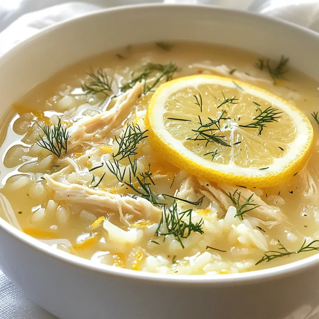 To make Greek Lemon Rice Soup, gather these simple ingredients: - 1 cup arborio rice - 6 cups low-sodium chicken broth - 3 large eggs - 1/4 cup fresh lemon juice (about 2 lemons) - 1 medium onion, finely chopped - 2 cloves garlic, minced - 1 cup shredded rotisserie chicken (optional) - 1/4 cup fresh dill, chopped - Salt and pepper to taste - 2 tablespoons olive oil - Lemon slices for garnish You can swap ingredients based on what you have: - Use jasmine or basmati rice instead of arborio rice for a different texture. - Vegetable broth works well if you want a vegetarian option. - If you don’t have fresh dill, try parsley or thyme for a fresh taste. - Any cooked chicken can replace rotisserie chicken, or skip it for a meat-free dish. - You can use lime juice instead of lemon for a zesty twist. Each ingredient brings its own perks to this soup: - Arborio rice adds creaminess and absorbs flavors well. - Chicken broth provides depth and richness, making the soup heartier. - Eggs add protein and create a lovely texture when mixed with lemon. - Lemon juice brightens the soup and adds a refreshing taste. - Onions and garlic offer sweetness and depth to the base flavor. - Chicken boosts protein and makes the soup more filling. - Dill gives a fresh, herbal note that complements lemon. - Olive oil adds healthy fats and enhances the soup’s richness. - Salt and pepper are essential for balancing flavors. - Lemon slices not only look pretty but also add a fresh scent. {{ingredient_image_1}} First, gather your ingredients. You will need arborio rice, chicken broth, eggs, lemon juice, onion, garlic, chicken, dill, olive oil, salt, and pepper. This soup is easy to make and takes about 35 minutes from start to finish. 1. Heat the Olive Oil: In a large pot, add the olive oil. Heat it over medium heat. 2. Sauté the Onion: Add the chopped onion. Cook for about 5 minutes until it turns translucent. 3. Add Garlic: Next, add minced garlic. Sauté for 1 minute to bring out its aroma. 4. Boil the Broth: Pour in chicken broth. Bring it to a boil. 5. Add Rice: Once boiling, add arborio rice. Cook it according to the package instructions, about 18 minutes. 6. Shred Chicken: If using chicken, add it during the last 5 minutes of cooking. This warms it through. 7. Whisk Eggs and Lemon: In a bowl, whisk eggs and lemon juice together. 8. Temper the Eggs: Slowly pour in a cup of hot broth into the egg mixture. Whisk while adding to prevent curdling. 9. Combine Mixtures: Gradually add the egg mixture back to the pot. Stir constantly to mix well. 10. Finish the Soup: Stir in chopped dill. Season with salt and pepper. Heat for another minute, then remove from heat. - Prep Timing: Chop onions and garlic ahead of time to save minutes while cooking. - Egg Tempering: Always temper the eggs with hot broth first. This step is key to a smooth texture. - Garnish Smartly: Serve the soup in warm bowls. A lemon slice and dill on top add color and freshness. - Taste Test: Always taste the soup before serving to adjust seasoning as needed. To make the best Greek lemon rice soup, use fresh ingredients. Fresh lemon juice adds a bright flavor. I love using arborio rice for its creaminess. It helps create that comforting texture. Keep stirring when adding the egg mixture. This helps prevent curdling. Use low-sodium broth to control salt levels. Always taste and adjust for your preference. One common mistake is not tempering the eggs. If you add eggs directly to hot soup, they can curdle. Another mistake is cooking the rice too long. Overcooked rice can turn mushy. Ensure you add the chicken in the last few minutes of cooking. Adding it too early can make it tough. Lastly, don't skip the dill. It brings a lovely herbal note. You can boost the flavor with extra herbs. Try adding parsley or mint for a fresh kick. A touch of cayenne pepper adds warmth without overpowering. If you like a richer taste, use homemade broth instead of store-bought. For creaminess, a splash of heavy cream works well. Feel free to top with more lemon slices for added brightness. Pro Tips Use Fresh Ingredients: Fresh lemons and herbs will elevate the flavor of this soup, making it taste more vibrant and delicious. Whisking Technique: When tempering the eggs with the broth, whisk continuously to ensure a smooth incorporation and prevent curdling. Adjust Consistency: If you prefer a creamier soup, you can add a splash of heavy cream or milk just before serving. Make It Ahead: This soup can be made in advance and stored in the fridge. Just reheat gently to avoid overcooking the rice. {{image_2}} You can easily make Greek lemon rice soup vegetarian or vegan. To do this, skip the chicken and use vegetable broth instead of chicken broth. The soup will remain bright and tasty. You can add more veggies like carrots or celery for added flavor and color. If you want a creamy texture, stir in some coconut milk or cashew cream at the end. Feel free to play with the ingredients! You can add cooked lentils for protein. Try adding spinach or kale for extra greens. If you like a bit of heat, a pinch of red pepper flakes can spice things up. Some people enjoy adding a touch of zest by mixing in lemon zest. Different regions of Greece have their own takes on this soup. In some places, they add rice pilaf or small pasta shapes instead of arborio rice. Others might include herbs like parsley or mint. Each twist gives the soup a unique flavor. So, feel free to explore these variations and find your favorite! To keep your Greek lemon rice soup fresh, let it cool first. Pour it into an airtight container. Store it in the fridge for up to three days. Make sure to label the container with the date. This way, you won't forget it! You can freeze this soup if you want to keep it longer. Use a freezer-safe container or a heavy-duty freezer bag. Leave some space at the top, as soup expands when frozen. It’s best to eat frozen soup within three months. When you’re ready to eat, just thaw it overnight in the fridge. Reheat your soup gently. You can use a pot on the stove or a microwave. If using the stove, heat it over low to medium heat. Stir often to prevent sticking. If using the microwave, heat in short bursts, stirring in between. This way, it heats evenly and stays tasty! Greek Lemon Rice Soup, also known as Avgolemono, comes from Greece. This soup has roots in ancient Greek cooking. It blends rich flavors from chicken broth with bright lemon. The dish often features rice and eggs, giving it a creamy texture. Many families pass down this recipe through generations. It is popular for its comforting taste and simple ingredients. Yes, you can use brown rice, but it will change the soup's texture. Arborio rice gives a creamy finish due to its high starch content. Brown rice takes longer to cook and has a chewier texture. If using brown rice, adjust the cooking time to ensure it is tender. Remember to check the rice often as it cooks. You can easily make Greek Lemon Rice Soup gluten-free. Start by using gluten-free chicken broth. Most brands offer low-sodium options that are gluten-free. Ensure that any additional ingredients, like chicken or seasonings, are also gluten-free. With these swaps, you can enjoy a safe and tasty bowl of soup. Absolutely! You can add various proteins to this soup. Shredded rotisserie chicken is a great choice for added flavor. You can also use cooked shrimp or diced tofu for a vegetarian option. Just remember to add these in the last few minutes of cooking. This way, they heat through without overcooking. This blog post covered how to make Greek Lemon Rice Soup, from picking the right ingredients to cooking methods. I highlighted ingredient benefits and offered alternatives, ensuring anyone can enjoy this dish. I shared tips to avoid common mistakes and ways to add personal twists. Remember, the key to great soup is in the details, from storage to reheating. I hope you feel inspired to make your own tasty version of this classic soup! Enjoy every spoonful!