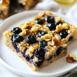 - 2 cups rolled oats - 1 cup mashed ripe bananas (about 2 large bananas) - 1/2 cup almond butter (or any nut butter of choice) - 1/3 cup honey or maple syrup - 1 tsp vanilla extract - 1/2 tsp baking powder - 1/4 tsp salt - 1 cup fresh or frozen blueberries - 1/4 cup chopped nuts (optional, such as walnuts or almonds) Oats are a great source of fiber, which helps digestion. They keep you full and boost heart health. Blueberries are packed with vitamins and antioxidants. They help improve brain function and fight inflammation. Nut butter adds healthy fats and protein. It fuels your day and keeps hunger at bay. These ingredients make the bars both tasty and good for you. {{ingredient_image_1}} First, preheat your oven to 350°F (175°C). This step warms the oven for even cooking. Next, take an 8x8 inch baking dish and line it with parchment paper. Leave some overhang on the sides. This makes it easy to lift the bars out later. In a large mixing bowl, combine the rolled oats, mashed bananas, almond butter, and honey or maple syrup. Add the vanilla extract for extra flavor. Mix these wet ingredients until they blend well. Next, sprinkle in the baking powder and salt. Mix again until the batter is smooth and even. Now, gently fold in the blueberries and chopped nuts, if you choose to use them. Use a spatula to carefully mix. Be sure to avoid breaking the blueberries. This keeps them whole and juicy in the bars. Pour the mixture into your prepared baking dish. Spread it evenly so it cooks uniformly. Bake your bars for about 25-30 minutes. You want the edges to turn golden brown. After baking, let the bars cool in the pan for about 10 minutes. Then, lift the parchment paper to remove the block of bars. Allow them to cool completely on a wire rack. Once cooled, cut them into squares or rectangles. Enjoy! To get the best texture, you need the right balance. The mixture should be moist but not too wet. If it's too dry, add a little more nut butter or banana. If it’s too wet, mix in more oats. Watch the baking time, too. Overbaking can lead to dry bars. You can swap nut butters to change the taste. Try peanut butter or cashew butter for a twist. Adding spices, like cinnamon, can bring warmth and depth. A dash of nutmeg can also add a nice touch. These bars taste great with yogurt or milk. You can slice them up for breakfast or a snack. They are perfect for on-the-go munching. Pair them with fresh fruit for a bright start to your day. Enjoy them warm or cold, as you prefer. Pro Tips Use Ripe Bananas: The riper the bananas, the sweeter and more flavorful your bars will be. Look for bananas with plenty of brown spots for optimal sweetness. Nut Butter Alternatives: If you have a nut allergy or prefer a different flavor, try sunflower seed butter or tahini as a great alternative to almond butter. Frozen Blueberries: If using frozen blueberries, do not thaw them before adding to the mix. This helps prevent the batter from becoming too watery and maintains the blueberries' shape. Store for Freshness: Keep the bars in an airtight container at room temperature for up to a week, or refrigerate them for longer shelf life. You can also freeze them for up to three months! {{image_2}} You can easily make these bars gluten-free. Just use gluten-free oats. They work just like regular oats. If you want a good binder, try using unsweetened applesauce. It adds moisture and helps hold everything together. If you want to cut back on sugar, reduce the honey or maple syrup. You can also swap them out for unsweetened applesauce. This keeps the bars sweet without adding much sugar. Your taste buds will still enjoy the flavor. For a fun twist, add shredded coconut to the mix. It gives a chewy texture and a hint of sweetness. You can also toss in tropical fruits like diced pineapple or mango. This adds a bright, fresh flavor that makes breakfast feel like a vacation. Store your Blueberry Oat Breakfast Bars in two main ways. You can keep them at room temperature or in the fridge. If you choose room temperature, place the bars in an airtight container. This keeps them fresh for a few days. For longer storage, refrigerate the bars. This helps maintain their taste and texture. You can also freeze them. Wrap each bar in plastic wrap, then place them in a freezer bag. This way, they can last up to three months. At room temperature, these bars last about 3-5 days. They taste best when fresh. If stored in the fridge, they can last up to one week. The cold helps keep the flavors strong. When frozen, they can stay good for about three months. Just remember to let them cool completely before freezing. Reheat the bars in the microwave for about 15-20 seconds. This warms them up without making them dry. You can also enjoy them cold. Both ways taste great! For a cozy treat, try them warm with a drizzle of honey. You can easily change the ingredients in these bars. For common swaps, try using peanut butter instead of almond butter. You can also use different sweeteners like agave or brown sugar. If you want to add a twist, mix in nuts or seeds. Chia seeds add texture and nutrition! Adding different fruits can make these bars fun. You can use diced apples, strawberries, or even peaches. Each fruit adds its own flavor, making every batch unique. Just remember, if you use fresh fruit, be careful not to add too much liquid. Yes, you can make these bars vegan with some simple swaps. Replace honey with agave syrup for a plant-based sweetener. Make sure your nut butter is also vegan-friendly. Most nut butters are, but always check the label to be sure. Also, use all plant-based ingredients for a true vegan option. This means checking for non-dairy ingredients in your nut butter and any add-ins you choose. Serving these bars can be so much fun! You can top them with yogurt or a drizzle of nut butter for extra flavor. Fresh fruit or a sprinkle of cinnamon can also add a nice touch. Pairing these bars with a smoothie or a glass of milk makes a great snack or breakfast. You can enjoy them warm or cold, and they are perfect for on-the-go eating! These bars are easy to make and full of good flavors. You only need a few simple ingredients like oats, bananas, and nut butter. Mixing in blueberries adds extra nutrition and taste. With tips for texture and variations, you can make these bars your own. Whether you want to store them or enjoy them fresh, these bars fit your needs. Try them as a snack or breakfast and see how they brighten your day. I hope you enjoy making and sharing these delicious bars!