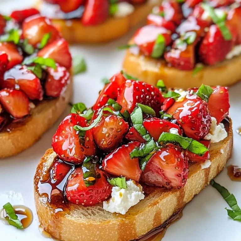 - 1 baguette, sliced into 1/2-inch pieces - 2 cups fresh strawberries, hulled and diced - 1/4 cup balsamic vinegar - 2 tablespoons honey - 1/4 cup fresh basil leaves, thinly sliced - 1/4 cup goat cheese, crumbled - Olive oil for drizzling - Salt and pepper to taste In this recipe, each ingredient plays a vital role. The baguette forms a crunchy base. Fresh strawberries bring sweetness and color. Balsamic vinegar adds tangy depth. Honey offers a touch of natural sweetness, balancing the vinegar's sharpness. Fresh basil contributes a fragrant note that brightens the dish. Goat cheese introduces creaminess and a bit of saltiness, while olive oil enhances flavor and texture. Lastly, salt and pepper tie all the tastes together. When you gather these ingredients, aim for fresh and high-quality options. Fresh strawberries should be vibrant and firm. Choose a baguette that is crusty on the outside and soft inside. Each ingredient will shine through in your final dish. {{ingredient_image_1}} Preheating the Oven First, set your oven to 400°F (200°C). This high heat helps the bread toast nicely. Toasting the Slices Next, slice the baguette into 1/2-inch pieces. Place them on a baking sheet. Drizzle a little olive oil on top. Bake for about 5 to 7 minutes. Watch them closely to avoid burning. You want them golden and crisp. Combining Ingredients In a medium bowl, add the diced strawberries. Pour in 1/4 cup of balsamic vinegar and 2 tablespoons of honey. Season with salt and pepper. Gently mix everything together. Marinating for Flavor Let this mixture sit for about 10 minutes. This step helps the flavors blend well. The strawberries will soak up the balsamic and honey. Spoon the Mixture onto Toasts Once the baguette slices have cooled slightly, spoon the strawberry mixture on each toast. Use a generous amount, so each one is flavorful. Adding Goat Cheese and Basil Next, sprinkle crumbled goat cheese on top of each piece. Then, add the thinly sliced basil leaves. This adds freshness to your dish. Final Drizzle of Balsamic and Olive Oil Finally, drizzle a bit more balsamic vinegar and olive oil over the bruschetta. This adds a nice touch and boosts the flavor. Serve them right away for the best taste! Monitoring Toasting Time Keep a close eye on the baguette slices. Toast them for 5-7 minutes. They should turn golden brown and crisp. If you leave them too long, they can burn. Set a timer and check them halfway through. Ensuring Even Coating of Olive Oil Drizzle olive oil evenly on each slice. This helps the bread toast nicely. Use a brush or your fingers to coat them. A light layer gives a nice crunch without being greasy. Marination Timing Let the strawberry mix sit for about 10 minutes. This helps the flavors blend well. The balsamic vinegar and honey will soak into the strawberries. This gives a burst of flavor with every bite. Balancing Sweetness with Acidity Taste the mixture before serving. If it’s too sweet, add a pinch of salt. This helps balance the flavors. You want the sweet strawberries and tangy vinegar to shine together. Plating Suggestions Arrange the bruschetta on a nice platter. Make it colorful and inviting. You can alternate the direction of each piece for a fun look. Leave space between each slice for easy grabbing. Garnishing Ideas Finish with a sprinkle of fresh basil on top. This adds color and freshness. You can also drizzle a little extra balsamic vinegar for shine. This makes the dish look even more appealing. Pro Tips Choose Ripe Strawberries: Select strawberries that are bright red and slightly firm for the best flavor and texture. Let the Mixture Sit: Allow the strawberry and balsamic mixture to marinate for at least 10 minutes to enhance the flavors. Toast to Perfection: Keep an eye on the baguette slices while toasting to ensure they are golden brown but not burnt. Experiment with Toppings: Feel free to add other toppings like nuts or different cheeses for a unique twist on this classic bruschetta. {{image_2}} Using Other Berries You can swap strawberries for other berries. Blueberries and raspberries work well. They add a nice burst of flavor. Mix them with balsamic vinegar for a fresh twist. Each berry brings its own taste. Adding Citrus Fruits Citrus fruits like oranges or lemons can brighten this dish. Dice them and mix with the strawberries. The tartness pairs well with the sweetness of honey. It adds a refreshing zing. Try using grapefruit for a unique flavor. Feta or Ricotta Options If you want a change from goat cheese, try feta. Feta gives a salty kick. Ricotta adds a creamy texture. Both options offer a nice contrast to the sweet strawberries. They can enhance the overall taste. Vegan Cheese Substitutes For a vegan twist, use nut-based cheeses. They can mimic the creaminess of goat cheese. Look for options made from cashews or almonds. These cheeses are great for adding flavor without dairy. Spicy Additions Want some heat? Add a dash of chili flakes to the strawberry mix. This will create a sweet and spicy contrast. You can also try jalapeños for a stronger kick. It makes the bruschetta exciting and bold. Additional Herbs and Seasonings Herbs like mint or thyme can boost the flavor. They bring freshness to each bite. You can also add black pepper for a touch of warmth. Experiment with your favorite herbs for a personal touch. After you enjoy your Balsamic Strawberry Bruschetta, store any leftovers right away. Place the bruschetta in an airtight container. It helps keep the bread from getting soggy. Try to separate the topping from the bread if possible. This way, the bread stays crisp longer. In the fridge, your bruschetta will last for about 2 days. The strawberries will lose some freshness, but the flavor will still be good. If you keep the topping separate, the bread can stay fresh for about 3 days. To reheat your bruschetta, I recommend using an oven or toaster oven. This keeps the bread nice and crispy. Preheat your oven to 350°F (175°C). Place the bruschetta on a baking sheet and warm for about 5-7 minutes. Check often to avoid burning. You can also reheat just the bread and then add fresh toppings. This way, you can enjoy that crispy texture again! Can you freeze bruschetta? Yes, but it’s best to freeze the bread and topping separately. The bread can freeze for up to 3 months. Wrap it tightly in plastic wrap and then place it in a freezer bag. For the topping, put it in an airtight container. It can also freeze for about 3 months. When you’re ready to eat, thaw both in the fridge overnight. Reheat the bread in the oven and top it with the flavorful mix. Enjoy your tasty treat! Balsamic Strawberry Bruschetta is a fresh and tasty treat. It features toasted bread topped with a sweet and tangy mix of strawberries, balsamic vinegar, and honey. Adding crumbled goat cheese and fresh basil makes it even better. The crunchy baguette contrasts nicely with the juicy strawberries, creating a delightful bite. Yes, you can prepare parts of this dish ahead of time. You can slice the baguette and store it in an airtight container. You can also mix the strawberries with balsamic vinegar and honey a few hours in advance. Just keep them in the fridge until you are ready to serve. Assemble the bruschetta right before serving for the best flavor and texture. Balsamic Strawberry Bruschetta pairs well with many dishes. Serve it as an appetizer at parties. It also works as a side with grilled meats or a fresh salad. For drinks, try it with a light white wine or sparkling water. The sweet and savory notes balance well with these options. This blog post covered how to make a tasty Balsamic Strawberry Bruschetta. We started with the fresh ingredients you need, like strawberries, goat cheese, and basil. Then, we walked through the steps to prepare and assemble the dish. I shared tips to refine your technique and variations to keep it exciting. Lastly, I provided storage tips to help you enjoy it later. With these simple steps, you can impress anyone at your next gathering. Enjoy making this dish and taste the freshness!