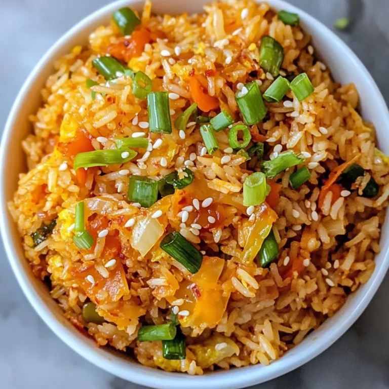 For Spicy Kimchi Fried Rice, gather these items: - 2 cups cooked jasmine rice (preferably day-old) - 1 cup kimchi, chopped (plus extra for garnish) - 1 tablespoon vegetable oil - 2 cloves garlic, minced - 1 small onion, diced - 1 carrot, finely chopped - 1 cup frozen peas - 2 tablespoons soy sauce - 1 tablespoon gochujang (Korean red chili paste) - 2 large eggs (optional) - 2 green onions, sliced - Sesame seeds for garnish - Salt and pepper to taste You can swap out some ingredients if needed. Use brown rice instead of jasmine rice for a healthier option. If you don’t have kimchi, try sauerkraut or pickled vegetables. For the gochujang, you can use sriracha, but it will taste different. If you want a vegan dish, skip the eggs or use scrambled tofu instead. When picking kimchi, look for a vibrant color. The cabbage should be crunchy, not soggy. Smell the kimchi; it should have a tangy scent, not too sour. Check the expiration date on the jar if you buy it from a store. Fresh kimchi will add the best flavor to your fried rice. {{ingredient_image_1}} To make Spicy Kimchi Fried Rice, start by gathering your ingredients. You will need: - 2 cups cooked jasmine rice (preferably day-old) - 1 cup kimchi, chopped (plus extra for garnish) - 1 tablespoon vegetable oil - 2 cloves garlic, minced - 1 small onion, diced - 1 carrot, finely chopped - 1 cup frozen peas - 2 tablespoons soy sauce - 1 tablespoon gochujang (Korean red chili paste) - 2 large eggs (optional) - 2 green onions, sliced - Sesame seeds for garnish - Salt and pepper to taste Make sure your rice is cold. This helps it fry better. Chop your vegetables and kimchi into small pieces. Now, let’s cook! Heat the vegetable oil in a large skillet or wok over medium heat. Add the diced onion. Sauté for about 2-3 minutes until the onion turns soft. Next, stir in the minced garlic and chopped carrot. Cook for another 2-3 minutes until the carrot is tender. Add the chopped kimchi to the skillet. Stir-fry for 2 minutes to mix the flavors. Increase the heat to high and add your cooked rice. Break apart any clumps while mixing it well with the vegetables. Drizzle the soy sauce over the rice. Mix in the gochujang, allowing the rice to soak up the flavors. Then stir in the frozen peas. If using eggs, push the rice to one side of the skillet. Crack the eggs into the empty space. Scramble them until just set, then mix with the rice. Season with salt and pepper to taste. Remove from heat. To serve, dish out the fried rice onto plates. Garnish with sliced green onions and extra kimchi. Sprinkle sesame seeds on top for added crunch. Enjoy your delicious and spicy kimchi fried rice hot! To get the best texture, use day-old rice. Fresh rice can be too moist. This makes it clump together. Spread the freshly cooked rice on a tray. Let it cool for about 30 minutes. This helps dry it out. When you fry, break apart clumps with a fork. Stir-frying on high heat also gives a nice crispness. You can control the heat in your dish. Start with one tablespoon of gochujang. Taste as you go. If you want more spice, add a bit more. You can also add chili flakes for extra heat. If you prefer mild flavors, use less kimchi. Remember, the right spice level makes it perfect for you. To store leftovers, let the rice cool completely. Place it in an airtight container. This keeps it fresh. You can keep it in the fridge for about three days. For longer storage, freeze it in portions. When you are ready to eat, just reheat it in a pan. Add a splash of water to prevent it from drying out. This keeps your fried rice delicious! Pro Tips Use Day-Old Rice: Day-old jasmine rice is ideal for fried rice dishes because it is drier and less sticky, allowing for better separation of the grains during cooking. Customize the Spice: Adjust the amount of gochujang to suit your spice preference. Start with a smaller amount and add more until you reach your desired heat level. Add Protein: For a heartier meal, consider adding cooked chicken, shrimp, or tofu to the fried rice. Just stir them in after cooking the vegetables. Garnish for Flavor: Enhance the dish by garnishing with fresh herbs like cilantro or a squeeze of lime juice to brighten the flavors before serving. {{image_2}} You can make this dish vegan by skipping the eggs. Use firm tofu instead. Just cube the tofu and fry it in the skillet before adding the rice. This keeps the meal filling and protein-rich. Also, check the kimchi label to ensure it’s vegan. Some brands add fish sauce, which you want to avoid. If you want extra protein, chicken or shrimp works well. Dice chicken breast and cook it until golden before adding other ingredients. For shrimp, just toss them in until they turn pink. This adds flavor and texture to your fried rice. If you prefer plant-based options, tofu or tempeh are great choices. Feel free to add more veggies. Bell peppers, zucchini, or spinach mix in nicely. You can also throw in nuts like cashews or peanuts for a crunchy twist. These add flavor and make the dish more colorful and fun. Experiment and find what you love! Store your leftover spicy kimchi fried rice in an airtight container. Ensure it cools to room temperature before sealing. Place it in the fridge right away. It will keep fresh for up to four days. When ready to eat, just reheat it in a skillet or microwave. For longer storage, you can freeze the fried rice. Use a freezer-safe container or bag. Make sure to remove as much air as possible. It should last for about three months in the freezer. To reheat, thaw it in the fridge overnight. Then, heat it in a skillet until hot. Add a splash of water to keep it moist. Most of the ingredients have a good shelf life. Cooked jasmine rice lasts about four to six days in the fridge. Kimchi can last for months if stored properly in the fridge. Check for any signs of spoilage before use. Eggs should be used within three to five weeks of purchase. Always check your ingredients before cooking. You can use fresh rice if you don't have day-old rice. Just cook it and let it cool for about 30 minutes. Spread the rice on a baking sheet to cool faster. This helps remove some moisture. Drier rice works better for frying. Fresh rice may clump together more easily, so be sure to break it apart when cooking. Yes, you can skip gochujang. It adds heat and flavor, but other options exist. Try using chili paste or red pepper flakes for spice. You can also mix in some sriracha for a tangy kick. The dish will still be tasty without it. Adjust the soy sauce to balance the flavors. Serving this dish at a party is easy and fun. You can make a big batch ahead of time. Keep it warm in a slow cooker or a large serving dish. Offer extra toppings like sliced green onions, sesame seeds, and more kimchi. Guests can customize their bowls. Pair it with small side dishes for a full meal experience. In this blog post, we explored making delicious kimchi fried rice. We covered essential ingredients and smart substitutions. I shared tips for cooking, plating, and achieving that perfect texture. You learned variations for different diets and how to store leftovers. In closing, this dish is simple and fun to make. Enjoy experimenting with flavors that suit your taste. Happy cooking!