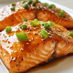 - 4 salmon fillets (6 ounces each) - 1/4 cup pure maple syrup - 2 tablespoons soy sauce (or tamari for gluten-free) - 1 tablespoon Dijon mustard - 1 tablespoon fresh lemon juice - 2 cloves garlic, minced - 1 teaspoon grated fresh ginger - Salt and black pepper to taste When I make maple glazed salmon, I start with fresh salmon fillets. They should be about six ounces each. I use pure maple syrup for the glaze. It gives a sweet and rich flavor. I add soy sauce for saltiness and depth. If you want a gluten-free option, tamari works well. Dijon mustard adds a nice tangy kick. Fresh lemon juice brightens the dish. I also add minced garlic for a savory touch. Grated ginger brings warmth and spice. I season the fillets with salt and black pepper to enhance the taste. - 2 green onions, finely chopped (for garnish) - Sesame seeds (for garnish) - Additional flavor enhancers For garnishing, I use finely chopped green onions. They add color and a mild onion flavor. Sesame seeds give a nutty crunch. You can sprinkle them on top for extra texture. These simple ingredients make the salmon shine. They add layers of flavor without overwhelming the dish. The glaze combines sweet and savory notes, while the garnish adds freshness. This balance makes the dish beautiful and tasty. Enjoy your cooking! {{ingredient_image_1}} Start by preheating your oven to 400°F (200°C). This high heat helps cook the salmon quickly. Next, take a baking sheet and line it with parchment paper. This step keeps the fish from sticking and makes cleanup easy. In a small bowl, mix the glaze ingredients. Combine 1/4 cup of maple syrup, 2 tablespoons of soy sauce, 1 tablespoon of Dijon mustard, and 1 tablespoon of fresh lemon juice. Then, add 2 minced garlic cloves and 1 teaspoon of grated ginger. Whisk until everything blends well. This sweet and savory mix will bring great flavor to the salmon. Place the salmon fillets on the prepared baking sheet. Make sure they are skin-side down. Sprinkle each fillet with salt and black pepper for taste. After seasoning, brush the maple glaze generously over the salmon. Be sure to coat each fillet well. Save some glaze for basting later. Put the salmon in the oven and bake it for 12 to 15 minutes. The fish should flake easily with a fork when done. At the 10-minute mark, baste the salmon with the reserved glaze. This extra glaze adds flavor and keeps the fish moist. Once the salmon is cooked, take it out of the oven. Let it rest for a couple of minutes. This resting time helps the juices settle. Finally, garnish the salmon with finely chopped green onions and a sprinkle of sesame seeds. These toppings add color and crunch to your dish. To check if your salmon is done, look for the fish to flake easily with a fork. The ideal temperature is 145°F (63°C). Use a food thermometer for best results. Avoid overcooking, as it can dry out the fish. Bake your salmon for 12 to 15 minutes. If you’re unsure, take it out a bit early. It will continue to cook while resting. You can swap ingredients based on your taste. Try using honey instead of maple syrup for a different sweetness. For a spicy kick, add some red pepper flakes or sriracha to the glaze. You can also use lime juice instead of lemon juice for a zesty twist. Experiment with different mustards like whole grain for more texture. Pair your maple glazed salmon with simple sides for a complete meal. Rice or quinoa works well as a base. Steamed broccoli or asparagus complements the dish nicely. A fresh salad with a light vinaigrette adds a crisp texture. You can even serve it with roasted potatoes for a heartier option. Enjoy the meal with family and friends for a delightful dining experience! Pro Tips Choose Fresh Salmon: Always opt for fresh, high-quality salmon for the best flavor and texture. Look for bright, moist fillets without any discoloration. Marinate for Extra Flavor: For a deeper flavor, allow the salmon to marinate in the maple glaze for 30 minutes to an hour before baking. This enhances the taste significantly. Watch Cooking Time: Salmon can overcook quickly. Keep an eye on it while baking; it should flake easily but still be moist. Aim for an internal temperature of 145°F (63°C). Experiment with Garnishes: Feel free to get creative with garnishes! Fresh herbs like cilantro or dill can add a nice touch, or try adding thinly sliced radishes for crunch. {{image_2}} Each serving of maple glazed salmon has: - Calories: 350 - Protein: 34 grams - Fats: 15 grams - Carbohydrates: 20 grams This dish packs a punch with protein from the salmon. It also has healthy fats that are good for your heart. The carbs come mainly from the maple syrup. This balance makes it a great meal for energy and muscle repair. Salmon is rich in omega-3 fatty acids. These fats help lower inflammation and improve heart health. It also provides high-quality protein, which supports muscle growth. Maple syrup adds a natural sweetness. It contains antioxidants that help fight free radicals. This can boost your immune system. Garlic and ginger are not just for flavor. Garlic can help lower blood pressure and cholesterol. Ginger aids digestion and can reduce nausea. Together, these ingredients make the dish not just tasty, but also healthy. This recipe serves four people. Each person gets one fillet. If you want to control your portions, you can cut the fillets in half. For a balanced meal, pair the salmon with vegetables or whole grains. This adds fiber and more nutrients. If you have dietary needs, adjust the sides accordingly. Enjoy your meal with confidence! You can choose between fresh and frozen salmon. Fresh salmon has a bright taste and firm texture. Frozen salmon is often just as good. It locks in flavor and can be very convenient. Wild salmon has a rich flavor. It comes from natural waters and often has a deeper color. Farmed salmon is milder and more affordable. It usually has a lighter hue. Both types work well for maple glazed salmon, so pick what you like best. You can switch up the glaze to match your taste. Try adding spices like paprika or cayenne for heat. If you want sweetness, mix in a bit of orange juice or zest. This adds a fresh twist to your dish. You can also use fresh herbs. Chopped rosemary or thyme can brighten the glaze. Experimenting keeps the meal exciting and fun! Baking is easy, but don’t stop there. Grilling salmon gives it a smoky flavor. The char from the grill adds depth. Just brush the glaze on before and during cooking. Pan-searing is another great option. It creates a crispy crust while keeping the inside moist. Heat oil in a pan, then cook the salmon skin-side down. Flip it over for a few minutes, then glaze it for a tasty finish. These methods change the texture and taste, making the dish your own. Yes, you can use other fish. Cod, tilapia, and trout work well. These fish have a mild taste and cook quickly. They will soak up the maple glaze nicely. You can also use halibut if you want a firmer texture. Just adjust the cooking time based on the thickness of the fish. You can store leftovers in the fridge or freezer. For the fridge, place salmon in an airtight container. It lasts up to three days in the fridge. If you want to freeze it, wrap the salmon in plastic wrap and place it in a freezer bag. It can stay fresh for up to three months. Thaw in the fridge before reheating for the best taste. Yes, you can use tamari instead of regular soy sauce. Tamari is a gluten-free soy sauce. It has a similar flavor, making it a great swap. You can also try coconut aminos as another gluten-free option. It is a bit sweeter and less salty, but it works well in this recipe. You can tell by checking the color and texture. The salmon should be opaque and flake easily with a fork. Another way is to use a meat thermometer. The internal temperature should reach 145°F (63°C). If you see it starts to turn white on the edges, it’s close to being done. Maple glazed salmon is simple and tasty. You learned about its key ingredients, like salmon, maple syrup, and garlic. I shared easy steps to make the dish perfectly. Tips and tricks help prevent overcooking and enhance flavors. Plus, you have options, from cooking methods to variations in glaze. This dish fits many tastes and diets. It's healthy and satisfying. Try this recipe for a fun, delicious meal. Enjoy your culinary journey!