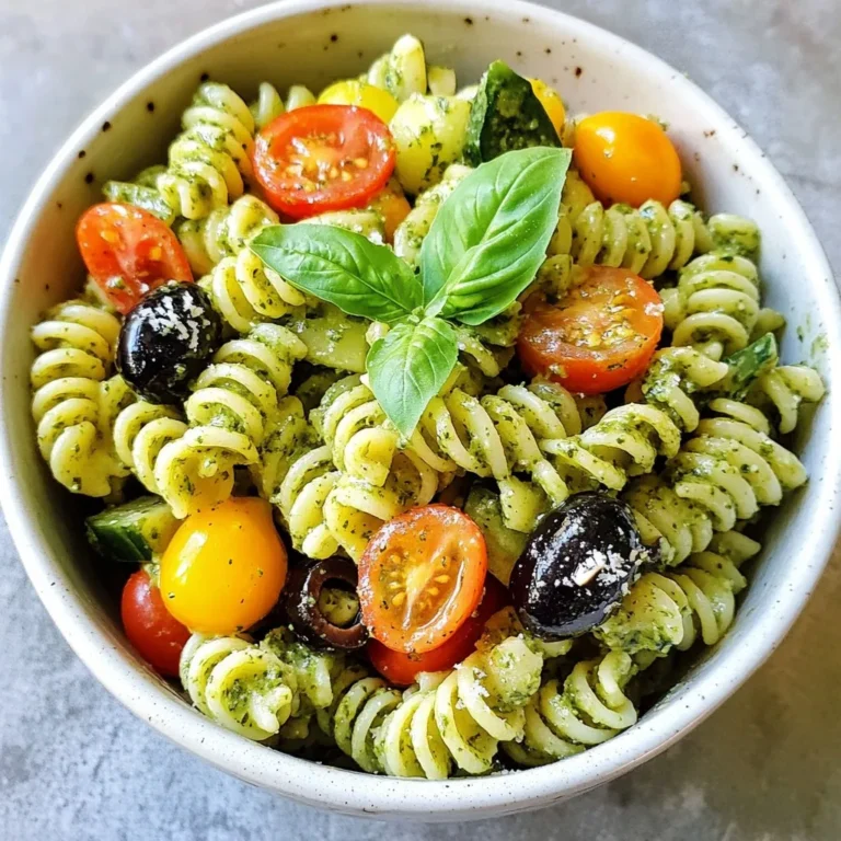 - 8 ounces of whole wheat pasta (fusilli or penne) - 2 cups fresh basil leaves - 1/4 cup nutritional yeast - 1/4 cup walnuts (or pine nuts) - 2 cloves garlic, minced - 1/4 cup olive oil - 1 tablespoon lemon juice - Salt and pepper to taste - 1 cup cherry tomatoes, halved - 1 cup diced cucumber - 1/2 cup black olives, sliced To make a tasty vegan pesto pasta salad, start with whole wheat pasta. I like fusilli or penne. Use eight ounces for four servings. Whole wheat pasta adds fiber and a nutty taste. Next, we need fresh basil leaves. You want two cups, packed tight. Basil gives the pesto its bright flavor. It’s the star of the show! For our pesto, grab some nutritional yeast. This adds a cheesy flavor without any dairy. A quarter cup is perfect. You can also use walnuts or pine nuts, about a quarter cup. They give the pesto great texture. Don't forget garlic! You’ll need two cloves, minced. Garlic adds depth and a bit of zest. Next, we need olive oil. About a quarter cup gives the pesto a smooth, creamy look. Add one tablespoon of lemon juice for freshness. It brightens the dish and balances flavors. Now, for the veggies! We’ll use one cup of halved cherry tomatoes and one cup of diced cucumber. These add color and crunch. Finally, add half a cup of sliced black olives. They bring a salty taste, making the salad even better. Season everything with salt and pepper to your liking. Now you have all the ingredients for a delightful vegan pesto pasta salad! {{ingredient_image_1}} To cook the pasta, start with a large pot of salted water. Bring it to a boil. Add 8 ounces of whole wheat pasta. I prefer fusilli or penne. Cook until the pasta is al dente, which means it should be firm but not hard. This usually takes about 8 to 10 minutes. Once done, drain the pasta and rinse it under cold water. Rinsing stops the cooking process and cools the pasta. This helps the pasta hold its shape and prevents it from getting mushy later. For the pesto, you need a food processor. This tool makes blending easy. Start by adding 2 cups of fresh basil leaves, 1/4 cup of nutritional yeast, and 1/4 cup of walnuts or pine nuts to the processor. Add 2 minced garlic cloves and 1 tablespoon of lemon juice. Pulse these ingredients until they are coarsely chopped. While the processor runs, slowly drizzle in 1/4 cup of olive oil. This creates a creamy pesto. Stop to scrape down the sides if needed. Finally, season with salt and pepper to taste. In a large mixing bowl, combine the cooled pasta and the pesto. Stir well until the pasta is fully coated. This is where the magic happens! Next, gently fold in 1 cup of halved cherry tomatoes, 1 cup of diced cucumber, and 1/2 cup of sliced black olives. These veggies add texture and flavor to your salad. To enhance the flavors, cover the salad and refrigerate it for at least 30 minutes. The chilling time allows the pesto to soak into the pasta and veggies. You can serve the salad chilled or at room temperature. Both options taste great! For a nice touch, serve it in a large salad bowl and garnish with extra basil leaves and a sprinkle of nutritional yeast. If you need to skip nuts due to allergies, sunflower seeds work great! They add a nice crunch without the nutty flavor. You can also try pumpkin seeds for a different taste. Both options keep your pesto creamy and rich. For herbs, you can mix it up! Try using parsley or spinach instead of basil. These herbs give a fresh taste and change the color. You can combine different herbs for a unique flavor. This vegan pesto pasta salad pairs well with grilled veggies or a light soup. You can serve it alongside a crisp green salad or with baked tofu for protein. The salad is tasty and filling! When it comes to presentation, serve it in a large salad bowl. Garnish with extra basil leaves and a sprinkle of nutritional yeast for a pop of color. You can also drizzle a little olive oil on top. This makes the dish look even more inviting! Pro Tips Fresh Basil is Key: For the best flavor, use fresh basil leaves instead of dried. They provide a vibrant taste that enhances the pesto. Customize Your Nuts: While walnuts are a great choice, feel free to experiment with different nuts like almonds or cashews for a unique twist on the pesto. Chill for Flavor: Allowing the pasta salad to chill for at least 30 minutes helps the flavors meld together, making each bite more delicious. Make Ahead: This salad keeps well in the fridge, making it perfect for meal prep. Just add the veggies right before serving to keep them fresh. {{image_2}} You can make your vegan pesto pasta salad even better by adding proteins. Chickpeas are a great choice. They add texture and make the salad filling. Tofu is another option. You can cube it and toss it in. Both options provide healthy protein. Changing up the vegetables also keeps the salad fresh. You can use seasonal veggies like bell peppers, zucchini, or even asparagus. Each veggie brings its unique taste and color. This keeps your salad exciting all summer long! If you need a gluten-free version, choose gluten-free pasta. There are many types available, like brown rice or chickpea pasta. These alternatives work well in salads and help you enjoy the dish without gluten. When making pesto, you may need to tweak the consistency. Gluten-free pasta can absorb more sauce. You might want to add a bit more olive oil or lemon juice. This ensures your pesto stays creamy and flavorful. You can keep your vegan pesto pasta salad in the fridge for about three days. Store it in an airtight container. This helps keep the flavors fresh and prevents it from drying out. Glass containers work well because they won’t absorb odors. If you use plastic, choose BPA-free options. You can freeze vegan pesto pasta salad, but it may change in texture. The veggies might get mushy after thawing. If you still want to freeze it, do so without the fresh veggies. You can add them after you thaw the salad. To thaw, place it in the fridge overnight. This allows it to defrost slowly. When ready to serve, mix in fresh veggies for crunch and color. To make your vegan pesto nut-free, you can use seeds instead of nuts. Sunflower seeds or pumpkin seeds work well. They provide good texture and flavor without nuts. Just blend them in the food processor as you would with nuts. You can also skip the seeds if you prefer a simpler pesto. Yes, you can make pesto ahead of time. Store it in an airtight container in the fridge. It stays fresh for about 5 to 7 days. To keep it from browning, drizzle a little olive oil on top before sealing. You can also freeze it for longer storage, up to 3 months. Fusilli or penne pasta works great for pasta salad. These shapes hold onto the pesto well, giving each bite flavor. You can also try rotini or farfalle for a fun twist. These shapes add texture and make your salad look appealing. To make your salad creamier, add a little more olive oil to the pesto. You can also mix in some vegan yogurt or silken tofu. This adds a nice creamy texture without changing the flavor much. Blend until smooth and creamy for a delightful salad. This blog post covers how to make a tasty vegan pesto pasta salad. We discussed the ingredients you need, like whole wheat pasta and fresh veggies. I shared tips for cooking the pasta and making a delicious pesto. Mixing everything creates a refreshing dish you can serve cold or at room temperature. Remember, you can customize it with different nuts and veggies. This salad is easy to store, so enjoy it for days. Dive in and create your version of this healthy, fun meal!