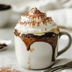 - 4 tablespoons all-purpose flour - 4 tablespoons granulated sugar - 2 tablespoons unsweetened cocoa powder - 1/8 teaspoon baking powder - 1/8 teaspoon salt - 3 tablespoons milk - 2 tablespoons vegetable oil - 1/4 teaspoon vanilla extract - 2 tablespoons semi-sweet chocolate chips - 2 tablespoons white chocolate chips - 2 tablespoons dark chocolate chips Each ingredient plays a key role in making the mug cake tasty. The all-purpose flour gives structure. Sugar adds sweetness and helps with browning. Cocoa powder gives that rich chocolate flavor. Baking powder makes the cake rise. Salt enhances all the flavors. Milk and vegetable oil keep the cake moist. Vanilla extract adds warmth and depth. The chocolate chips add bursts of chocolate joy. For this mug cake, I use three types of chocolate: semi-sweet, white, and dark. Semi-sweet chocolate chips create a balance between sweet and rich. White chocolate chips add a creamy touch. Dark chocolate chips bring intense flavor to your cake. When choosing chocolate, look for high-quality brands. Check the cocoa content. Higher cocoa means richer flavor. Aim for chocolate with minimal additives. Quality chocolate makes your mug cake even better. {{ingredient_image_1}} 1. Start with a microwave-safe mug. I like using one that holds about 12 oz. 2. Add 4 tablespoons of all-purpose flour. This gives the cake its structure. 3. Next, add 4 tablespoons of granulated sugar. It makes the cake sweet. 4. Now, add 2 tablespoons of unsweetened cocoa powder for rich chocolate flavor. 5. Add 1/8 teaspoon of baking powder. This helps the cake rise. 6. Add 1/8 teaspoon of salt to enhance the flavors. 7. Stir the dry ingredients well until mixed. 8. Time to add the wet ingredients. Pour in 3 tablespoons of milk. 9. Next, add 2 tablespoons of vegetable oil for moisture. 10. Add 1/4 teaspoon of vanilla extract for extra flavor. 11. Mix everything until the batter is smooth. Make sure there are no lumps. 12. Now, gently fold in 2 tablespoons of semi-sweet chocolate chips. 13. Add 2 tablespoons of white chocolate chips. 14. Finally, fold in 2 tablespoons of dark chocolate chips. Mix until they are evenly spread. 1. Place the mug in the microwave. Cook it on high for 1 minute and 30 seconds. 2. After cooking, check the cake. It should look set but moist. 3. If it’s still wet in the center, microwave it in 15-second increments. 4. Keep checking until it’s just right. 1. Let the mug cake cool for a minute before eating. 2. Serve it warm for the best taste. 3. Top with a dollop of whipped cream. 4. For a special touch, sprinkle cocoa powder or chocolate shavings on top. Enjoy your triple chocolate mug cake! - Over-mixing the batter: Mixing too much can make the cake tough. Stir just enough to combine the ingredients. You want a smooth batter, not a workout! - Under-cooking the cake: A mug cake that is too wet will not taste good. Microwave it for 1 minute and 30 seconds. If needed, add 15 seconds more until it’s just right. - Sweetness adjustment tips: If you like less sweetness, cut back on sugar. Try using 3 tablespoons instead of 4. Taste the batter before cooking to find your perfect level. - Ensuring moisture without overcooking: The cake should be moist but not mushy. Keep an eye on it as it cooks. Let it cool for a minute after microwaving. This helps the flavors blend. - How to select the right mug for cooking: Use a microwave-safe mug that holds at least 12 ounces. Make sure it’s not too small, or the batter might overflow. A wider mug helps the cake cook evenly. - Safety tips for microwave use: Always watch your cake as it cooks. Microwaves can vary. Avoid using metal mugs. Stick to ceramic or glass for safety. Pro Tips Use a Larger Mug: Make sure to use a mug that is at least 12 oz to allow the cake to rise without overflowing. Customize Your Chocolate: Feel free to mix and match different types of chocolate chips or even add nuts for extra texture. Check Doneness Carefully: Microwaves vary in power, so keep an eye on your mug cake to avoid overcooking; it should be moist but not wet. Enhance with Toppings: For an indulgent treat, top your mug cake with whipped cream, chocolate syrup, or fresh berries before serving. {{image_2}} You can customize your triple chocolate mug cake in fun ways. Adding nuts, like walnuts or pecans, gives a nice crunch. You can also toss in some berries or banana slices for a fruity twist. Each bite will surprise you with new flavors. If you want to switch up the chocolate, you can try different types. Use milk chocolate for a sweeter cake or go for dark chocolate if you love rich flavors. You can even mix in some mint chocolate chips for a refreshing touch. If you need gluten-free options, swap the all-purpose flour for gluten-free flour. Many brands work well, so check for one that you like. This change keeps your cake tasty and safe for gluten-sensitive folks. For a vegan version, replace the milk with almond or coconut milk. You can also use a plant-based oil. To keep it egg-free, simply follow the recipe as it is. This way, everyone can enjoy this treat! After baking, let your cake cool for a minute. It tastes amazing warm! You can add a scoop of ice cream on top for a creamy contrast. Fresh fruit, like strawberries or raspberries, also pairs nicely with chocolate. For toppings, think outside the box! A sprinkle of cocoa powder or chocolate shavings adds flair. You can even drizzle it with caramel or chocolate sauce for extra sweetness. These ideas make your mug cake feel like a fancy dessert. To store your leftover mug cake, let it cool completely. Then, place it in an airtight container. It will stay fresh for about two days in the fridge. If you want to keep it longer, you can freeze it. For reheating, take it out of the container and place it in the microwave. Heat it for about 15 to 30 seconds. Check if it’s warm throughout before enjoying it again. Yes, you can freeze the mug cake! To freeze, wrap it tightly in plastic wrap or place it in a freezer-safe container. It can last up to three months in the freezer. When you’re ready to eat, take it out and let it thaw in the fridge overnight. For reheating, place it in the microwave for about 30 seconds to one minute. This will help restore its moist texture. A mug cake is a quick dessert made in a mug. It cooks in the microwave and is ready in minutes. This treat is popular because it is fast and fun. You can make it easily with simple ingredients. Plus, you can enjoy it right from the mug! Yes, you can double the recipe. Just use a larger mug or two mugs. For each mug, you will need: - 8 tablespoons all-purpose flour - 8 tablespoons granulated sugar - 4 tablespoons unsweetened cocoa powder - 1/4 teaspoon baking powder - 1/4 teaspoon salt - 6 tablespoons milk - 4 tablespoons vegetable oil - 1/2 teaspoon vanilla extract - 4 tablespoons semi-sweet chocolate chips - 4 tablespoons white chocolate chips - 4 tablespoons dark chocolate chips Mix the ingredients as before. Microwave each mug for 1 minute and 30 seconds. Check if they need more time. You can make this mug cake without eggs. Here are some tips for egg substitutions: - Use 1/4 cup unsweetened applesauce for one egg. - Use 1 tablespoon ground flaxseed mixed with 2.5 tablespoons water. Let it sit for a few minutes. - Use 1/4 cup yogurt or silken tofu. Blend it smooth first. These substitutes work well in mug cakes. They keep it moist and tasty. Enjoy your egg-free treat! This guide provided a complete look at making a mug cake. You learned about the ingredients, why each one is important, and how to choose the best chocolate. I shared clear steps to prepare, cook, and serve your mug cake perfectly. Remember to avoid common mistakes for the best results. Explore fun variations to suit your taste and needs. Finally, I covered how to store leftovers and answered some common questions. Enjoy your delicious mug cake adventure!