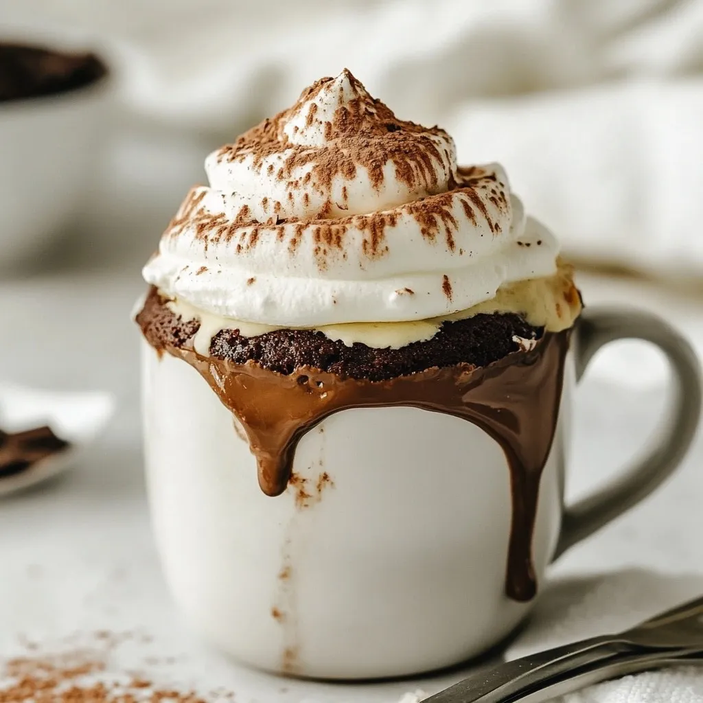 - 4 tablespoons all-purpose flour - 4 tablespoons granulated sugar - 2 tablespoons unsweetened cocoa powder - 1/8 teaspoon baking powder - 1/8 teaspoon salt - 3 tablespoons milk - 2 tablespoons vegetable oil - 1/4 teaspoon vanilla extract - 2 tablespoons semi-sweet chocolate chips - 2 tablespoons white chocolate chips - 2 tablespoons dark chocolate chips Each ingredient plays a key role in making the mug cake tasty. The all-purpose flour gives structure. Sugar adds sweetness and helps with browning. Cocoa powder gives that rich chocolate flavor. Baking powder makes the cake rise. Salt enhances all the flavors. Milk and vegetable oil keep the cake moist. Vanilla extract adds warmth and depth. The chocolate chips add bursts of chocolate joy. For this mug cake, I use three types of chocolate: semi-sweet, white, and dark. Semi-sweet chocolate chips create a balance between sweet and rich. White chocolate chips add a creamy touch. Dark chocolate chips bring intense flavor to your cake. When choosing chocolate, look for high-quality brands. Check the cocoa content. Higher cocoa means richer flavor. Aim for chocolate with minimal additives. Quality chocolate makes your mug cake even better. {{ingredient_image_1}} 1. Start with a microwave-safe mug. I like using one that holds about 12 oz. 2. Add 4 tablespoons of all-purpose flour. This gives the cake its structure. 3. Next, add 4 tablespoons of granulated sugar. It makes the cake sweet. 4. Now, add 2 tablespoons of unsweetened cocoa powder for rich chocolate flavor. 5. Add 1/8 teaspoon of baking powder. This helps the cake rise. 6. Add 1/8 teaspoon of salt to enhance the flavors. 7. Stir the dry ingredients well until mixed. 8. Time to add the wet ingredients. Pour in 3 tablespoons of milk. 9. Next, add 2 tablespoons of vegetable oil for moisture. 10. Add 1/4 teaspoon of vanilla extract for extra flavor. 11. Mix everything until the batter is smooth. Make sure there are no lumps. 12. Now, gently fold in 2 tablespoons of semi-sweet chocolate chips. 13. Add 2 tablespoons of white chocolate chips. 14. Finally, fold in 2 tablespoons of dark chocolate chips. Mix until they are evenly spread. 1. Place the mug in the microwave. Cook it on high for 1 minute and 30 seconds. 2. After cooking, check the cake. It should look set but moist. 3. If it’s still wet in the center, microwave it in 15-second increments. 4. Keep checking until it’s just right. 1. Let the mug cake cool for a minute before eating. 2. Serve it warm for the best taste. 3. Top with a dollop of whipped cream. 4. For a special touch, sprinkle cocoa powder or chocolate shavings on top. Enjoy your triple chocolate mug cake! - Over-mixing the batter: Mixing too much can make the cake tough. Stir just enough to combine the ingredients. You want a smooth batter, not a workout! - Under-cooking the cake: A mug cake that is too wet will not taste good. Microwave it for 1 minute and 30 seconds. If needed, add 15 seconds more until it’s just right. - Sweetness adjustment tips: If you like less sweetness, cut back on sugar. Try using 3 tablespoons instead of 4. Taste the batter before cooking to find your perfect level. - Ensuring moisture without overcooking: The cake should be moist but not mushy. Keep an eye on it as it cooks. Let it cool for a minute after microwaving. This helps the flavors blend. - How to select the right mug for cooking: Use a microwave-safe mug that holds at least 12 ounces. Make sure it’s not too small, or the batter might overflow. A wider mug helps the cake cook evenly. - Safety tips for microwave use: Always watch your cake as it cooks. Microwaves can vary. Avoid using metal mugs. Stick to ceramic or glass for safety. Pro Tips Use a Larger Mug: Make sure to use a mug that is at least 12 oz to allow the cake to rise without overflowing. Customize Your Chocolate: Feel free to mix and match different types of chocolate chips or even add nuts for extra texture. Check Doneness Carefully: Microwaves vary in power, so keep an eye on your mug cake to avoid overcooking; it should be moist but not wet. Enhance with Toppings: For an indulgent treat, top your mug cake with whipped cream, chocolate syrup, or fresh berries before serving. {{image_2}} You can customize your triple chocolate mug cake in fun ways. Adding nuts, like walnuts or pecans, gives a nice crunch. You can also toss in some berries or banana slices for a fruity twist. Each bite will surprise you with new flavors. If you want to switch up the chocolate, you can try different types. Use milk chocolate for a sweeter cake or go for dark chocolate if you love rich flavors. You can even mix in some mint chocolate chips for a refreshing touch. If you need gluten-free options, swap the all-purpose flour for gluten-free flour. Many brands work well, so check for one that you like. This change keeps your cake tasty and safe for gluten-sensitive folks. For a vegan version, replace the milk with almond or coconut milk. You can also use a plant-based oil. To keep it egg-free, simply follow the recipe as it is. This way, everyone can enjoy this treat! After baking, let your cake cool for a minute. It tastes amazing warm! You can add a scoop of ice cream on top for a creamy contrast. Fresh fruit, like strawberries or raspberries, also pairs nicely with chocolate. For toppings, think outside the box! A sprinkle of cocoa powder or chocolate shavings adds flair. You can even drizzle it with caramel or chocolate sauce for extra sweetness. These ideas make your mug cake feel like a fancy dessert. To store your leftover mug cake, let it cool completely. Then, place it in an airtight container. It will stay fresh for about two days in the fridge. If you want to keep it longer, you can freeze it. For reheating, take it out of the container and place it in the microwave. Heat it for about 15 to 30 seconds. Check if it’s warm throughout before enjoying it again. Yes, you can freeze the mug cake! To freeze, wrap it tightly in plastic wrap or place it in a freezer-safe container. It can last up to three months in the freezer. When you’re ready to eat, take it out and let it thaw in the fridge overnight. For reheating, place it in the microwave for about 30 seconds to one minute. This will help restore its moist texture. A mug cake is a quick dessert made in a mug. It cooks in the microwave and is ready in minutes. This treat is popular because it is fast and fun. You can make it easily with simple ingredients. Plus, you can enjoy it right from the mug! Yes, you can double the recipe. Just use a larger mug or two mugs. For each mug, you will need: - 8 tablespoons all-purpose flour - 8 tablespoons granulated sugar - 4 tablespoons unsweetened cocoa powder - 1/4 teaspoon baking powder - 1/4 teaspoon salt - 6 tablespoons milk - 4 tablespoons vegetable oil - 1/2 teaspoon vanilla extract - 4 tablespoons semi-sweet chocolate chips - 4 tablespoons white chocolate chips - 4 tablespoons dark chocolate chips Mix the ingredients as before. Microwave each mug for 1 minute and 30 seconds. Check if they need more time. You can make this mug cake without eggs. Here are some tips for egg substitutions: - Use 1/4 cup unsweetened applesauce for one egg. - Use 1 tablespoon ground flaxseed mixed with 2.5 tablespoons water. Let it sit for a few minutes. - Use 1/4 cup yogurt or silken tofu. Blend it smooth first. These substitutes work well in mug cakes. They keep it moist and tasty. Enjoy your egg-free treat! This guide provided a complete look at making a mug cake. You learned about the ingredients, why each one is important, and how to choose the best chocolate. I shared clear steps to prepare, cook, and serve your mug cake perfectly. Remember to avoid common mistakes for the best results. Explore fun variations to suit your taste and needs. Finally, I covered how to store leftovers and answered some common questions. Enjoy your delicious mug cake adventure!