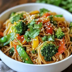 - 8 oz whole wheat or rice noodles - 1 tablespoon sesame oil - 1 tablespoon fresh ginger, grated - 2 cloves garlic, minced - 1 red bell pepper, julienned - 1 cup broccoli florets - 1 medium carrot, julienned - 1 cup snap peas - 3 green onions, sliced - 1/4 cup soy sauce (or tamari for gluten-free) - 2 tablespoons honey or maple syrup - 1 tablespoon rice vinegar - Sesame seeds for garnish - Fresh cilantro for garnish Each serving offers a balanced meal. You get about: - Calories: 380 - Protein: 12g - Fat: 12g - Carbohydrates: 60g - Fiber: 8g - Sugar: 8g This dish packs a good amount of fiber and protein. It keeps you full and satisfied. When shopping, look for bright colors and firm textures. Here are my tips: - Noodles: Choose whole wheat or rice noodles. They add great taste and texture. - Vegetables: Pick fresh broccoli, crisp snap peas, and bright bell peppers. - Ginger: Fresh ginger should feel firm and have a strong scent. Avoid dry pieces. - Garlic: Look for firm bulbs with no sprouting. Fresh garlic adds great flavor. - Herbs: Choose bright green cilantro with no brown spots. Fresh herbs make a difference. These tips help you create a tasty and healthy noodle bowl. Happy cooking! {{ingredient_image_1}} Start by boiling a large pot of water. Add 8 ounces of whole wheat or rice noodles. Cook them until they are al dente, which means they should have a slight bite. This usually takes about 6 to 8 minutes. After that, drain the noodles and rinse them under cold water. This stops the cooking and keeps them from getting too soft. In a small bowl, you will mix the sauce. Grab 1/4 cup of soy sauce or tamari if you're gluten-free. Add 2 tablespoons of honey or maple syrup for sweetness. Then, stir in 1 tablespoon of rice vinegar. Finally, add 1 tablespoon of fresh ginger, grated, and 2 cloves of minced garlic. Whisk everything together and set the sauce aside. Heat 1 tablespoon of sesame oil in a large skillet or wok over medium heat. Once hot, add the red bell pepper, broccoli florets, and julienned carrot. Sauté them for about 3 to 4 minutes until they start to soften. Next, toss in 1 cup of snap peas and cook for another 2 minutes. This keeps the veggies crunchy and bright. Now it’s time to bring everything together. Carefully add the cooked noodles to the skillet with the veggies. Pour the ginger sauce over the top. Gently toss everything together to mix well and heat through. This should take about 2 to 3 minutes. Once everything is combined, remove it from the heat. Stir in 3 sliced green onions for a fresh crunch. Divide the noodle bowl into 4 serving dishes. To finish, sprinkle sesame seeds and fresh cilantro on top. Enjoy your flavorful sesame ginger noodle bowl! To cook noodles just right, boil a large pot of water. Add your noodles and follow the package instructions. Aim for al dente, which means they should be firm but not hard. Drain the noodles and rinse them with cold water. This stops them from cooking. It also helps keep them from sticking together. You can make the ginger sauce your own. Start with soy sauce. For a gluten-free option, try tamari. Add honey or maple syrup for sweetness. Adjust the amount of ginger and garlic to fit your taste. Want more heat? Add a dash of red pepper flakes. Mix it well for a balanced flavor. To keep vegetables crisp, cook them for a short time. Heat your skillet or wok first before adding oil. Sauté your bell peppers, broccoli, and carrots for just 3-4 minutes. Add snap peas last and cook for another 2 minutes. This way, your veggies stay bright and crunchy. Presentation makes your dish more appealing. Use a large bowl to serve your noodles. Layer the noodles first, then the veggies. Garnish with sesame seeds and fresh cilantro. This adds color and texture. Serve with chopsticks for a fun dining experience. Pro Tips Use Fresh Ingredients: Fresh vegetables not only enhance the flavor but also add nutrients and vibrant color to your dish. Perfect Noodle Texture: Make sure to cook the noodles al dente to maintain their texture when mixed with the vegetables and sauce. Adjust Sweetness: You can adjust the amount of honey or maple syrup based on your personal taste preference for sweetness. Garnish for Flavor: Don't skip the sesame seeds and fresh cilantro; they add not just visual appeal but also enhance the dish's flavor profile. {{image_2}} You can easily make this dish gluten-free. Just swap regular soy sauce for tamari. Tamari has a similar taste and works great. Use rice noodles or gluten-free pasta instead of whole wheat noodles. These small changes keep your meal safe and tasty. This noodle bowl is simple to make vegetarian or vegan. Skip the honey and use maple syrup for sweetness. You can also add tofu for extra texture and protein. Firm tofu works best; just cube it and sauté with the veggies. This keeps your dish full of flavor without meat. Want to boost protein in your bowl? Try adding cooked chicken, shrimp, or beef. These proteins mix well with the ginger sauce. For a plant-based option, consider edamame or chickpeas. Both add great taste and nutrients. The key is to balance flavors while keeping it satisfying. Store any leftover sesame ginger noodle bowl in an airtight container. Make sure it cools before sealing. This helps keep the flavors fresh. The noodles will stay good for about three days in the fridge. If you notice any changes in smell or texture, it’s best to toss them. To reheat, place your noodles in a skillet over low heat. Add a splash of water or a drizzle of sesame oil to keep them moist. Stir gently until heated through, about 5 minutes. You can also use a microwave. Put the noodles in a safe dish, cover it, and heat for 1-2 minutes. Stir halfway through to warm evenly. You can freeze the noodle bowl if you want to keep it longer. Place the cooled noodles in a freezer-safe container. Make sure to leave some space for expansion. They can last up to three months in the freezer. When ready to eat, thaw in the fridge overnight, then reheat. You may want to add a bit of fresh sauce to boost flavor. If you don’t have sesame oil, try using olive oil or peanut oil. Both oils add nice flavor. You can also use avocado oil if you prefer a lighter taste. Remember, sesame oil has a unique nutty taste, so you may miss that. Yes, you can mix and match veggies! Snap peas, bell peppers, and carrots are great. You can add zucchini, mushrooms, or even spinach. Just make sure to cook them until they are tender. Choose your favorites to make the dish your own! This dish is mild. The ginger adds warmth, but it’s not very spicy. If you want more heat, add red pepper flakes or fresh chili. Start with a little, then taste and adjust. You can make it as spicy as you like! Absolutely! This noodle bowl is perfect for meal prep. Cook it ahead of time and store it in the fridge. Just keep the sauce and noodles separate if you want them fresh. Reheat easily for a quick meal during the week. Enjoy the flavors all week long! This blog post covered how to make a tasty dish using fresh ingredients. We looked at the key ingredients and their nutritional value. I gave tips for cooking noodles and preparing the ginger sauce. We also talked about customizing the recipe and storing leftovers. Remember, you can make this dish your own with different options. Enjoy trying new flavors and find what you love best. Happy cooking!