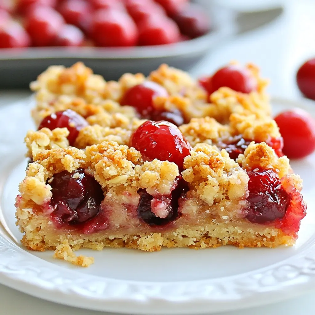 To make Cherry Almond Crumble Bars, you will need: - 1 cup all-purpose flour - 1/2 cup rolled oats - 1/2 cup brown sugar - 1/4 cup granulated sugar - 1/2 teaspoon baking powder - 1/4 teaspoon salt - 1/2 cup unsalted butter, melted - 1 teaspoon pure almond extract - 2 cups fresh or frozen cherries, pitted and halved - 1 tablespoon cornstarch - 1 tablespoon lemon juice - 1/4 teaspoon vanilla extract This mix of ingredients makes a sweet and tart treat. The cherries shine through, while the almond extract adds a lovely flavor. If you don’t have one of these ingredients, no worries! Here are some swaps: - All-purpose flour: Try whole wheat flour for a nuttier taste. - Brown sugar: Use coconut sugar for a caramel-like flavor. - Unsalted butter: Coconut oil can work as a dairy-free option. - Almond extract: Vanilla extract also adds a nice flavor if you’re out of almond. - Cornstarch: You can replace it with arrowroot powder for thickening. These swaps keep the recipe simple and fun, while still tasting great. Choosing fresh cherries is key to making your bars delicious. Here’s how to pick the best: - Color: Look for deep, rich colors. Dark red or black cherries are usually the sweetest. - Firmness: Gently squeeze the cherries. They should feel firm but not hard. - Stems: Check for green stems. Fresh cherries will have bright green, healthy stems. - Skin: The skin should be shiny and smooth, without blemishes. These tips will help you find cherries that add the best flavor to your crumble bars. Fresh cherries make all the difference! {{ingredient_image_1}} First, gather all your ingredients. This makes baking smooth and fun. You need: - 1 cup all-purpose flour - 1/2 cup rolled oats - 1/2 cup brown sugar - 1/4 cup granulated sugar - 1/2 teaspoon baking powder - 1/4 teaspoon salt - 1/2 cup unsalted butter, melted - 1 teaspoon pure almond extract - 2 cups fresh or frozen cherries, pitted and halved - 1 tablespoon cornstarch - 1 tablespoon lemon juice - 1/4 teaspoon vanilla extract Preheat your oven to 350°F (175°C). Grease a 9x9-inch baking pan, so the bars don’t stick. Preparing your pan ahead helps. In a large bowl, mix the flour, oats, brown sugar, granulated sugar, baking powder, and salt. Stir until everything looks even. Next, pour in the melted butter and almond extract. Use a fork or your hands to blend. You want it to look like coarse crumbs. Now, save 1 cup of this mixture and press the rest into the bottom of your pan. This forms the base. Bake it for 10-12 minutes until it turns lightly golden. While it bakes, take another bowl. Toss the cherries with cornstarch, lemon juice, and vanilla extract. This step makes sure the cherries taste great. When the base is ready, take it out and spread the cherry mix on top. Then sprinkle the reserved crumble mixture over the cherries. This will form a delicious topping. Return the pan to the oven and bake for 25-30 minutes. Look for a golden-brown top and bubbly cherries. Once baked, let the pan cool on a rack for 15 minutes. This helps the bars set. After that, transfer the bars to a wire rack to cool completely. When they are cool, cut them into squares. Enjoy these tasty cherry almond crumble bars as a snack or dessert! When making cherry almond crumble bars, a few missteps can ruin your treat. First, do not skip the cornstarch. It helps thicken the cherry filling. If you don’t use it, your bars may turn out too runny. Next, be careful with the baking time. Overbaking can make the crumble hard. Aim for a golden brown color. Lastly, don’t forget to cool the bars properly. Cutting them too soon can lead to messy pieces. For a perfect crumble, mix the dry ingredients well. This ensures even flavor throughout. Use cold butter when mixing. It creates a nice, flaky texture. I like to use my fingertips to mix. This method helps control the crumble size. If you want a nutty flavor, try adding chopped almonds. They complement the almond extract wonderfully. Make sure to reserve that one cup of crumble for the topping. It adds a nice crunch on top! To make your bars even more special, try these tips. Add a pinch of cinnamon to the crumble mix. It gives a warm, inviting flavor. You can also mix in a splash of almond extract with the cherries. This boosts the almond taste even more. If you're feeling adventurous, add a squeeze of orange juice instead of lemon. It brightens the cherry flavor nicely. Finally, consider topping the bars with a scoop of vanilla ice cream. It balances the sweet and tart flavors beautifully. Pro Tips Use Fresh Cherries: For the best flavor and texture, opt for fresh cherries when they are in season. They add a vibrant taste and juicy texture to the bars. Customize Your Nuts: Feel free to add chopped almonds or other nuts to the crumble topping for an extra crunch and flavor boost. Let Them Cool: Allow the bars to cool completely before cutting to ensure clean, even slices. This will help the filling set properly. Serve with Ice Cream: These crumble bars pair wonderfully with a scoop of vanilla ice cream for a delightful dessert experience. {{image_2}} You can change the cherries to other fruits. Try using blueberries, raspberries, or peaches. These fruits give a fresh twist to the bars. Just keep the same amount of fruit. You can also mix different fruits for more flavor. The mix of sweet and tart will taste great. If you need a gluten-free option, swap the all-purpose flour. Use a gluten-free flour blend instead. Make sure the blend has xanthan gum for better texture. You can also use almond flour for a nutty taste. This keeps the bars soft and chewy. To make these bars nut-free, skip the almond extract. You can use vanilla extract instead. This still adds sweet flavor without nuts. If you want a bit of crunch, try sunflower seeds. They add a nice texture without the nuts. To keep your cherry almond crumble bars fresh, store them in an airtight container. This helps protect them from air and moisture. You can keep them at room temperature for up to three days. If you want to store them longer, refrigeration is a good option. They can last up to a week in the fridge. Just remember to let them cool fully before storing. If you want to enjoy warm bars, preheat your oven to 350°F (175°C). Place the bars on a baking sheet and heat for about 8-10 minutes. This warms them through and makes the topping crispy again. You can also use a microwave, but keep the time short. Heat for 15-20 seconds, so they don’t get too soft. Freezing is a great way to save your cherry almond crumble bars. First, cut them into individual bars. Wrap each bar tightly in plastic wrap. Then place them in a freezer bag or container. They can last up to three months in the freezer. When you're ready to enjoy them, thaw overnight in the fridge. You can reheat them as mentioned before for the best taste. Yes, you can use frozen cherries. They work just as well as fresh ones. When using frozen cherries, do not thaw them beforehand. Just toss them with cornstarch, lemon juice, and vanilla extract straight from the freezer. This keeps the cherries juicy and flavorful while baking. You will know the bars are done when the topping is golden brown. Look for the cherries to be bubbly, which shows they are cooked through. The edges may also pull away slightly from the pan. If you insert a toothpick, it should come out clean from the crumble. To cut crumble bars, let them cool in the pan for about 15 minutes. This helps them firm up. Use a sharp knife for clean cuts. Run the knife along the edges first, then slice into squares. For perfect shapes, wipe the knife between cuts. Enjoy your neat, delicious bars! In this blog post, I covered the key ingredients and substitutions for your crumble. I shared step-by-step instructions to ensure perfect baking. I highlighted tips for avoiding common mistakes and enhancing flavor and texture. Variations allow you to be creative with seasonal fruits and dietary needs. I also provided best storage practices and answered your burning FAQs. With these insights, you can bake delicious crumble bars that everyone will love. Enjoy your baking adventure!