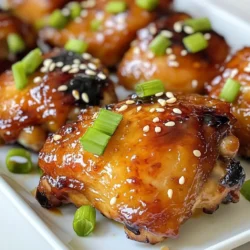 To make Sticky Honey Soy Chicken, you need a few key items. Here’s what you’ll gather: - 4 chicken thighs, boneless and skinless - 1/4 cup soy sauce - 1/4 cup honey - 2 tablespoons rice vinegar - 2 cloves garlic, minced - 1 inch ginger, grated - 1 tablespoon sesame oil - 1/2 teaspoon black pepper These ingredients create a sweet and savory flavor that makes this dish shine. You can add some fresh toppings to enhance your dish. I suggest: - 2 stalks green onion, chopped - Sesame seeds These garnishes add color and a nice crunch. If you don’t have something on hand, don’t worry! Here are some easy swaps: - Chicken thighs: Use chicken breasts or drumsticks instead. - Soy sauce: Try tamari for a gluten-free option. - Honey: Maple syrup works as a sweet alternative. - Rice vinegar: Use apple cider vinegar if you need a substitute. These substitutions will still give you a tasty meal. {{ingredient_image_1}} First, gather your ingredients. You need soy sauce, honey, rice vinegar, garlic, ginger, sesame oil, and black pepper. In a medium bowl, whisk them together. This mix is your marinade. The soy sauce gives saltiness, while honey adds sweetness. Garlic and ginger add a nice kick. This marinade will make your chicken taste amazing! Now, take your chicken thighs. Place them in a large zip-top bag or a shallow dish. Pour the marinade over the chicken. Make sure every piece is coated well. Seal the bag or cover the dish. You can marinate for 30 minutes or up to 4 hours. The longer, the better the flavor! Preheat your oven to 400°F (200°C). Line a baking dish with parchment paper for easy cleanup. Remove the chicken from the marinade, but save the marinade for later. Place the chicken in the dish and bake for 20 minutes. While it bakes, take the reserved marinade and pour it into a small saucepan. Bring it to a boil over medium heat, then reduce the heat. Let it simmer for 5-7 minutes until it thickens. After 20 minutes, take the chicken out. Baste it with some thickened marinade. Put it back in the oven for another 10-15 minutes. Make sure it reaches 165°F (75°C) inside. Once it's cooked, let the chicken rest for a few minutes. Slice it up and drizzle the rest of the thickened marinade over it. Garnish with green onions and sesame seeds. Now, your sticky honey soy chicken is ready to enjoy! To get the best chicken, focus on marinating. Marinate for at least 30 minutes. If you have time, marinate for up to 4 hours. This will make the chicken juicy and flavorful. Bake your chicken at 400°F (200°C) for even cooking. Use a meat thermometer to check for doneness. The chicken should reach 165°F (75°C) inside. Let the chicken rest for a few minutes after baking. This helps keep it moist. The key to great flavor is in the marinade. Use fresh garlic and ginger for a strong taste. Make sure to mix the soy sauce and honey well. This balance of sweet and salty makes the dish shine. If you like heat, add a pinch of red pepper flakes. Basting the chicken with the thickened marinade adds even more flavor. Don’t skip this step—it makes a difference! For this recipe, gather a few kitchen tools. You will need a medium bowl for mixing the marinade. A large zip-top bag or shallow dish works well for marinating. Use a baking dish lined with parchment paper for easy cleanup. A meat thermometer is essential for checking chicken doneness. Finally, a small saucepan helps to reduce the marinade into a tasty sauce. These tools make your cooking process smooth and fun! Pro Tips Marinate Longer for Flavor: Letting the chicken marinate for up to 4 hours allows the flavors to penetrate more deeply, resulting in a more flavorful dish. Use a Meat Thermometer: To ensure perfectly cooked chicken, use a meat thermometer to check that it reaches an internal temperature of 165°F (75°C). Save the Marinade: Always boil the reserved marinade before using it as a sauce to ensure it's safe to eat and thickens nicely for a glossy finish. Garnish for Presentation: A sprinkle of chopped green onions and sesame seeds adds not only flavor but also a beautiful presentation to your dish. {{image_2}} You can switch the chicken thighs for other meats. Try chicken breasts for a leaner choice. Pork tenderloin works well too. If you love seafood, use salmon or shrimp. Each option adds its own taste, but the marinade stays great. Want to mix things up? You can add more flavors to the marinade. Try adding some chili paste for heat. A splash of orange juice gives a nice citrus twist. You can also use different types of vinegar, like apple cider or balsamic, for a new taste. You can cook Sticky Honey Soy Chicken in many ways. Grilling adds a smoky flavor that pairs well with the sauce. If you have an air fryer, it cooks quickly and gives a nice crisp. Baking is easy and keeps the chicken juicy. Choose the method that fits your mood! After enjoying your Sticky Honey Soy Chicken, let any leftovers cool down. Place the chicken in an airtight container. Store it in the fridge for up to three days. This way, the chicken stays fresh and tasty. To reheat, take the chicken out of the fridge. You can use a microwave or an oven. If using a microwave, place it on a microwave-safe plate. Heat for about 1-2 minutes, checking to see if it’s hot. For the oven, set it to 350°F (175°C). Place the chicken on a baking sheet for about 10-15 minutes. This keeps the chicken juicy and warm. If you want to keep the sticky chicken longer, freezing is a great option. First, let the chicken cool completely. Then, wrap it tightly in plastic wrap. Place the wrapped chicken in a freezer bag. Make sure to remove as much air as possible. You can freeze it for up to three months. When you’re ready to eat, thaw it in the fridge overnight before reheating. You have many choices for sides with Sticky Honey Soy Chicken. Some great options include: - Steamed rice - Fried rice - Quinoa - Stir-fried vegetables - A fresh salad These sides balance the sweetness of the chicken. They also add color and texture to your meal. You can mix and match to suit your taste. Yes, you can easily make this recipe gluten-free. Just swap regular soy sauce for gluten-free soy sauce or tamari. Check the rice vinegar for gluten-free labeling as well. Many brands make gluten-free versions, so it’s easy to find one. Cooked Sticky Honey Soy Chicken lasts about 3 to 4 days in the fridge. To keep it fresh, store it in an airtight container. Always let the chicken cool before sealing it. For best taste, eat the chicken within this time frame. This article explored sticky honey soy chicken, from ingredients to storage. You learned about key ingredients, optional garnishes, and swaps. I shared steps for making the marinade and cooking the chicken. You found tips for cooking it just right and ways to mix it up. Finally, we discussed how to store leftovers and answered common questions. Now, you have all the tools to make this tasty dish your own. Enjoy cooking!