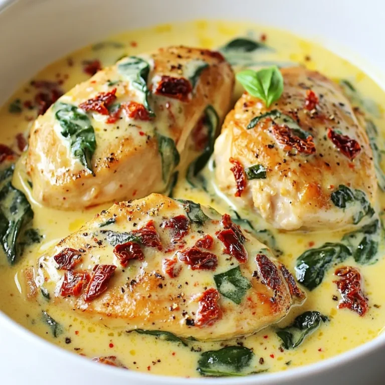 - 4 boneless, skinless chicken breasts - 1 cup sun-dried tomatoes (packed in oil, drained and chopped) - 1 cup heavy cream - 1 cup chicken broth - 1 cup baby spinach - 3 cloves garlic, minced - 1 medium onion, finely chopped - Fresh basil for garnish (optional) - 1 teaspoon Italian seasoning - ½ teaspoon red pepper flakes (optional for heat) - Salt and pepper to taste - 2 tablespoons olive oil - Fresh basil for added flavor and color When I make creamy sun-dried tomato chicken, I love the mix of fresh ingredients and pantry staples. The chicken gives the dish a hearty base. The sun-dried tomatoes add a sweet, tangy punch. Heavy cream makes the sauce rich and smooth. Baby spinach brings a pop of green that brightens the dish. Each ingredient plays a key role in making this meal come alive. {{ingredient_image_1}} First, season your chicken breasts. Use salt, pepper, and Italian seasoning on both sides. This adds great flavor. Heat olive oil in a large skillet over medium-high heat. Once hot, add the chicken. Sear each side for 5-7 minutes. You want them golden brown and cooked through. Remove the chicken from the skillet and set it aside. Next, lower the heat to medium. In the same skillet, add the chopped onion. Sauté for about 3-4 minutes until it becomes translucent. Then, add the minced garlic. Cook this for another minute while stirring frequently. This helps release the garlic's aroma. After that, stir in the chopped sun-dried tomatoes and red pepper flakes if you like some heat. Cook for 2 more minutes to let the flavors blend. Now it’s time to make the cream sauce. Pour in the chicken broth and bring it to a gentle simmer. Slowly add the heavy cream while stirring. Let this simmer for about 5 minutes. You want it to thicken slightly, creating a rich sauce. This is where the magic happens! Add the baby spinach to the sauce. Stir until the spinach wilts down and is fully mixed in. Then, return the seared chicken to the skillet. Spoon some sauce over the chicken. Let everything simmer together for 2-3 minutes. This helps the chicken soak up all those tasty flavors. Finally, check the seasoning and adjust with salt and pepper if needed. Serve your creamy sun-dried tomato chicken over pasta, rice, or with some crusty bread. Enjoy! To get juicy chicken, start with even thickness. Use a meat mallet to pound the chicken breasts if needed. Season them well with salt, pepper, and Italian seasoning. Sear the chicken in hot olive oil for about 5-7 minutes per side. Look for a golden brown color and check that the internal temperature hits 165°F. Let the chicken rest for a few minutes after cooking. This step keeps it moist. Want to boost the flavor? Add fresh herbs like thyme or oregano while cooking. A splash of lemon juice at the end brightens the dish. If you like heat, add more red pepper flakes or a dash of hot sauce. You can also mix in grated Parmesan cheese for extra creaminess. Don’t skip the garlic; it adds depth to the sauce. Creamy sun-dried tomato chicken pairs perfectly with pasta, rice, or crusty bread. Serve it over fettuccine for a restaurant-style meal. Add a side of steamed vegetables or a fresh salad for balance. Garnish the dish with fresh basil or parsley to make it pop. Enjoy this dish with your favorite wine for a special touch. Pro Tips Perfectly Cooked Chicken: To ensure your chicken is juicy and tender, use a meat thermometer. Cook to an internal temperature of 165°F (75°C). Sun-Dried Tomato Quality: Opt for high-quality sun-dried tomatoes packed in oil for the best flavor. They add richness to the dish. Thickening the Sauce: If you prefer a thicker sauce, let it simmer longer or add a cornstarch slurry (1 tablespoon cornstarch mixed with 2 tablespoons cold water) to achieve your desired consistency. Serving Suggestions: This dish pairs wonderfully with a side of garlic bread or over a bed of creamy polenta for a comforting meal. {{image_2}} You can swap chicken breasts for other proteins. Try using boneless thighs for more flavor. For a lighter option, use turkey cutlets. If you prefer plant-based meals, tofu or tempeh works well. Just ensure you adjust cooking times as needed. Feel free to boost the nutrition by adding more vegetables. Zucchini, bell peppers, or mushrooms blend nicely with the sauce. Simply chop them and sauté with the onions. You can also add broccoli or asparagus for a colorful touch. Adding veggies makes the dish more hearty and healthy. You can play with the sauce to suit your taste. For a tangy twist, add a splash of lemon juice. If you like it creamy but lighter, mix in Greek yogurt instead of all heavy cream. Want a kick? Add more red pepper flakes for heat. Experimenting with the sauce lets you make this dish your own! To store leftovers, let the creamy sun-dried tomato chicken cool. Place it in an airtight container. Make sure to cover it tightly. Store in the fridge for up to three days. This way, you keep the flavors fresh and tasty. When you're ready to enjoy leftovers, take the chicken out of the fridge. Place it in a skillet over medium heat. Add a splash of chicken broth or water to help it warm up. Stir gently until it's hot all the way through. You can also use the microwave. Heat in short bursts, stirring in between, until warm. If you want to freeze the dish, first cool it completely. Then, transfer it to a freezer-safe container. Make sure to leave some space at the top for expansion. Seal it well and label it with the date. It will stay good for up to three months. To thaw, move it to the fridge overnight before reheating. Yes, you can use dried sun-dried tomatoes. Just soak them in warm water for about 20 minutes. This will help soften them. Once they are soft, chop them up and add them to your dish. They may not have as much flavor as the oil-packed ones, so adjust your seasonings accordingly. To make creamy sun-dried tomato chicken dairy-free, swap the heavy cream for coconut milk or cashew cream. Both options give you a rich, creamy texture. You can also use dairy-free cheese for extra flavor. Just make sure to check the labels for any hidden dairy. This dish pairs well with many sides. Here are a few great options: - Pasta: Toss it with olive oil or butter. - Rice: White or brown rice works well. - Crusty bread: Perfect for soaking up the sauce. - Steamed vegetables: Broccoli or green beans add color and nutrients. Creamy sun-dried tomato chicken will last about 3 to 4 days in the fridge. Store it in an airtight container to keep it fresh. When you're ready to enjoy it again, just reheat it on the stove or in the microwave. This blog post covered fresh ingredients, cooking steps, and helpful tips for creamy sun-dried tomato chicken. You now have ideas for variations and storage advice. Enjoy experimenting with flavors and ingredients to make this dish your own. Remember, cooking should be fun and creative. Keep these tips in mind as you get started. Enjoy your meal!