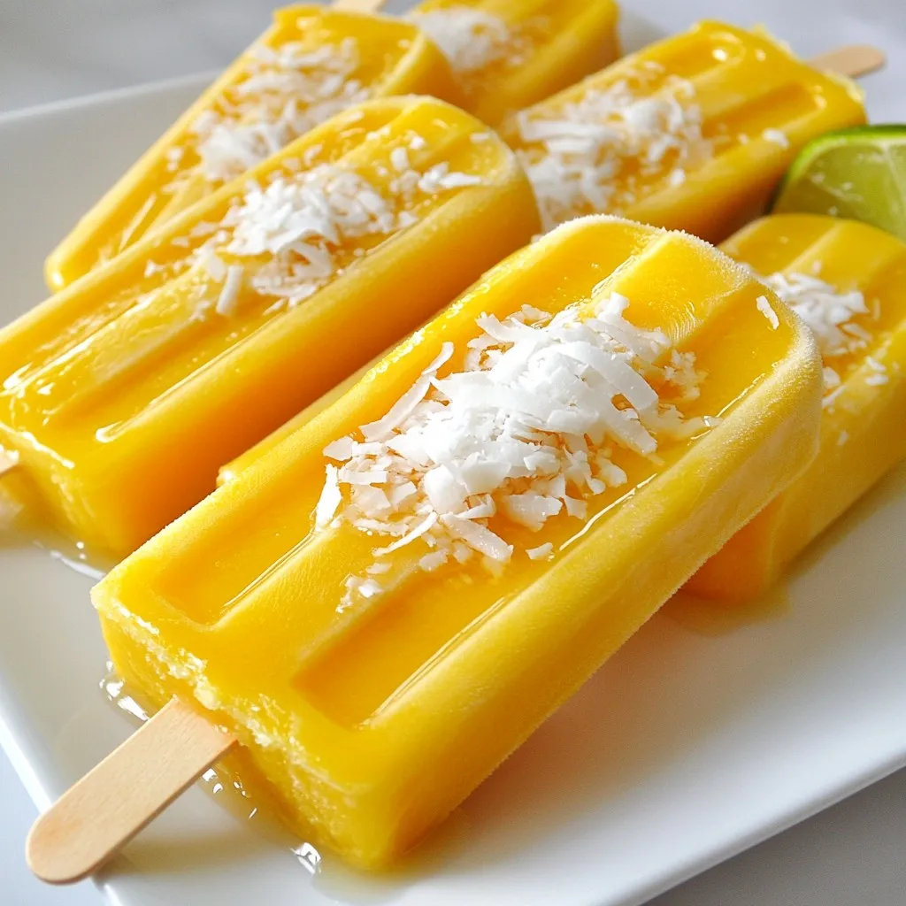 - 2 ripe mangoes, peeled and diced - 1 cup coconut milk - 2 tablespoons honey or agave syrup - 1 tablespoon lime juice - 1/4 teaspoon salt - 1/2 cup shredded coconut (optional) What can I use instead of honey or agave syrup? You can use maple syrup or coconut sugar. Both options give a nice flavor. What if I want a non-dairy option for coconut milk? Try almond milk or oat milk. These will change the taste but still taste good. Should I use fresh or frozen mangoes? Fresh mangoes are best for flavor. Frozen mangoes can work if fresh ones aren't available. They save time and can be just as sweet. {{ingredient_image_1}} First, gather your ingredients. You need ripe mangoes, coconut milk, honey or agave syrup, lime juice, salt, and shredded coconut. 1. Blending the ingredients smoothly: Place the diced mangoes, coconut milk, honey or agave syrup, lime juice, and salt in a blender. Blend this mixture until it is smooth and creamy. You want a nice, thick texture. 2. Adjusting sweetness to preference: After blending, taste the mixture. If it needs more sweetness, add a little more honey or agave syrup. Blend again until mixed. This step lets you make the ice pops just right for your taste. Now, it's time to fill the molds. 1. Tips for avoiding overflow: Pour the mango-coconut mixture into the ice pop molds. Leave a bit of space at the top. This space helps when the mixture expands as it freezes. 2. Properly inserting sticks: After filling, insert the sticks into the molds. Make sure they stand up straight. This will help you grab the ice pops easily later. Let’s freeze these treats! 1. Recommended freezing time: Place the filled molds in the freezer. Let them freeze for about 4 to 6 hours. This time ensures the pops are solid and ready to eat. 2. Methods for easy release: When it’s time to eat, run warm water over the outside of the molds for a few seconds. This helps loosen the ice pops. Then, gently pull them out. Enjoy your refreshing mango coconut ice pops! To get the best texture, focus on your ingredient ratios. Use two ripe mangoes and one cup of coconut milk. This mix gives your pops a smooth and creamy base. I also like to add shredded coconut. It adds a nice chewiness and makes the pops more fun to eat. If you want, fold in half a cup of shredded coconut after blending. Present your ice pops with flair. Serve them on a colorful platter. You can add lime wedges and extra shredded coconut on top. This makes your dish bright and appealing. Pair the pops with a light dessert, like a fruit salad. The fresh flavors complement each other well. Watch out for over-blending your mixture. If it gets too thin, your pops won’t hold their shape. On the flip side, under-blending leaves chunks of mango. They may not freeze well. Always taste the mixture before freezing. Adjust the sweetness to your liking. If you want it sweeter, add more honey or agave syrup. Pro Tips Choose Ripe Mangoes: Ensure your mangoes are perfectly ripe for the best flavor. They should have a slight give when gently squeezed and emit a sweet aroma. Experiment with Sweeteners: Feel free to adjust the sweetness by using different types of sweeteners like maple syrup or stevia, depending on your dietary preference. Add a Flavor Twist: Consider adding a splash of coconut extract or vanilla to enhance the flavor profile of your ice pops. Use Fresh Ingredients: For the best taste, use fresh lime juice instead of bottled, as it brightens the overall flavor of the pops. {{image_2}} You can mix flavors to make your ice pops even better. Try adding berries like strawberries or blueberries. They add color and sweetness. You can also blend in other fruits like bananas or peaches. These fruits can change the taste while still keeping it refreshing. Citrus fruits are another great option. Think about adding orange or lemon juice. This gives your ice pops a zesty kick. The bright flavors from citrus will balance the sweetness of the mango. You can even add some zest for an extra burst of flavor. If you want to make a lighter version, consider low-calorie sweeteners. Stevia or erythritol are good choices. They keep the sweetness but lower the calories. You can adjust the amount to suit your taste. For a dairy-free option, use plant-based milks. Almond, oat, or soy milk work well. These alternatives keep the ice pops creamy without using coconut milk. This way, you can enjoy a tasty treat without dairy. Kids love fun and colorful treats. Add mix-ins like small pieces of fruit or candy. This makes the ice pops exciting and fun to eat. You can also let them choose their favorite flavors to add. Making mini-sized ice pops is another fun idea. Use smaller molds to create bite-sized treats. Kids will love having their own little popsicles. Plus, they freeze faster, so they can enjoy them sooner! To keep your mango coconut ice pops fresh, use airtight containers. Silicone molds work great. They help with easy removal too. If you don’t have molds, try small plastic cups. Just cover them with plastic wrap to keep the air out. When freezing, place the pops in the coldest part of your freezer. This helps them freeze faster and stay firm. Avoid placing them near the door. Frequent opening can cause temperature changes. Mango coconut ice pops can last up to two months in the freezer. They taste best when eaten fresh, though. After a month, check for changes in texture or flavor. Look for signs of spoilage. If the pops have ice crystals or a strange smell, it’s time to toss them. Always trust your senses! Fresh is best for that sweet, creamy experience. It usually takes about 4 to 6 hours to freeze Mango Coconut Ice Pops. The pops need to be solid to hold their shape. If you want to speed up the process, you can chill the mixture before pouring it into the molds. This can cut down on freezing time. Yes, you can use fresh mangoes instead of frozen. Fresh mangoes offer a bright flavor, but they may need more time to blend smoothly. Frozen mangoes are already sweet and cold, making them easy to blend. If you use fresh mangoes, make sure they are ripe for the best taste. If you want to swap out honey or agave syrup, here are some good options: - Maple syrup - Coconut sugar - Stevia - Brown sugar - Date syrup Each sweetener will change the flavor slightly, so pick one that you like best! You now have all the steps to make Mango Coconut Ice Pops. Start with ripe mangoes, blend with coconut milk, and sweeten to taste. Remember to follow the tips for texture and avoid common mistakes. You can get creative with flavors and serving ideas, too. By storing them properly, your ice pops will stay fresh longer. Enjoy experimenting with variations to make these treats fun for everyone. Now, it’s time to make your own delicious ice pops and share them with friends!