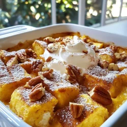 To make this tasty dish, you need a few key items: - 1 loaf of brioche or challah bread, cut into cubes - 2 cups milk - 4 large eggs - 1 cup pumpkin puree - 1/3 cup brown sugar - 1 teaspoon vanilla extract - 1 tablespoon pumpkin spice blend (or a mix of cinnamon, nutmeg, and ginger) - 1/2 teaspoon salt These ingredients work together to create a rich and creamy base. The bread soaks up all the flavors, making each bite delightful. You can personalize your casserole with some fun extras. Consider adding: - 1/2 cup chopped pecans - Maple syrup for serving - Whipped cream for topping These additions can enhance the taste and texture. Pecans add a nice crunch, while whipped cream and syrup make it feel like a treat. For the best results, I recommend using brioche or challah bread. They are soft and rich. Their texture holds up well when soaked. You can also use other bread types if you prefer. Just ensure it is thick and sturdy. This will make your casserole more delicious and satisfying. {{ingredient_image_1}} First, gather your ingredients. You need milk, eggs, pumpkin puree, brown sugar, vanilla, pumpkin spice, and salt. In a large bowl, whisk them all together. Make sure they blend well. This step creates a smooth and creamy mixture. It will soak into the bread later. You can also add chopped pecans for extra crunch. Now, take your loaf of brioche or challah bread. Cut it into small cubes. Spread these cubes evenly in a greased 9x13 inch baking dish. This helps each piece soak up the mixture. Pour the pumpkin mixture over the bread. Press down gently to ensure all pieces are soaked. If you added pecans, sprinkle them on top now. Cover the dish with foil. Let it sit for at least 30 minutes. For more flavor, you can refrigerate it overnight. Preheat your oven to 350°F (175°C). Place the covered dish in the oven and bake for 30 minutes. After that, remove the foil. Bake for another 15 to 20 minutes. You want the top to turn golden brown. When it’s done, take it out and let it cool slightly. Serve with a drizzle of maple syrup and whipped cream if you like. Enjoy your warm and cozy casserole! To get rich flavor, always use fresh pumpkin puree. You can make your own from real pumpkins. This gives a fuller taste than canned. Use good quality bread like brioche or challah. They soak up the mixture well and stay soft. Add a little more pumpkin spice if you like strong flavors. It will make each bite taste like fall. One common mistake is not letting the bread soak long enough. This can leave the bread dry. Make sure to press down on the bread as you pour the mixture. This helps every piece soak up the goodness. Another mistake is using low-fat milk. Full-fat milk makes the casserole creamy and rich. Lastly, don’t skip the foil when baking. It helps the casserole cook evenly and stay moist. Soaking the bread is key to a great casserole. Cut the bread into cubes that are about one inch. This size allows for even soaking. When you pour the egg mixture, cover all pieces. Use a spatula to press them down gently. If you can, let it sit overnight in the fridge. This gives the flavors time to blend and makes it even tastier. Pro Tips Use Day-Old Bread: For the best texture, use bread that is a day or two old. It will absorb the custard mixture better without becoming too soggy. Spice Variations: Feel free to adjust the spices according to your preference. Add more cinnamon for extra warmth or nutmeg for a hint of sweetness. Let it Rest: Allowing the casserole to sit for at least 30 minutes or overnight in the fridge helps the flavors meld and enhances the overall taste. Serving Suggestions: Serve with a dusting of powdered sugar or a sprinkle of cinnamon on top for an extra touch of sweetness and presentation. {{image_2}} You can change the spices in your casserole. Use cardamom for a warm touch. Allspice adds a nice depth. Cloves can give it a bold kick. You could even try a mix of different spices. Just remember, start with small amounts. You can always add more, but you can't take it out! Fruits can brighten up your casserole. Try adding sliced bananas or fresh apples for sweetness. Dried fruits like raisins or cranberries work great too. Nuts give a nice crunch. Chopped walnuts or pecans are perfect. You can mix and match fruits and nuts for fun flavors. Just make sure to adjust the added sugar if the fruits are sweet. You can make this dish gluten-free easily. Use gluten-free bread for your base. For dairy-free options, swap regular milk for almond or oat milk. You can also use dairy-free yogurt instead of eggs. This will keep the texture nice. Just check labels to ensure all your ingredients are safe. Enjoy your tasty twist! To store leftovers, let the casserole cool completely. Then, cover it tightly with plastic wrap or foil. You can also use an airtight container. This keeps it fresh for about 3 to 4 days in the fridge. If you have extra toppings like whipped cream, store them separately. This way, they stay fresh and tasty. For the best taste, reheat the casserole in the oven. Preheat the oven to 350°F (175°C). Place the casserole in an oven-safe dish and cover it with foil. Heat for about 15 to 20 minutes, or until warm. You can also use the microwave. Just heat slices for about 30 seconds to 1 minute, checking often. Add maple syrup again after reheating for a fresh touch. If you want to freeze the casserole, do it before baking. After preparing the dish, cover it tightly with plastic wrap, then foil. You can freeze it for up to 3 months. When you're ready to bake, thaw it in the fridge overnight. Then, bake as directed. This makes for a quick and tasty breakfast option! Yes, you can make this casserole ahead of time. I suggest preparing it the night before. Just cover it and place it in the fridge. Letting it soak overnight helps the bread absorb the flavors. This way, you save time in the morning and enjoy a tasty breakfast. If you don’t have pumpkin puree, you can use mashed bananas or applesauce. These options give a nice sweetness and moisture. You can also use butternut squash puree if you want a different flavor. Just make sure it has a similar texture to pumpkin puree for best results. Check if the top is golden brown and firm to touch. You can also insert a knife in the center. If it comes out clean, the casserole is ready. The edges should pull away slightly from the dish. Let it cool for a few minutes before serving. This post covered how to make a tasty Pumpkin Spice French Toast Casserole. We discussed key ingredients, step-by-step instructions, and tips for the best results. You learned about variations, storage methods, and answered common questions. With this knowledge, you can enjoy a warm and cozy dish. Try different toppings and flavors to make it your own. Your brunch gatherings will truly impress with this recipe. Happy cooking!