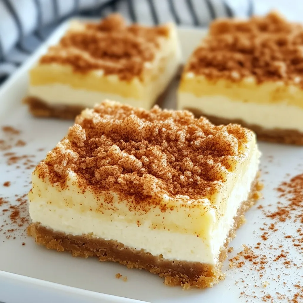 To make these tasty bars, gather these ingredients: - 1 ½ cups all-purpose flour - 1 cup granulated sugar - ½ cup unsalted butter, softened - 1 large egg - 1 teaspoon vanilla extract - 1 teaspoon baking powder - ½ teaspoon cream of tartar - ¼ teaspoon salt - 8 oz cream cheese, softened - ½ cup powdered sugar - 1 teaspoon cinnamon - 1 egg yolk These items form the base and filling of your snickerdoodle cheesecake bars. You can customize your bars with these options: - Use brown sugar instead of granulated sugar for a deeper flavor. - Add chopped nuts like pecans or walnuts for crunch. - Swap the cream cheese for mascarpone for a unique twist. - Try using pumpkin spice instead of cinnamon for a seasonal flavor. These additions can enhance your dessert experience. Understanding your ingredients can help you make better bars: - Cream Cheese: Make sure it's softened for a smooth filling. - Cream of Tartar: This gives snickerdoodles their classic taste and texture. - Butter: Use unsalted butter for better control over salt levels. - Eggs: The large egg binds everything while the egg yolk adds richness. These notes ensure your bars come out perfect every time. {{ingredient_image_1}} Before we start, gather all your ingredients. Preheat your oven to 350°F (175°C). Line an 8x8-inch baking pan with parchment paper. Leave some overhang to help lift the bars out later. In a bowl, cream together ½ cup of softened butter and 1 cup of granulated sugar. Mix until it’s fluffy. Now, add 1 large egg and 1 teaspoon of vanilla extract. Beat it in until well mixed. In another bowl, whisk together 1 ½ cups of all-purpose flour, 1 teaspoon of baking powder, ½ teaspoon of cream of tartar, and ¼ teaspoon of salt. Gradually mix this dry mix into your wet mix. Stir just until combined. Press about two-thirds of the dough into the bottom of your prepared pan. Make sure it’s even and thick enough to hold the cheesecake layer. In a clean bowl, beat together 8 oz of softened cream cheese and ½ cup of powdered sugar. Add 1 teaspoon of cinnamon and 1 egg yolk. Beat until smooth and creamy. Spread the cheesecake filling over the snickerdoodle base. Use a spatula to smooth it out. Crumble the remaining snickerdoodle dough on top of the cheesecake. This adds a tasty layer. Place the pan in your preheated oven. Bake for 30-35 minutes. The edges should be lightly golden, and the center should be set. Once baked, remove the pan from the oven. Let the bars cool for at least 30 minutes in the pan. Transfer the pan to the fridge. Chill for at least 2 hours to help with slicing. When ready, use the parchment to lift the bars out. Cut them into squares and serve. Enjoy your delicious snickerdoodle cheesecake bars! To get a creamy texture, use softened cream cheese. Cold cream cheese clumps and does not mix well. Ensure your butter is also softened. This helps to create a fluffy base. Bake until the edges are light brown. The center should still jiggle slightly. Let the bars cool before slicing. This makes them easier to cut. One mistake is overmixing the batter. This can lead to tough bars. Another mistake is skipping the chilling step. Chilling helps the bars set properly. Also, be careful with the oven temperature. An oven that is too hot may burn the edges. Always check for doneness at the lower baking time. Serve these bars chilled for the best taste. You can dust them with more cinnamon for a nice look. A drizzle of caramel sauce adds a sweet touch. Fresh whipped cream can enhance the dessert's creaminess. Pair them with a scoop of vanilla ice cream for a delightful combo. Pro Tips Chill the Cream Cheese: Ensure your cream cheese is at room temperature for a smoother cheesecake filling. This helps it blend more easily with the powdered sugar and cinnamon. Don't Overmix: When combining the cheesecake filling ingredients, mix just until smooth. Overmixing can add too much air, causing cracks during baking. Use Parchment Paper: Lining your baking pan with parchment paper not only prevents sticking but also makes it easier to lift the bars out for slicing. Let Them Cool Completely: Allow the bars to cool at room temperature before chilling in the refrigerator. This helps set the cheesecake layer properly for clean slices. {{image_2}} You can make these bars gluten-free. Use gluten-free all-purpose flour instead of regular flour. Check that your other ingredients, like baking powder and cream of tartar, are gluten-free. This swap keeps the taste and texture great. To make these bars vegan, you need to change a few ingredients. Use a vegan butter substitute in place of the unsalted butter. Replace the egg with a flax egg (1 tablespoon ground flaxseed mixed with 3 tablespoons water). For the cheesecake layer, use vegan cream cheese. These swaps work well and keep the flavor rich. You can add extra flavors to your bars. Try mixing in chocolate chips or chopped nuts for added crunch. You can also swap cinnamon for nutmeg or pumpkin spice for a new twist. Adjust the sweetness with more or less powdered sugar based on your taste. Feel free to experiment! After you enjoy your Snickerdoodle Cheesecake Bars, store leftovers in an airtight container. This keeps them fresh for up to five days. Make sure they cool completely before sealing. You can also place parchment paper between layers to avoid sticking. If you want to save some for later, freezing works great! To freeze, let the bars cool fully. Then, cut them into squares. Wrap each square in plastic wrap, then place them in a freezer-safe bag. They can last for up to three months in the freezer. When you're ready to eat them, just thaw in the fridge overnight. To reheat, take a square out and let it sit at room temperature for a few minutes. If you want it warm, place it in the microwave for about 10-15 seconds. Serve with a sprinkle of cinnamon on top for an extra flavor boost! Enjoy your treats warm or cold! Yes, you can make these bars ahead of time. They store well in the fridge for up to five days. Just keep them in an airtight container. This makes them perfect for parties or potlucks. You can also freeze them for up to three months. Just wrap them tightly in plastic wrap and foil. To cut the cheesecake bars neatly, use a sharp knife. Start by dipping the knife in hot water, then wipe it dry. This helps prevent sticking. Cut the bars into squares while they are cold. This keeps the layers intact and makes for a clean cut. You can tell if the bars are done when the edges are lightly golden. The center should be set but still slightly jiggles when you shake the pan. If they look too wobbly, give them a few more minutes in the oven. Remember, they will firm up as they cool. You can try using mascarpone or ricotta cheese. Both will give a different taste and texture. Just remember that cream cheese gives the bars a classic cheesecake flavor. If you switch, adjust the sugar to balance the taste. To amp up the cinnamon, add an extra half teaspoon to the filling. You can also sprinkle some on top before baking. If you love a strong cinnamon taste, try using cinnamon sugar on the crust. This adds a nice crunch and extra flavor. In this post, we explored how to make Snickerdoodle Cheesecake Bars. We covered the key ingredients, step-by-step instructions, and useful tips. You learned how to avoid common mistakes and even tried fun variations. Remember, the right baking technique gives you great texture. Plus, proper storage keeps your bars fresh. I hope these insights inspire you to bake and enjoy these delicious treats. Happy baking, and enjoy every bite!