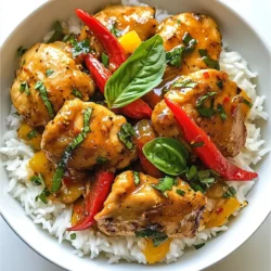- 500g boneless chicken thighs - 2 tablespoons vegetable oil - 4 cloves minced garlic - 2-3 Thai red chilies - 1 bell pepper - 1 medium onion - 2 cups fresh Thai basil leaves - 3 tablespoons soy sauce - 1 tablespoon oyster sauce - 1 tablespoon fish sauce - 1 tablespoon sugar - Cooked jasmine rice - Optional garnishes (lime juice, extra basil, chilies) Spicy Thai basil chicken is a tasty dish that brings heat and flavor. The main ingredients include tender chicken thighs, fragrant garlic, and fresh basil. The Thai red chilies add spice, while the bell pepper and onion give crunch. You start with the chicken. I like boneless thighs for their juicy taste. The vegetable oil helps everything cook well. Minced garlic and chilies give the dish its bold flavor. Adjust the chilies to fit your spice level. For sauces, I use soy sauce, fish sauce, and oyster sauce. These add a rich, umami taste. The sugar balances the saltiness and creates a nice glaze. I like serving this dish over jasmine rice. It soaks up all the flavors. You can garnish with lime juice, extra basil, or sliced chilies for a pop of color. Enjoy your meal! {{ingredient_image_1}} 1. Start by slicing 500g of boneless chicken thighs into thin strips. This helps the chicken cook quickly and evenly. 2. Next, mince 4 cloves of garlic and 2-3 Thai red chilies. You can adjust the chilies based on how spicy you want the dish. 3. Slice one bell pepper and one medium onion. Use red or green bell pepper for a nice color. 1. Heat 2 tablespoons of vegetable oil in a large skillet or wok over medium-high heat. This oil will help cook the chicken and add flavor. 2. Add the minced garlic and chilies to the hot oil. Stir-fry for about 30 seconds. Be careful! You don’t want to burn the garlic. 3. Now, increase the heat to high and add the sliced chicken thighs. Cook for about 5-7 minutes, stirring often. Make sure the chicken is browned and cooked through. 4. Next, toss in the sliced onion and bell pepper. Cook for another 2-3 minutes until they start to soften. This adds more flavor and texture. 5. In a small bowl, mix together 3 tablespoons of soy sauce, 1 tablespoon of fish sauce, 1 tablespoon of oyster sauce (if using), and 1 tablespoon of sugar. Pour this sauce over the chicken and veggies. Stir well to coat everything evenly. 1. Add 2 cups of fresh Thai basil leaves last. Toss the mixture together just until the basil wilts. This will keep the basil fresh and bright. 2. Remove the skillet from the heat. Serve the spicy Thai basil chicken over cooked jasmine rice. Garnish with extra basil leaves and sliced chilies for a nice pop of color. You can also add a lime wedge for extra flavor. Enjoy! To control the heat in your spicy Thai basil chicken, you can use fewer chilies. Start with one chili and taste it. You can always add more if you like it hotter. Another option is to substitute with milder peppers. Bell peppers or poblano peppers give flavor without too much heat. Fresh basil is key to this dish. It adds a bright and fragrant taste. Always use fresh Thai basil leaves if you can find them. If you can’t, regular basil will do. Balancing sweetness is also important. The sugar helps to cut through the heat and saltiness. Adjust the sugar based on your taste. Using a wok can give your dish a different flavor. Woks heat up quickly and cook food evenly. If you don’t have a wok, a skillet works just fine. Make sure the chicken is cooked thoroughly. You want it to reach an internal temperature of 165°F. This ensures your meal is safe and delicious. Pro Tips Adjusting Heat Level: If you prefer a milder dish, reduce the number of Thai red chilies or remove the seeds before mincing them. Quality of Ingredients: Use fresh Thai basil for the best flavor; it’s essential for achieving the authentic taste of this dish. Marinating Chicken: For extra flavor, marinate the chicken thighs in soy sauce and garlic for 15-30 minutes before cooking. Serving Suggestions: Pair with lime wedges and pickled vegetables to enhance the dish and add a refreshing touch. {{image_2}} You can switch up the protein in Spicy Thai Basil Chicken. Try using shrimp or tofu for a twist. Shrimp cooks quickly and adds a nice sweetness. Tofu soaks up the flavors well, making it a great vegan option. If you want red meat, substitute chicken with beef. Beef adds a hearty taste and pairs nicely with the spices. To make this dish vegetarian or vegan, omit the fish sauce and oyster sauce. You can replace these with soy sauce or tamari for depth. Consider adding more vegetables. Broccoli, carrots, or snap peas can give color and crunch. This way, you keep the dish vibrant and full of flavor. You can adapt this recipe for different Asian cuisines. For example, add local spices like cumin or coriander for a unique twist. You can also use different herbs, like mint or cilantro. These changes can give your dish a new flavor profile, making it fun to experiment. Each variation brings a new taste that can surprise your guests! After you enjoy your spicy Thai basil chicken, store any leftovers in an airtight container. This keeps the flavors fresh and prevents spills. You can safely eat it within three days. Always check for any off smells before reheating. If you want to save it for later, freezing works well. Place the chicken in a freezer-safe bag or container. Try to remove as much air as possible to prevent freezer burn. You can freeze it for up to three months. When ready to eat, thaw it overnight in the fridge. Reheat in a skillet over low heat to keep the chicken tender and juicy. You can batch cook this dish for easy meals during the week. Just double the recipe and store it in portions. It reheats well in the microwave or on the stove. Serve it over fresh jasmine rice for a quick lunch or dinner. This makes your meal prep simple and tasty! Spicy Thai Basil Chicken is a popular Thai dish. It features chicken, fresh basil, and chili. This meal comes from Thailand, where basil adds a unique flavor. The dish is quick to cook and full of taste. It combines sweet, salty, and spicy notes, making it delightful. You can enjoy it over jasmine rice, which absorbs the sauce well. Yes, you can make Spicy Thai Basil Chicken gluten-free. Use gluten-free soy sauce instead of regular soy sauce. You can also skip the oyster sauce since it often contains gluten. Always check labels to ensure your sauces are gluten-free. This way, you can enjoy this dish without worry. Serve Spicy Thai Basil Chicken in a large bowl. Place it over a bed of jasmine rice. This helps balance the flavors. You can garnish with extra basil leaves for color. Add a couple of sliced chilies to make it look pretty. A wedge of lime on the side adds freshness, too. Many dishes pair well with Spicy Thai Basil Chicken. Here are some great options: - Steamed broccoli for a healthy crunch. - A simple cucumber salad for a refreshing contrast. - Fried rice for a filling side. - Spring rolls as a tasty appetizer. These sides will complete your meal and enhance the flavors. This recipe for Spicy Thai Basil Chicken brings bold flavors and easy steps together. You learned about key ingredients, tips for perfecting the taste, and fun variations. With options for protein and spice levels, the dish can fit anyone's taste. Remember, fresh basil is key to a great outcome, and serving it over jasmine rice enhances the meal. Enjoy exploring this delicious recipe and make it your own. Simple to prepare, it will surely impress at any table.