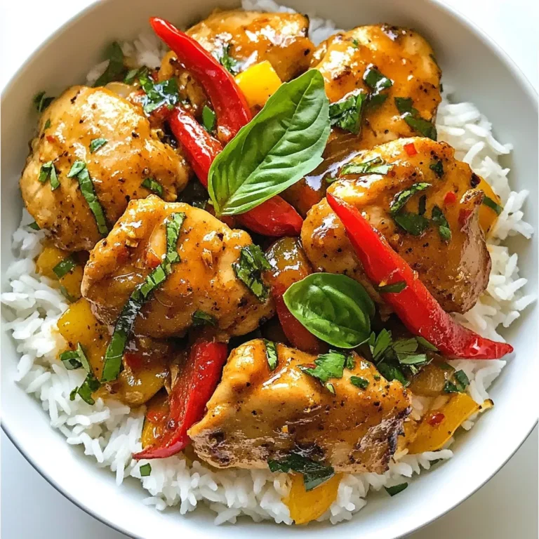 - 500g boneless chicken thighs - 2 tablespoons vegetable oil - 4 cloves minced garlic - 2-3 Thai red chilies - 1 bell pepper - 1 medium onion - 2 cups fresh Thai basil leaves - 3 tablespoons soy sauce - 1 tablespoon oyster sauce - 1 tablespoon fish sauce - 1 tablespoon sugar - Cooked jasmine rice - Optional garnishes (lime juice, extra basil, chilies) Spicy Thai basil chicken is a tasty dish that brings heat and flavor. The main ingredients include tender chicken thighs, fragrant garlic, and fresh basil. The Thai red chilies add spice, while the bell pepper and onion give crunch. You start with the chicken. I like boneless thighs for their juicy taste. The vegetable oil helps everything cook well. Minced garlic and chilies give the dish its bold flavor. Adjust the chilies to fit your spice level. For sauces, I use soy sauce, fish sauce, and oyster sauce. These add a rich, umami taste. The sugar balances the saltiness and creates a nice glaze. I like serving this dish over jasmine rice. It soaks up all the flavors. You can garnish with lime juice, extra basil, or sliced chilies for a pop of color. Enjoy your meal! {{ingredient_image_1}} 1. Start by slicing 500g of boneless chicken thighs into thin strips. This helps the chicken cook quickly and evenly. 2. Next, mince 4 cloves of garlic and 2-3 Thai red chilies. You can adjust the chilies based on how spicy you want the dish. 3. Slice one bell pepper and one medium onion. Use red or green bell pepper for a nice color. 1. Heat 2 tablespoons of vegetable oil in a large skillet or wok over medium-high heat. This oil will help cook the chicken and add flavor. 2. Add the minced garlic and chilies to the hot oil. Stir-fry for about 30 seconds. Be careful! You don’t want to burn the garlic. 3. Now, increase the heat to high and add the sliced chicken thighs. Cook for about 5-7 minutes, stirring often. Make sure the chicken is browned and cooked through. 4. Next, toss in the sliced onion and bell pepper. Cook for another 2-3 minutes until they start to soften. This adds more flavor and texture. 5. In a small bowl, mix together 3 tablespoons of soy sauce, 1 tablespoon of fish sauce, 1 tablespoon of oyster sauce (if using), and 1 tablespoon of sugar. Pour this sauce over the chicken and veggies. Stir well to coat everything evenly. 1. Add 2 cups of fresh Thai basil leaves last. Toss the mixture together just until the basil wilts. This will keep the basil fresh and bright. 2. Remove the skillet from the heat. Serve the spicy Thai basil chicken over cooked jasmine rice. Garnish with extra basil leaves and sliced chilies for a nice pop of color. You can also add a lime wedge for extra flavor. Enjoy! To control the heat in your spicy Thai basil chicken, you can use fewer chilies. Start with one chili and taste it. You can always add more if you like it hotter. Another option is to substitute with milder peppers. Bell peppers or poblano peppers give flavor without too much heat. Fresh basil is key to this dish. It adds a bright and fragrant taste. Always use fresh Thai basil leaves if you can find them. If you can’t, regular basil will do. Balancing sweetness is also important. The sugar helps to cut through the heat and saltiness. Adjust the sugar based on your taste. Using a wok can give your dish a different flavor. Woks heat up quickly and cook food evenly. If you don’t have a wok, a skillet works just fine. Make sure the chicken is cooked thoroughly. You want it to reach an internal temperature of 165°F. This ensures your meal is safe and delicious. Pro Tips Adjusting Heat Level: If you prefer a milder dish, reduce the number of Thai red chilies or remove the seeds before mincing them. Quality of Ingredients: Use fresh Thai basil for the best flavor; it’s essential for achieving the authentic taste of this dish. Marinating Chicken: For extra flavor, marinate the chicken thighs in soy sauce and garlic for 15-30 minutes before cooking. Serving Suggestions: Pair with lime wedges and pickled vegetables to enhance the dish and add a refreshing touch. {{image_2}} You can switch up the protein in Spicy Thai Basil Chicken. Try using shrimp or tofu for a twist. Shrimp cooks quickly and adds a nice sweetness. Tofu soaks up the flavors well, making it a great vegan option. If you want red meat, substitute chicken with beef. Beef adds a hearty taste and pairs nicely with the spices. To make this dish vegetarian or vegan, omit the fish sauce and oyster sauce. You can replace these with soy sauce or tamari for depth. Consider adding more vegetables. Broccoli, carrots, or snap peas can give color and crunch. This way, you keep the dish vibrant and full of flavor. You can adapt this recipe for different Asian cuisines. For example, add local spices like cumin or coriander for a unique twist. You can also use different herbs, like mint or cilantro. These changes can give your dish a new flavor profile, making it fun to experiment. Each variation brings a new taste that can surprise your guests! After you enjoy your spicy Thai basil chicken, store any leftovers in an airtight container. This keeps the flavors fresh and prevents spills. You can safely eat it within three days. Always check for any off smells before reheating. If you want to save it for later, freezing works well. Place the chicken in a freezer-safe bag or container. Try to remove as much air as possible to prevent freezer burn. You can freeze it for up to three months. When ready to eat, thaw it overnight in the fridge. Reheat in a skillet over low heat to keep the chicken tender and juicy. You can batch cook this dish for easy meals during the week. Just double the recipe and store it in portions. It reheats well in the microwave or on the stove. Serve it over fresh jasmine rice for a quick lunch or dinner. This makes your meal prep simple and tasty! Spicy Thai Basil Chicken is a popular Thai dish. It features chicken, fresh basil, and chili. This meal comes from Thailand, where basil adds a unique flavor. The dish is quick to cook and full of taste. It combines sweet, salty, and spicy notes, making it delightful. You can enjoy it over jasmine rice, which absorbs the sauce well. Yes, you can make Spicy Thai Basil Chicken gluten-free. Use gluten-free soy sauce instead of regular soy sauce. You can also skip the oyster sauce since it often contains gluten. Always check labels to ensure your sauces are gluten-free. This way, you can enjoy this dish without worry. Serve Spicy Thai Basil Chicken in a large bowl. Place it over a bed of jasmine rice. This helps balance the flavors. You can garnish with extra basil leaves for color. Add a couple of sliced chilies to make it look pretty. A wedge of lime on the side adds freshness, too. Many dishes pair well with Spicy Thai Basil Chicken. Here are some great options: - Steamed broccoli for a healthy crunch. - A simple cucumber salad for a refreshing contrast. - Fried rice for a filling side. - Spring rolls as a tasty appetizer. These sides will complete your meal and enhance the flavors. This recipe for Spicy Thai Basil Chicken brings bold flavors and easy steps together. You learned about key ingredients, tips for perfecting the taste, and fun variations. With options for protein and spice levels, the dish can fit anyone's taste. Remember, fresh basil is key to a great outcome, and serving it over jasmine rice enhances the meal. Enjoy exploring this delicious recipe and make it your own. Simple to prepare, it will surely impress at any table.