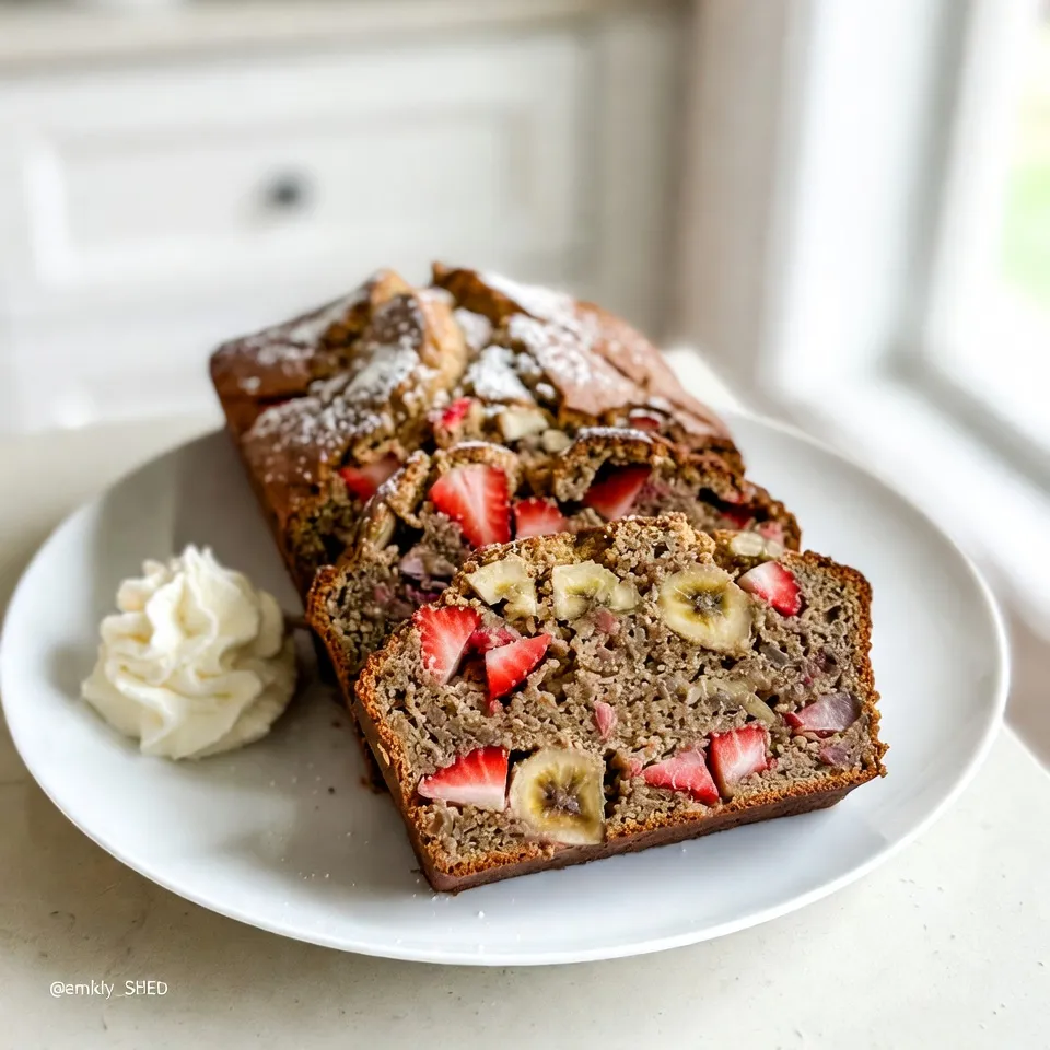 To make a tasty Strawberry Banana Bread, gather these simple ingredients: - 2 ripe bananas, mashed - 1 cup fresh strawberries, hulled and chopped - 1/3 cup melted coconut oil - 1/2 cup brown sugar - 1/4 cup granulated sugar - 2 large eggs - 1 teaspoon vanilla extract - 1 teaspoon baking soda - 1/2 teaspoon baking powder - 1/4 teaspoon salt - 1 1/2 cups all-purpose flour - 1/2 teaspoon cinnamon (optional for added flavor) You can add more flavor with these ingredients: - 1/2 teaspoon nutmeg for warmth - 1/2 cup chopped walnuts or pecans for crunch - A splash of almond extract for a nutty twist - Zest of 1 lemon for brightness If you need to swap ingredients, consider these options: - Use applesauce instead of coconut oil for a lower fat option. - Swap brown sugar with coconut sugar for a healthier choice. - Replace all-purpose flour with whole wheat flour for added fiber. - Use flax eggs instead of regular eggs for a vegan version. {{ingredient_image_1}} First, set your oven to 350°F (175°C). This heat makes the bread rise well. Next, take a 9x5-inch loaf pan and grease it. You can use coconut oil or butter to coat the pan. This step helps the bread come out easily. In a bowl, mash the two ripe bananas. You want them smooth but not too runny. Then, add in 1/3 cup of melted coconut oil. Mix these two ingredients well. After that, stir in 1/2 cup of brown sugar and 1/4 cup of granulated sugar. This sweet mix is key to a tasty bread. Then, crack in two large eggs and pour in 1 teaspoon of vanilla extract. Mix until these wet ingredients come together. In another bowl, mix the dry ingredients. Combine 1 teaspoon of baking soda, 1/2 teaspoon of baking powder, and 1/4 teaspoon of salt. If you want extra flavor, add 1/2 teaspoon of cinnamon. Then, add 1 1/2 cups of all-purpose flour to this mix. Stir until everything is well blended. Now, it’s time for the strawberries! Take 1 cup of fresh strawberries, hulled and chopped. Gently fold them into your wet and dry mix. Be careful! You want the berries to stay whole, not mushy. This will make your bread fruity and fun. Pour your batter into the greased loaf pan. Smooth the top with a spatula to make it even. Place the pan in the oven and bake for 60-65 minutes. To check if it’s done, insert a toothpick into the center. If it comes out clean, your bread is ready! Let it cool in the pan for about 10 minutes. Then, move it to a wire rack to cool completely. Enjoy the delightful smell as it cools! For soft and moist banana bread, use ripe bananas. They should have brown spots. This means they are sweet and soft. Mash them well to remove lumps. When mixing, don’t overmix the batter. Stir just until the flour disappears. This keeps your bread light and fluffy. One common mistake is using cold eggs. Always use eggs at room temperature. They mix better and help the bread rise. Another mistake is measuring flour incorrectly. Always fluff the flour first, then spoon it into your cup and level it off. This helps avoid dense bread. Lastly, check your oven temperature. An oven that is too hot can burn the bread. Serve your strawberry banana bread warm or at room temp. Slice it thick for a nice bite. Top it with whipped cream or vanilla ice cream for a treat. You can also add fresh strawberries on the side. Enjoy it with a cup of tea or coffee for a cozy snack. Pro Tips Use Overripe Bananas: The riper the bananas, the sweeter and more flavorful your bread will be. Look for bananas with lots of brown spots for the best results. Fresh Strawberries: Using fresh strawberries will enhance the flavor and texture of the bread. If strawberries are out of season, consider using frozen ones, but drain them well before adding. Don’t Overmix: To ensure a tender loaf, mix the batter until just combined. Overmixing can lead to a dense texture. Add Nuts or Seeds: For added crunch and nutrition, consider folding in walnuts, pecans, or chia seeds along with the strawberries. {{image_2}} You can make your strawberry banana bread nut-free easily. Just leave out any nuts from the recipe. This keeps the bread soft and safe for those with nut allergies. You can still enjoy the great taste of strawberries and bananas. Add a touch of cinnamon to boost the flavor. It gives a warm, cozy touch without any nuts. Feel free to get creative with your fruits! You can add blueberries, raspberries, or even chopped apples. Each fruit brings its own taste to the bread. If you want to add nuts, consider walnuts or pecans. Chop them into small pieces and fold them in with the strawberries. This adds a nice crunch to the soft bread. If you need a gluten-free option, use gluten-free flour instead of all-purpose flour. Most blends work well in this recipe. Just make sure to check the package for the right measure. You can also add a bit of xanthan gum to help with texture. Your bread will still be moist and tasty, even without gluten. Store your strawberry banana bread in an airtight container. This keeps it fresh and moist. You can also wrap it in plastic wrap. If you plan to eat it within a few days, leave it at room temperature. For longer storage, the fridge is a good option. Just remember, it may dry out a bit in the fridge. To freeze your bread, first let it cool completely. Then, slice it into pieces for easy access later. Wrap each slice in plastic wrap, then put all slices in a freezer bag. This helps keep the flavors locked in. Your bread will stay fresh for up to three months in the freezer. When you want a slice, just take it out and thaw. To reheat, you can use the microwave or the oven. For the microwave, heat on high for about 15-20 seconds per slice. If you like it warm and crispy, use the oven. Preheat it to 350°F (175°C) and bake for about 10 minutes. This way, you’ll enjoy that fresh-out-of-the-oven taste! Yes, you can use frozen strawberries. Just remember to thaw and drain them first. This helps to avoid excess moisture in your bread. If you add them without thawing, the bread may turn out soggy. Chopping them into small pieces helps distribute the flavor better. Check the bread with a toothpick. Insert it into the center of the loaf. If it comes out clean, your bread is done. If there is batter on the toothpick, bake it a bit longer. The top should also look golden and firm to the touch. This bread pairs well with many toppings. You can add a dollop of whipped cream for sweetness. A scoop of vanilla ice cream makes it a treat. For a healthier option, try spreading some Greek yogurt on top. Adding fresh strawberries or bananas as garnish also looks nice! In this article, we explored how to make delicious strawberry banana bread. You learned about essential and optional ingredients, along with substitutions. I shared step-by-step instructions to create the perfect loaf. Tips helped you avoid common mistakes and ensure a great texture. We also discussed variations, storage methods, and answered key questions. Now, you have all the tools to bake and enjoy this tasty treat. Happy baking!