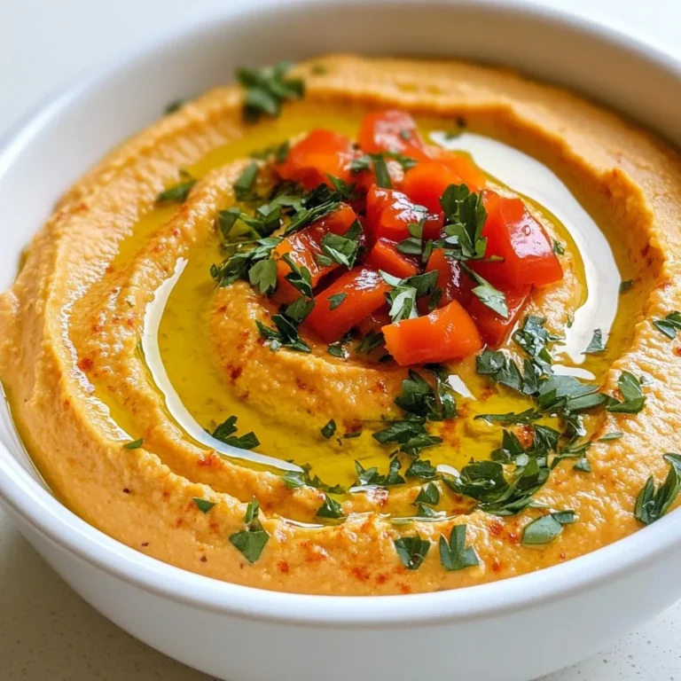 - 1 can (15 oz) chickpeas, drained and rinsed - 1 medium roasted red pepper, skin removed and roughly chopped - 2 tablespoons tahini - 2 tablespoons olive oil - 2 tablespoons lemon juice - 1 garlic clove, minced - 1/2 teaspoon ground cumin - Salt to taste - Fresh parsley, for garnish - Extra olive oil, for drizzling I love using canned chickpeas for convenience. Drain and rinse them well. This helps remove extra salt and keeps the hummus fresh. The roasted red pepper adds a sweet flavor. You can make your own by roasting peppers on a grill or in the oven until the skin is charred. This gives the hummus a deep, rich taste. Tahini, made from ground sesame seeds, adds creaminess. Use good quality olive oil for the best flavor. Fresh lemon juice brightens the dish, while garlic gives it a little kick. Ground cumin adds warmth and depth. Don’t forget to season with salt to make all the flavors pop. Finally, I like to sprinkle fresh parsley on top. It adds a nice touch and some color. A drizzle of extra olive oil makes it look fancy and tastes great. - Spices for extra flavor (e.g., smoked paprika, cayenne pepper) - Additional vegetables for blending (e.g., zucchini, spinach) - Nuts/seeds for creaminess (e.g., walnuts, pumpkin seeds) Feel free to get creative! Add spices like smoked paprika for a smoky taste or cayenne pepper for heat. You can blend in other veggies, like zucchini or spinach. This makes the hummus more colorful and adds nutrients. For added creaminess, toss in nuts or seeds. Walnuts or pumpkin seeds work well. They bring a nice texture and more flavor. {{ingredient_image_1}} - Start by draining and rinsing the chickpeas. This helps remove extra salt and makes them smoother. - Next, roast your red pepper. Place it under a broiler until the skin is charred. This adds a deep flavor. - In a food processor, combine the chickpeas, roasted red pepper, tahini, olive oil, lemon juice, minced garlic, and ground cumin. - Blend on high speed until the mixture is smooth. Scrape down the sides as needed to ensure everything mixes well. - If the hummus is too thick, add 1-2 tablespoons of water. Blend again to reach your desired consistency. - Transfer the hummus to a serving bowl. Use a spoon to create a small well in the center. - Drizzle some olive oil into the well. Garnish with chopped fresh parsley for a pop of color. To get the right thickness in your hummus, you might need to add water. If your hummus is too thick, add 1-2 tablespoons of water. Blend again until smooth. This simple step can help reach your desired consistency. For smoothness, blend the ingredients well. Use a food processor and scrape down the sides. Blend until there are no lumps. This will give your hummus that creamy texture we all love. You can make your hummus even tastier by adding spices and herbs. Try smoked paprika for a smoky twist or cayenne pepper for heat. Fresh herbs like basil or cilantro can add a bright note. Roasting your red pepper can also boost the flavor. Roast it until the skin is charred. This brings out sweetness and depth, making your hummus more delicious. How you serve your hummus can make a difference. Use unique bowls that stand out. A colorful bowl can catch the eye and make your dish pop. Garnishing is key. After you drizzle olive oil in the center, sprinkle fresh parsley on top. You can even add a dash of smoked paprika or some pine nuts for extra flair. These small touches make your hummus look as good as it tastes! Pro Tips Use Fresh Ingredients: For the best flavor, use fresh roasted red peppers and high-quality olive oil. Adjust Consistency: If the hummus is too thick, add water gradually until you achieve your desired creaminess. Flavor Enhancements: Experiment with additional spices like smoked paprika or chili powder for an extra kick. Storage Tips: Store leftover hummus in an airtight container in the fridge for up to a week. Drizzle with olive oil before serving. {{image_2}} You can spice up your hummus in fun ways. For a kick, try Spicy Roasted Red Pepper Hummus. Add some chopped jalapeños or a dash of cayenne pepper. Blend it all together for a fiery twist. If you prefer fresh flavors, make Herbed Roasted Red Pepper Hummus. Use fresh herbs like basil, cilantro, or dill. Add them right before you blend. This gives the hummus a fresh and vibrant taste. This hummus is great for all diets. You can keep it vegan by using plant-based ingredients. The main recipe is already vegan-friendly, so enjoy it guilt-free! If you need gluten-free options, serve this hummus with veggies or gluten-free crackers. It makes a tasty dip for everyone at the table. You can change up the legumes in your hummus. Try using black beans or white beans instead of chickpeas. Each legume gives a different flavor and texture. If you want to skip tahini, use sunflower seed butter. This swap keeps the creamy texture while adding a unique taste. Blend it in just like you would with tahini. To keep your roasted red pepper hummus fresh, store it in the fridge. Use an airtight container to lock in the flavors. A glass jar or a plastic food storage container works well. Make sure to press a piece of plastic wrap against the hummus before sealing. This helps keep air out and prevents drying. Homemade hummus lasts about five to seven days when stored in the fridge. For longer storage, you can freeze it. Place hummus in a freezer-safe container, leaving some space at the top for expansion. It can stay good for up to three months in the freezer. To thaw, move it to the fridge overnight. If it looks thick after thawing, stir in a bit of water. Check your hummus for signs of spoilage before using it. If you see mold or an off smell, toss it out. If the texture looks grainy or watery, it’s best to avoid eating it. When using leftovers, always check for freshness to ensure a safe and tasty experience. Homemade Roasted Red Pepper Hummus can last about 4 to 7 days in the fridge. To keep it fresh, store it in an airtight container. Make sure to press a piece of plastic wrap against the hummus before sealing the lid. This helps keep air out and maintain its creamy texture. Yes, you can use store-bought roasted red peppers. Look for brands that use simple ingredients. Some popular choices are Mezzetta and Delallo. They offer great flavor and save time in your cooking. You can serve Roasted Red Pepper Hummus with various dippers. Some great options include: - Carrot sticks - Celery sticks - Cucumber slices - Pita chips - Whole grain crackers - Bell pepper strips You can also spread it on sandwiches or wraps for extra flavor. Yes, you can make hummus without tahini. Use other ingredients to add creaminess. Some good alternatives are: - Sunflower seed butter - Greek yogurt - Cashew cream You can also add a bit more olive oil to keep it smooth. This blog post covers how to make roasted red pepper hummus from scratch. We discussed the main and optional ingredients, preparation steps, and blending tips. I also shared variations and storage advice. Homemade hummus is simple and fun. You can change flavors based on your taste. Enjoy your hummus with dippers like veggies or pita. Remember, experimenting makes cooking exciting!
